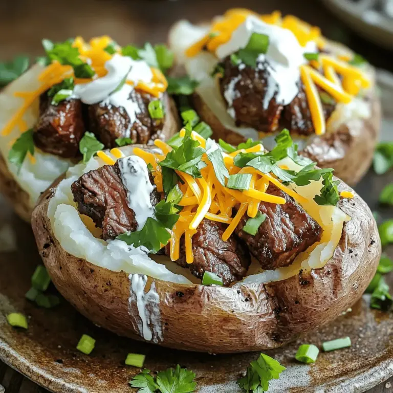 For a loaded baked potato with juicy steak bites, you need simple yet tasty ingredients. Start with 4 large russet potatoes. They have the right texture for baking. Next, grab 1 pound of flank steak. This cut is tender and works great for steak bites.