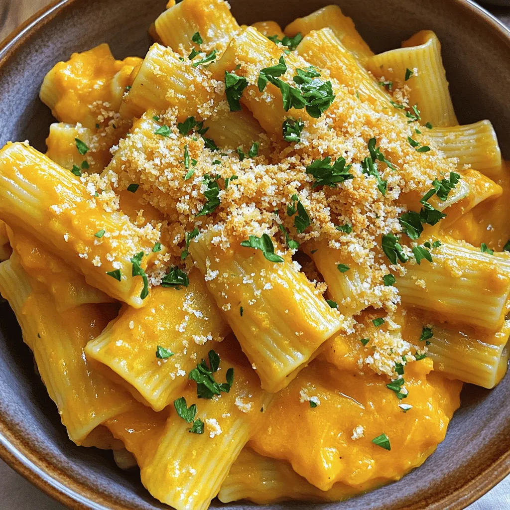 For my pumpkin and gruyere rigatoni, I use simple yet flavorful ingredients. The star of the dish is rigatoni pasta. Its tube shape holds the creamy sauce well. I choose 12 ounces for a hearty serving. Next, I add one cup of pumpkin puree. This gives the dish a smooth texture and a warm, sweet taste.