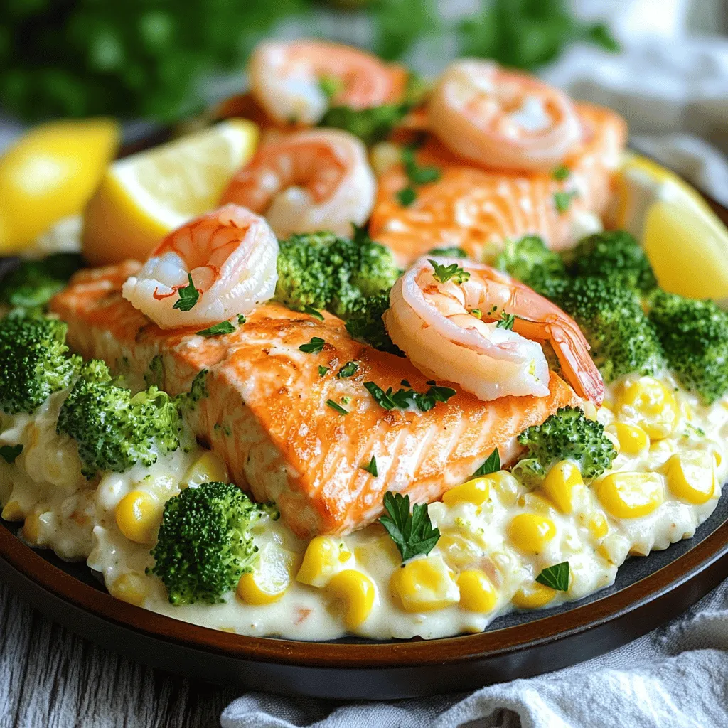 To make Salmon, Shrimp, Cheesy Broccoli with Corn, you need a few key ingredients. Start with two salmon fillets that weigh about six ounces each. Next, grab eight ounces of shrimp, peeled and deveined. For veggies, you’ll need two cups of fresh broccoli florets and one cup of sweet corn, which can be fresh or frozen. The cheese mix requires one cup of shredded cheddar cheese and half a cup of cream cheese that is softened. Don’t forget two cloves of garlic, a tablespoon of olive oil, and seasonings like smoked paprika, salt, and pepper. Lastly, you’ll need a tablespoon of lemon juice and some fresh parsley for garnish.