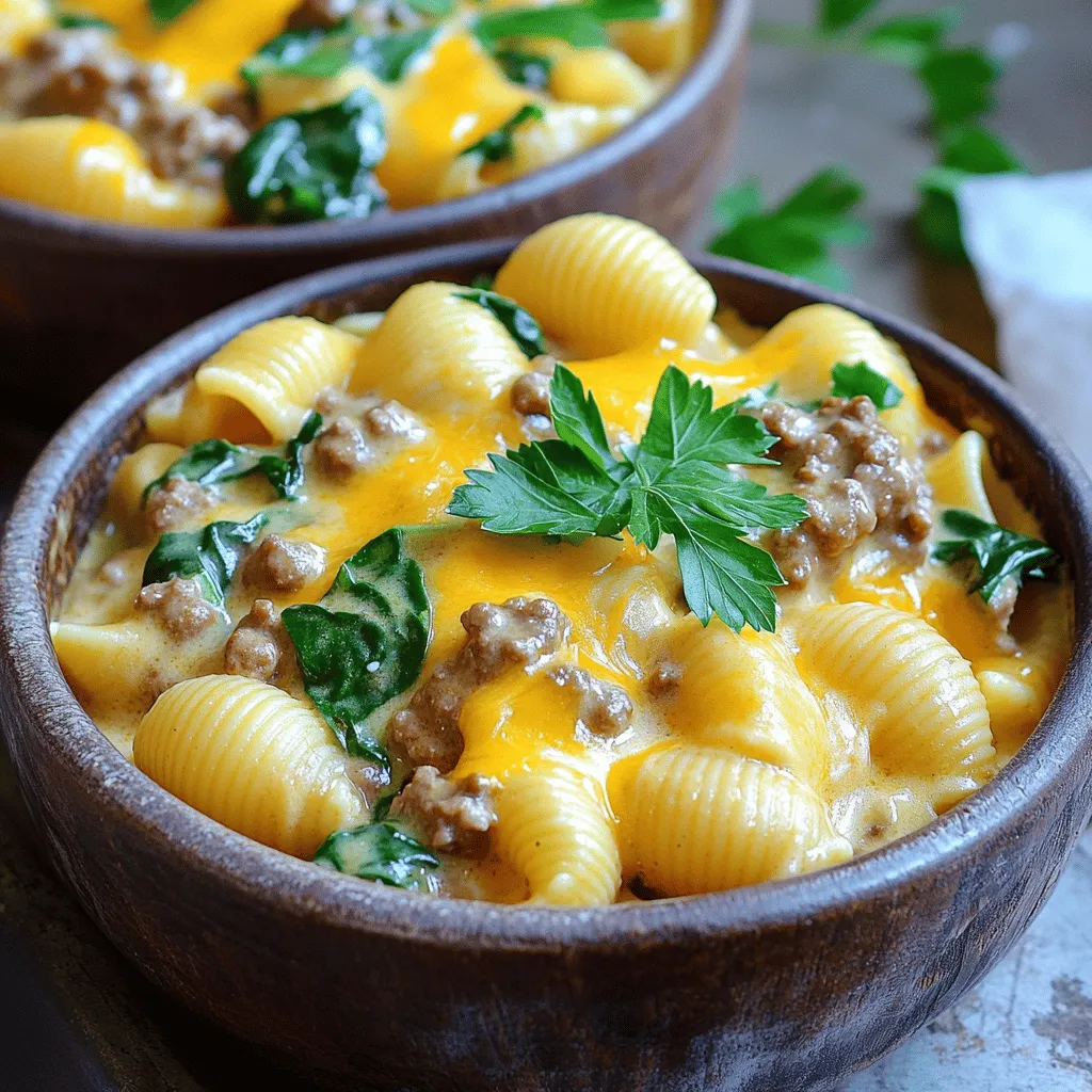 To make creamy beef and shells, you need some key ingredients. Start with 1 pound of ground beef. This meat adds a rich flavor and hearty texture. You will also need 8 ounces of medium shell pasta. This pasta holds the creamy sauce well. For the sauce, gather 1 cup of beef broth and 1 cup of heavy cream. These create a rich and silky base. Don’t forget 1 cup of shredded cheddar cheese for a cheesy touch. You’ll also need 1 cup of chopped spinach leaves for color and nutrition. Lastly, use 1 small diced onion and 3 minced cloves of garlic to build flavor.