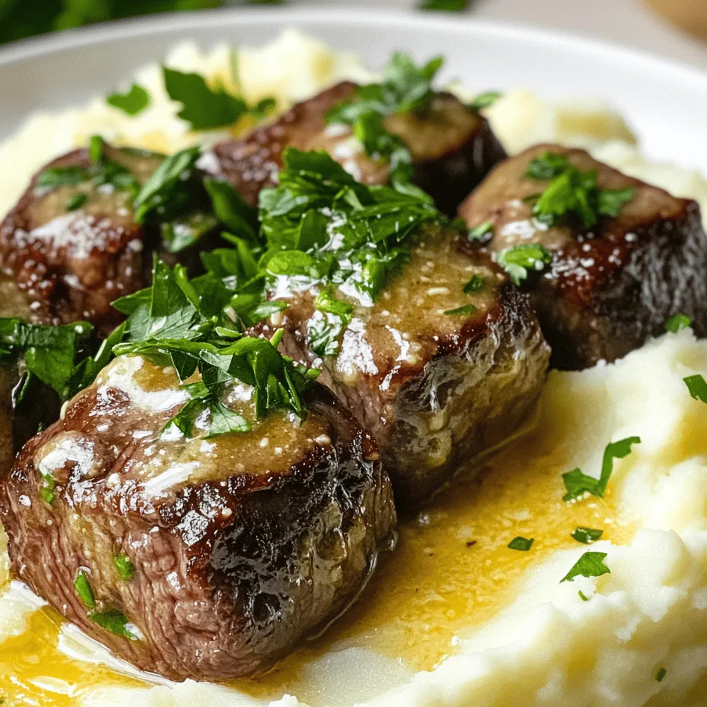 For the garlic butter steak bites, you will need: - 1 pound sirloin steak, cut into bite-sized cubes - 4 tablespoons unsalted butter - 4 cloves garlic, minced - 1 teaspoon fresh rosemary, chopped - 1 teaspoon fresh thyme, chopped - Salt and pepper to taste