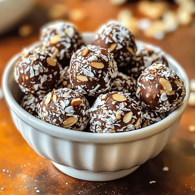 To make Almond Joy Energy Bites, gather these tasty ingredients: - 1 cup pitted dates - 1 cup unsweetened shredded coconut - 1/2 cup almond butter - 1/4 cup almond flakes - 1/2 cup rolled oats - 2 tablespoons cocoa powder - 1 tablespoon honey (or maple syrup for vegan option) - 1/4 teaspoon sea salt - 1 teaspoon vanilla extract These ingredients blend together to give a rich and sweet flavor. The dates provide natural sweetness, while the cocoa adds a chocolatey kick. Almond butter not only binds everything but also brings creaminess. Coconut adds texture, and oats give a nice chew. Each serving of these energy bites packs a punch. You get about: - Calories: 150 - Protein: 3 grams - Fat: 6 grams - Carbohydrates: 23 grams This makes them a great snack for energy without the sugar crash. You can enjoy them before a workout or as a sweet treat during the day. Want to change things up? Here are some fun options: - Vegan: Use maple syrup instead of honey. - Gluten-Free: Make sure to use certified gluten-free oats. - Nut-Free: Swap almond butter for sun butter or tahini. These swaps keep the bites tasty while meeting different dietary needs. Now everyone can enjoy this healthy snack! To start making Almond Joy Energy Bites, you need to prepare the dates. First, take 1 cup of pitted dates. Place them in a food processor. Pulse the dates until they turn into a sticky paste. This paste will bind your bites together. Next, add 1/2 cup of almond butter, 1 tablespoon of honey (or maple syrup for a vegan option), 1/4 teaspoon of sea salt, and 1 teaspoon of vanilla extract into the processor. Pulse again until everything mixes well. Now, in a large bowl, combine 1 cup of unsweetened shredded coconut, 1/2 cup of rolled oats, 1/4 cup of almond flakes, and 2 tablespoons of cocoa powder. Mix these dry ingredients well. Then, pour the date-almond butter mixture into the bowl. Use a spatula or your hands to mix everything evenly. Once everything is combined, it's time to form the energy bites. Take small portions of the mixture. Roll them into 1-inch balls with your hands. Make sure they are firm and round. If you like, you can roll some of these balls in extra shredded coconut or cocoa powder. This adds a nice touch and extra flavor. Place the rolled energy bites on a baking sheet or plate lined with parchment paper. This keeps them from sticking. After forming the bites, it's important to chill them. Refrigerate the energy bites for at least 30 minutes. This step helps them firm up and makes them easier to eat. If you want a colder snack, you can chill them longer! Enjoy your Almond Joy Energy Bites as a tasty, healthy snack anytime! For the full recipe, check the details above. To keep your Almond Joy Energy Bites fresh, store them in an airtight container. You can place them in the fridge for up to two weeks. For longer storage, you can freeze them. Just make sure to separate each bite with parchment paper. This way, they won’t stick together. When you want to enjoy them, let them thaw in the fridge for a few hours. There are many fun ways to serve these energy bites. You can place them in a small bowl for easy snacking. Try arranging them on a plate with fresh fruit for a colorful display. If you want to impress guests, serve them in a cute jar. You could even roll some bites in extra coconut or cocoa powder for added flair. They make a great treat for parties or a quick snack on the go. When making Almond Joy Energy Bites, avoid using dry or hard dates. They won't blend well and will affect the texture. Don’t skip the chilling step, as it helps firm up the bites. Be careful not to over-process the mixture; it should be sticky but not too smooth. Lastly, remember to measure your ingredients accurately. Too much cocoa powder could make them bitter. Following these tips will help you make the best energy bites. For the full recipe, check out the earlier section. {{image_2}} You can customize your Almond Joy Energy Bites by adding fun ingredients. Try mixing in a scoop of peanut butter for a nutty twist. For a fruity flavor, add dried cherries or raisins. You can also use a dash of cinnamon for warmth. To make it chocolatey, add chocolate chips or use dark cocoa powder. Each choice adds a new layer of taste. Explore different combinations to find your favorite! If you follow a specific diet, you can adapt this recipe. For a keto version, swap the dates for unsweetened applesauce and reduce the oats. For paleo, focus on whole foods, using raw honey instead of maple syrup. If you're nut-free, use sunflower seed butter instead of almond butter. These simple swaps let everyone enjoy these bites! You can also transform the energy bites into bars or snacks. Just press the mixture into a lined baking dish instead of rolling it into balls. Cut the set mixture into squares once it's firm. This method creates snack bars that are easy to grab on the go. You can even layer the mixture in jars for a fun snack presentation. Experiment with shapes to keep things interesting! To keep your Almond Joy Energy Bites fresh, store them in an airtight container. If you plan to eat them soon, keep them in the fridge. This helps maintain their texture and flavor. You can also freeze them for longer storage. Just place them in a freezer-safe bag or container. Make sure to remove as much air as possible to prevent freezer burn. At room temperature, these bites last about three days. If stored in the fridge, they can last up to two weeks. Freezing extends their life to about three months. Just remember, the longer they sit, the more they may lose flavor. So, enjoy them when they are fresh! If your energy bites lose some of their charm after storage, I have a simple fix. Just let them sit at room temperature for a few minutes. This brings back some moisture and softens them up. Alternatively, you can warm them slightly in the microwave for about 10 seconds. This gives them that fresh-baked taste again! For added flavor, consider rolling them in more coconut or cocoa before serving. To make Almond Joy Energy Bites, start with dates. Use one cup of pitted dates. Place them in a food processor. Pulse until they form a sticky paste. Next, add half a cup of almond butter. Also, include one tablespoon of honey or maple syrup, sea salt, and one teaspoon of vanilla extract. Pulse again until mixed well. In a large bowl, combine one cup of shredded coconut, one-fourth cup of almond flakes, half a cup of rolled oats, and two tablespoons of cocoa powder. Mix these dry ingredients well. Pour the date-almond butter mix into the bowl. Use a spatula or your hands to mix until everything is combined. Roll small portions into one-inch balls. Place them on a baking sheet lined with parchment paper. For fun, you can roll some in extra coconut or cocoa. Refrigerate for at least 30 minutes to firm them up. You can find the full recipe to guide you through this process. Yes, you can freeze Almond Joy Energy Bites! To do this, place them in an airtight container. Make sure they are separated by parchment paper to avoid sticking. They will last up to three months in the freezer. When you want to eat them, take them out and let them thaw for about 15 minutes. This will help them regain their soft texture. If you don't have almond butter, you can use other nut butters. Peanut butter works well and adds a fun flavor. Sunflower seed butter is a great nut-free option. You can also try cashew butter for a different taste. Just remember that each nut butter has its own flavor. This can change the taste of your bites a bit. In this article, I covered how to make Almond Joy Energy Bites. We talked about the right ingredients, nutrition facts, and fun ways to mix them up. I shared step-by-step instructions for making, storing, and serving them. Remember to avoid common mistakes for the best bites. The versatility of this recipe makes it fantastic for any diet or flavor preference. Try these bites today for a tasty and healthy snack option. Enjoy your healthy treat, and let your creativity shine!