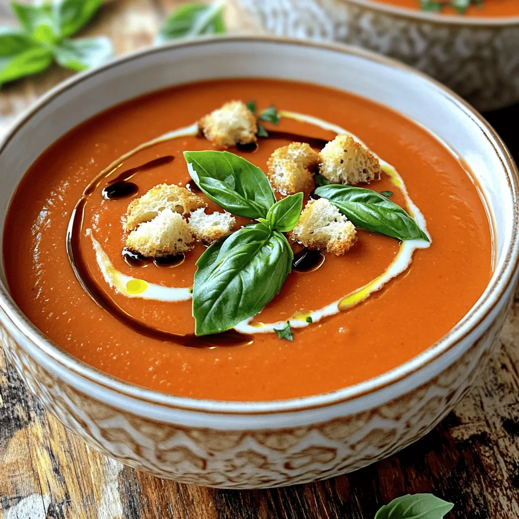 To make a great creamy tomato basil soup, you'll need a few key items: - 2 tablespoons olive oil - 1 medium onion, diced - 3 cloves garlic, minced - 2 cans (14 oz each) diced tomatoes in juice - 1 cup vegetable broth - 1 cup heavy cream or coconut cream for a dairy-free option These ingredients form the base of the soup. The olive oil helps cook the onion and garlic, adding depth to the flavor. Diced tomatoes bring sweetness and acidity, while the vegetable broth adds a rich foundation. Cream gives the soup its creamy texture. You can enhance your soup with these extras: - 1 teaspoon sugar (optional) - Croutons and fresh basil for garnishing Adding sugar balances the soup's bright acidity. Croutons provide a nice crunch, while fresh basil adds a lovely aroma and taste. These little touches make the soup even better. If you need to make some changes, here are a few ideas: - For a dairy-free option, use coconut cream instead of heavy cream. - You can choose different broth types, like chicken or beef broth, for a unique flavor. These swaps keep your soup tasty while meeting your dietary needs. Experimenting with different ingredients can lead to exciting new flavors. For the full recipe, check the section above. Start by sautéing the onion. In a large pot, heat 2 tablespoons of olive oil over medium heat. Add 1 medium diced onion. Cook for about 5-7 minutes until it turns soft and clear. This adds a lovely base flavor to the soup. Next, cook the garlic. After the onion is ready, stir in 3 minced garlic cloves. Cook for another minute. This step fills your kitchen with a delightful aroma. Now, it's time to add the tomatoes and broth. Pour in 2 cans of diced tomatoes, juice included, and 1 cup of vegetable broth. If you like, add 1 teaspoon of sugar to balance the acidity. Bring this mix to a simmer. Season and simmer next. Sprinkle in salt and pepper to your taste. Lower the heat and let the soup simmer for 15-20 minutes. This allows all those flavors to blend beautifully. For blending the soup, use an immersion blender. Blend until smooth. If you don’t have one, carefully transfer the soup to a countertop blender in batches. Return it to the pot when done. Incorporate cream and basil. Stir in 1 cup of heavy cream or coconut cream for a dairy-free option. Heat it gently until warm. Then, add 1 cup of chopped fresh basil and 1 tablespoon of balsamic vinegar. Mix it well. Adjust the seasoning if needed. Enjoy your creamy tomato basil soup! For the full recipe, check out the details above. Using fresh ingredients is key. Fresh basil gives a bright taste. Choose ripe tomatoes for depth. They add sweetness and acidity. You can also adjust seasoning to fit your taste. If it’s too sweet, add a pinch of salt. If it lacks flavor, a dash of balsamic vinegar helps. To achieve the perfect blend, use an immersion blender. It makes the soup creamy without lumps. If you want a lighter texture, skip the cream. Instead, use a splash of vegetable broth or blend in some cooked potatoes. This keeps the soup creamy but lighter. Serve this soup with crusty bread or a fresh salad. Grilled cheese pairs nicely too. For a fun twist, top with croutons and fresh basil. This adds a nice crunch and flavor. Try adding a dollop of pesto for extra taste. For the full recipe, check out Creamy Tomato Basil Delight . {{image_2}} You can make creamy tomato basil soup even more fun by adding extra ingredients. Adding vegetables like carrots or celery can boost flavor and nutrition. Simply chop them up and add them when you sauté the onion. They will soften and mix well with the other ingredients. You can also add proteins to make the soup heartier. Chickpeas are a great option for a plant-based choice. If you prefer meat, diced chicken works well too. Just cook your protein before adding it to the soup, so it gets warm and flavorful. To change the flavor of your soup, try adding Italian spices. Oregano and thyme can give a nice twist. Just sprinkle a teaspoon or two into the pot before blending. If you like a bit of heat, add red pepper flakes. Start with a pinch and taste as you go. This can add a fun kick that makes each spoonful exciting. Making a vegan version of creamy tomato basil soup is easy. Simply swap out the heavy cream for coconut cream. This keeps it rich and creamy, without the dairy. For gluten-free needs, check your vegetable broth. Some broths may contain gluten. Use a certified gluten-free broth to keep your soup safe. Adjust these swaps to your taste and enjoy your own unique version of creamy tomato basil soup. For the full recipe, check the details above! To keep your creamy tomato basil soup fresh, store it in an airtight container. Make sure it cools down to room temperature before sealing. Place the container in the fridge, where it can stay good for about 3 to 4 days. If you want to save some for later, freezing is a great option. Pour the soup into freezer-safe containers or heavy-duty bags. Leave some space at the top, as the soup will expand when frozen. It can last up to 3 months in the freezer. Just remember to label the container with the date. When you are ready to enjoy the soup again, there are a few good ways to reheat it. The best method is to heat it gently on the stove over low heat. This helps keep the flavors bright. Stir it often to prevent sticking. You can also use a microwave. Pour the soup into a microwave-safe bowl and cover it loosely. Heat it in short bursts, stirring in between. This way, you keep it from overheating. In the fridge, your creamy tomato basil soup will last for about 3 to 4 days. If you notice any change in color or smell, it's best to throw it out. Signs of spoilage include mold or a sour smell. Always trust your senses. If it seems off, don't risk it. For a safe and easy way to enjoy this creamy tomato basil delight, check out the Full Recipe. Can I use fresh tomatoes instead of canned? Yes, you can use fresh tomatoes. Just peel and chop them first. Use about 3-4 cups of fresh tomatoes to replace the canned ones. Fresh tomatoes add a nice, bright taste to your soup. How do I thicken my tomato soup? You can thicken your soup by blending it longer. Another option is to add more cream. You can also add a cornstarch slurry made with equal parts water and cornstarch. Mix it in and let it cook for a few minutes. Is creamy tomato basil soup healthy? Yes, creamy tomato basil soup can be healthy. It includes tomatoes, which are rich in vitamins. The heavy cream adds fat, but you can use coconut cream for a lighter option. Balance it with fresh basil for added nutrients. What are the calories in a serving? A serving of creamy tomato basil soup has about 300 calories. This varies based on the cream you choose and added ingredients. If you use coconut cream, it may have fewer calories. What to serve with creamy tomato basil soup? This soup pairs well with crusty bread or a fresh salad. Try serving it with a grilled cheese sandwich for a classic combo. You can also add croutons on top for extra crunch. Can I make this soup in advance? Yes, you can make this soup ahead of time. It keeps well in the fridge for 3-4 days. Just reheat it gently on the stove. The flavors often taste even better the next day. For a longer shelf life, freeze it for up to 3 months. You can find the Full Recipe for creamy tomato basil soup to get started on this delightful dish. In this blog post, we explored how to create the perfect creamy tomato basil soup. You learned about essential and optional ingredients, plus some easy substitutions. I shared step-by-step instructions from preparation to blending. Tips on flavor enhancement and serving ideas can help you enjoy this dish even more. Remember, you can customize it to your taste and dietary needs. With proper storage, leftovers can remain delicious. Enjoy making your soup and share it with others!