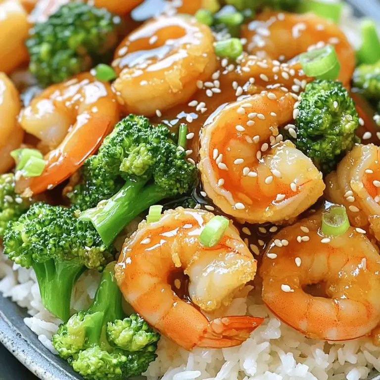 - Shrimp: 1 lb large shrimp, peeled and deveined - Broccoli: 2 cups broccoli florets - Sauce Components: 4 cloves garlic, minced; 1/4 cup honey; 2 tablespoons soy sauce (low sodium) - Cooking Oils: 1 tablespoon sesame oil; 2 tablespoons vegetable oil - 1 tablespoon rice vinegar - 1 teaspoon ginger, grated - 2 tablespoons cornstarch - Salt and pepper to taste - Sesame seeds for garnish - Sliced green onions for garnish When I make honey garlic shrimp and broccoli, I love the bright colors and flavors. The shrimp adds protein while the broccoli brings crunch and nutrients. The sweet and savory sauce ties everything together. You can find the full recipe for this quick delight above. Each ingredient plays a role in creating a tasty dish that is both satisfying and easy to prepare. Don't forget to garnish with sesame seeds and green onions for a beautiful finish! Start by making the sauce. In a small bowl, whisk together: - 1/4 cup honey - 2 tablespoons soy sauce - 1 tablespoon rice vinegar - 1 teaspoon ginger, grated - 4 cloves garlic, minced Whisk until smooth. This sauce brings a sweet and savory flavor to the dish. Next, prepare the shrimp. In a separate bowl, toss 1 lb of large shrimp with: - 2 tablespoons cornstarch - Salt and pepper to taste Mix until the shrimp are fully coated. This coating gives the shrimp a crispy texture. Now it’s time to cook. First, blanch the broccoli. Bring a pot of water to a boil, then add 2 cups of broccoli florets. Cook for 2 minutes, then drain. Transfer the broccoli to an ice bath. This keeps the broccoli bright and crisp. For the shrimp, heat 2 tablespoons of vegetable oil in a large skillet over medium-high heat. Once hot, add the shrimp in a single layer. Cook for 2-3 minutes on each side until they turn pink and opaque. Remove the shrimp from the skillet and set aside. In the same skillet, add a bit more oil if needed. Stir-fry the blanched broccoli for about 2 minutes. Return the shrimp to the skillet, then pour the honey garlic sauce over everything. Stir gently to combine. Cook for another 2-3 minutes until everything is heated through and the sauce thickens slightly. For the full recipe, check the detailed instructions above. You can easily adjust the sauce for your taste. If you want it sweeter, add more honey. If you prefer it saltier, increase the soy sauce. You can also mix in new flavors like lime juice for a fresh twist. To make the shrimp crispy, coat them well with cornstarch. This helps to create a nice crunch. Cook the shrimp for 2-3 minutes on each side until they are pink. For broccoli, blanch it for 2 minutes to keep it bright and crisp. Stir-fry it for 2 minutes after blanching to maintain its crunch. Serve your honey garlic shrimp and broccoli over fluffy rice or quinoa. This adds a nice base to soak up the sauce. Don’t forget to drizzle extra sauce over the top for more flavor. Garnish with sesame seeds and sliced green onions for a lovely finish. For the full recipe, check out the Honey Garlic Shrimp & Broccoli Delight. {{image_2}} If you don't have shrimp, try using tofu, chicken, or beef. Tofu gives a nice texture and absorbs flavors well. Chicken cooks quickly and is a great protein source. Beef adds a hearty bite that pairs well with the sauce. For vegetables, swap out the broccoli for snap peas, bell peppers, or asparagus. Snap peas bring a sweet crunch. Bell peppers add color and sweetness, while asparagus offers a distinct flavor. Feel free to mix and match! Want a kick? Add red pepper flakes or chili paste for heat. Just a pinch can elevate the dish. If you prefer a milder taste, skip the heat. You can also use different sweeteners. Maple syrup or agave nectar works well in place of honey. Each will give a unique sweetness to the sauce. Experiment to find your favorite! Try oven-baking or grilling the shrimp and broccoli for a new texture. Baking gives a nice, even cook. Grilling adds a smoky flavor that enhances the dish. Each method creates a delicious twist on the classic recipe. To keep your honey garlic shrimp and broccoli fresh, store leftovers in an airtight container. This helps prevent moisture loss and keeps the shrimp tender. Place the container in the fridge. Consume within three days for the best taste. Reheat your dish gently to keep the shrimp from getting tough. I suggest using a skillet over medium heat. Add a splash of water or broth to help steam the shrimp and broccoli. Heat for about five minutes, stirring often. This method keeps the flavors intact and ensures a nice texture. If you want to save some for later, you can freeze the shrimp and broccoli. First, let it cool completely. Then, place it in a freezer-safe container or bag. Remove as much air as possible to prevent freezer burn. You can freeze it for up to three months. When ready to eat, thaw it in the fridge overnight before reheating. Enjoy your meal anytime! For the full recipe, check out the Honey Garlic Shrimp & Broccoli Delight! You can pair Honey Garlic Shrimp and Broccoli with several tasty sides. Here are some great options: - Steamed jasmine rice - Quinoa for a nutty flavor - Noodles, like rice or egg noodles - A fresh salad with light dressing - Roasted sweet potatoes for a sweet touch These sides balance the dish and add texture to your meal. Yes, you can prepare this dish ahead of time. Here are some tips: - Make the honey garlic sauce and store it in the fridge. - Cook the shrimp and broccoli just before serving for the best taste. - You can blanch the broccoli and keep it in the fridge for a day. This way, you save time and still enjoy great flavors. Absolutely! This recipe works well for meal prep. Here’s how: - Portion out the shrimp and broccoli into meal containers. - Store the sauce separately to keep everything fresh. - Reheat the shrimp and broccoli in a skillet. - Add the sauce while reheating for best flavor. This method helps you enjoy tasty meals throughout the week. You can easily adjust the spice level to fit your taste. Here are some ideas: - Add red pepper flakes to the sauce for heat. - Mix in chopped fresh chili peppers for a fresh kick. - Use sriracha or chili paste mixed into the sauce. Start with a little and add more until it’s just right. This blog post covered how to make a tasty honey garlic shrimp and broccoli dish. We explored the key ingredients, step-by-step instructions, and tips for perfecting flavors and texture. You learned about variations using different proteins and veggies, plus how to store leftovers. Cooking can be fun and simple. With these methods and ideas, you can enjoy this dish in many ways. Experiment, adjust, and make it your own!