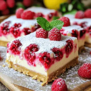 To make these yummy Raspberry Lemon Cheesecake Bars, you will need: - 1 ½ cups graham cracker crumbs - ½ cup unsalted butter, melted - ¼ cup sugar - 2 (8 oz) packages cream cheese, softened - 1 cup granulated sugar - 2 large eggs - 1 teaspoon pure vanilla extract - Zest of 1 lemon - ⅓ cup fresh lemon juice - 1 ½ cups fresh raspberries (plus extra for garnish) - Powdered sugar for dusting (optional)