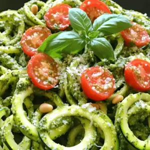 To make zucchini noodles with pesto, gather these fresh ingredients: - 4 medium zucchinis, spiralized - 1 cup fresh basil leaves - 1/2 cup pine nuts (toasted for extra flavor) - 1/2 cup Parmesan cheese, grated - 2 cloves garlic, minced - 1/3 cup extra-virgin olive oil - Juice of 1 lemon - Salt and pepper to taste - Cherry tomatoes, halved (for garnish) - Optional: Red pepper flakes for a spicy kick These ingredients come together to create a bright and tasty dish. The zucchini serves as a low-carb base, while the pesto adds a fresh, herbaceous flavor. Each ingredient plays a vital role in balancing taste and texture, making this dish both healthy and satisfying. For the full recipe, check out the details above. Spiralizing the zucchinis: To start, you need to spiralize the zucchinis. Use a spiralizer or a julienne peeler. This makes long, thin noodles known as zoodles. Make sure to choose firm zucchinis for the best results. Salting the zoodles to remove moisture: After spiralizing, place the zoodles in a colander. Sprinkle them with salt and let them sit for about 15 minutes. This step is key to remove extra moisture. If you skip this, your dish might turn watery! Combining basil, pine nuts, cheese, and garlic: Next, it’s time to make the pesto. In a food processor, combine the fresh basil leaves, toasted pine nuts, grated Parmesan cheese, and minced garlic. Pulse the mixture until it is finely chopped. Emulsifying with olive oil: While the processor runs, slowly drizzle in the olive oil. This will help blend everything into a smooth sauce. Taste your pesto and add salt and pepper as needed. You can also squeeze in a bit of lemon juice for brightness. Sautéing the zucchini noodles: Now, heat a bit of olive oil in a large skillet over medium heat. Add the zoodles and sauté them for about 2-3 minutes. You want them tender but still a bit firm. Avoid overcooking them! Mixing pesto with zoodles: Remove the skillet from heat. Pour the fresh pesto over the sautéed zoodles. Toss everything gently to coat the noodles evenly. Your dish is now ready for serving! Don't forget to check the [Full Recipe] for more details. To get the best zucchini noodles, you must avoid excess water. After spiralizing, place the zoodles in a colander. Sprinkle them with salt and let them sit for about 15 minutes. This process draws out moisture and keeps your dish from being watery. When you cook zoodles, timing is key. Heat a bit of olive oil in a skillet over medium heat. Sauté the zoodles for just 2-3 minutes. You want them tender yet crisp. Overcooking can make them mushy. The olive oil you choose can change the flavor of your pesto. Look for high-quality extra-virgin olive oil. This type has a rich taste that enhances your dish. You can also add extra ingredients to boost the flavor. Consider mixing in some lemon zest for brightness. A handful of spinach can add depth and more nutrients. Presentation is important for your zucchini noodles. Serve them in a large bowl, drizzled with olive oil. Garnish with whole basil leaves and extra pine nuts on top. This adds a fresh and colorful touch. Pairing your zoodles with protein can make the meal more filling. Grilled chicken or shrimp works well. You can also try chickpeas for a vegetarian option. {{image_2}} You can change the nuts or cheese in the pesto. For a twist, try walnuts or almonds instead of pine nuts. You can also use nutritional yeast instead of cheese for a nutty flavor. This works well if you want a vegan option. Seasonal ingredients can also add a nice touch. In summer, use fresh arugula or spinach in place of basil. In fall, try adding some pumpkin seeds. They give a rich flavor and a fun texture. To make this dish vegan or dairy-free, swap the Parmesan cheese for a nut-based cheese or nutritional yeast. This keeps the flavor while making it suitable for different diets. If you want a gluten-free option, you’re in luck! Zucchini noodles are naturally gluten-free. Just make sure any added ingredients, like store-bought pesto, are also gluten-free. Adding spices or herbs can change the flavor of your dish. For a kick, add crushed red pepper flakes or a pinch of smoked paprika. Fresh herbs like oregano or thyme can add a nice depth. Incorporating other vegetables can make the dish even more colorful. Try adding bell peppers, cherry tomatoes, or spinach. These not only boost flavor but also add nutrition and make the dish look vibrant. For the full recipe, visit the earlier section. Zucchini noodles and pesto can keep well if stored right. To store leftovers, follow these steps: - Refrigeration: Place zoodles in an airtight container. They can last up to three days. Keep pesto in another container. It stays fresh for about a week. - Freezing: You can freeze zoodles for longer storage. Place them in a freezer bag, remove air, and seal. They will keep for about two months. Pesto also freezes well. Use ice cube trays to freeze small amounts. Then transfer the cubes to a bag for easy use later. Reheating zucchini noodles can be tricky. You want to keep them firm and tasty. Here are the best methods: - Stovetop: Heat a skillet over medium-low heat. Add a splash of olive oil and the zoodles. Stir gently for a few minutes until warmed. - Microwave: Place zoodles in a microwave-safe bowl. Cover with a damp paper towel. Heat in short bursts, about 30 seconds at a time. Check for warmth. To refresh the dish before serving, add a bit more pesto or a squeeze of lemon juice. This adds flavor and moisture back into the zoodles. Enjoy your leftovers as if they were fresh! Zucchini noodles keep well in the fridge for about 2-3 days. Store them in an airtight container. Make sure they are dry before sealing. Moisture can lead to sogginess. Yes, you can use store-bought pesto. It saves time and still tastes great. Just look for a brand with fresh ingredients. This makes your meal quick and easy. You can serve zucchini noodles with grilled chicken or shrimp for protein. A side salad or garlic bread also pairs well. For a vegetarian option, try roasted vegetables or chickpeas. Yes, this dish is great for meal prep. You can make the pesto and zucchini noodles ahead of time. Just store them separately to keep the noodles fresh. Combine them when you are ready to eat. Yes, you can! A julienne peeler or a regular vegetable peeler works well. You can slice zucchini into thin strips. This gives you a similar noodle effect without extra tools. Zucchini noodles are low in calories and high in vitamins. They are a good source of vitamins A and C. They also provide fiber, which is great for digestion. Plus, they are gluten-free and perfect for a healthy diet. The blog post covered the essential steps to make delicious zucchini noodles and pesto. We explored the right ingredients, from fresh basil to pine nuts, and we detailed how to prepare, cook, and combine each component. With helpful tips and variations, you can easily customize this dish. In the end, zucchini noodles can offer a healthy, fun meal. Keep experimenting, and enjoy the vibrant flavors!