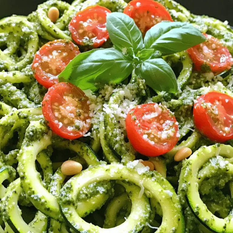 To make zucchini noodles with pesto, gather these fresh ingredients: - 4 medium zucchinis, spiralized - 1 cup fresh basil leaves - 1/2 cup pine nuts (toasted for extra flavor) - 1/2 cup Parmesan cheese, grated - 2 cloves garlic, minced - 1/3 cup extra-virgin olive oil - Juice of 1 lemon - Salt and pepper to taste - Cherry tomatoes, halved (for garnish) - Optional: Red pepper flakes for a spicy kick These ingredients come together to create a bright and tasty dish. The zucchini serves as a low-carb base, while the pesto adds a fresh, herbaceous flavor. Each ingredient plays a vital role in balancing taste and texture, making this dish both healthy and satisfying. For the full recipe, check out the details above. Spiralizing the zucchinis: To start, you need to spiralize the zucchinis. Use a spiralizer or a julienne peeler. This makes long, thin noodles known as zoodles. Make sure to choose firm zucchinis for the best results. Salting the zoodles to remove moisture: After spiralizing, place the zoodles in a colander. Sprinkle them with salt and let them sit for about 15 minutes. This step is key to remove extra moisture. If you skip this, your dish might turn watery! Combining basil, pine nuts, cheese, and garlic: Next, it’s time to make the pesto. In a food processor, combine the fresh basil leaves, toasted pine nuts, grated Parmesan cheese, and minced garlic. Pulse the mixture until it is finely chopped. Emulsifying with olive oil: While the processor runs, slowly drizzle in the olive oil. This will help blend everything into a smooth sauce. Taste your pesto and add salt and pepper as needed. You can also squeeze in a bit of lemon juice for brightness. Sautéing the zucchini noodles: Now, heat a bit of olive oil in a large skillet over medium heat. Add the zoodles and sauté them for about 2-3 minutes. You want them tender but still a bit firm. Avoid overcooking them! Mixing pesto with zoodles: Remove the skillet from heat. Pour the fresh pesto over the sautéed zoodles. Toss everything gently to coat the noodles evenly. Your dish is now ready for serving! Don't forget to check the [Full Recipe] for more details. To get the best zucchini noodles, you must avoid excess water. After spiralizing, place the zoodles in a colander. Sprinkle them with salt and let them sit for about 15 minutes. This process draws out moisture and keeps your dish from being watery. When you cook zoodles, timing is key. Heat a bit of olive oil in a skillet over medium heat. Sauté the zoodles for just 2-3 minutes. You want them tender yet crisp. Overcooking can make them mushy. The olive oil you choose can change the flavor of your pesto. Look for high-quality extra-virgin olive oil. This type has a rich taste that enhances your dish. You can also add extra ingredients to boost the flavor. Consider mixing in some lemon zest for brightness. A handful of spinach can add depth and more nutrients. Presentation is important for your zucchini noodles. Serve them in a large bowl, drizzled with olive oil. Garnish with whole basil leaves and extra pine nuts on top. This adds a fresh and colorful touch. Pairing your zoodles with protein can make the meal more filling. Grilled chicken or shrimp works well. You can also try chickpeas for a vegetarian option. {{image_2}} You can change the nuts or cheese in the pesto. For a twist, try walnuts or almonds instead of pine nuts. You can also use nutritional yeast instead of cheese for a nutty flavor. This works well if you want a vegan option. Seasonal ingredients can also add a nice touch. In summer, use fresh arugula or spinach in place of basil. In fall, try adding some pumpkin seeds. They give a rich flavor and a fun texture. To make this dish vegan or dairy-free, swap the Parmesan cheese for a nut-based cheese or nutritional yeast. This keeps the flavor while making it suitable for different diets. If you want a gluten-free option, you’re in luck! Zucchini noodles are naturally gluten-free. Just make sure any added ingredients, like store-bought pesto, are also gluten-free. Adding spices or herbs can change the flavor of your dish. For a kick, add crushed red pepper flakes or a pinch of smoked paprika. Fresh herbs like oregano or thyme can add a nice depth. Incorporating other vegetables can make the dish even more colorful. Try adding bell peppers, cherry tomatoes, or spinach. These not only boost flavor but also add nutrition and make the dish look vibrant. For the full recipe, visit the earlier section. Zucchini noodles and pesto can keep well if stored right. To store leftovers, follow these steps: - Refrigeration: Place zoodles in an airtight container. They can last up to three days. Keep pesto in another container. It stays fresh for about a week. - Freezing: You can freeze zoodles for longer storage. Place them in a freezer bag, remove air, and seal. They will keep for about two months. Pesto also freezes well. Use ice cube trays to freeze small amounts. Then transfer the cubes to a bag for easy use later. Reheating zucchini noodles can be tricky. You want to keep them firm and tasty. Here are the best methods: - Stovetop: Heat a skillet over medium-low heat. Add a splash of olive oil and the zoodles. Stir gently for a few minutes until warmed. - Microwave: Place zoodles in a microwave-safe bowl. Cover with a damp paper towel. Heat in short bursts, about 30 seconds at a time. Check for warmth. To refresh the dish before serving, add a bit more pesto or a squeeze of lemon juice. This adds flavor and moisture back into the zoodles. Enjoy your leftovers as if they were fresh! Zucchini noodles keep well in the fridge for about 2-3 days. Store them in an airtight container. Make sure they are dry before sealing. Moisture can lead to sogginess. Yes, you can use store-bought pesto. It saves time and still tastes great. Just look for a brand with fresh ingredients. This makes your meal quick and easy. You can serve zucchini noodles with grilled chicken or shrimp for protein. A side salad or garlic bread also pairs well. For a vegetarian option, try roasted vegetables or chickpeas. Yes, this dish is great for meal prep. You can make the pesto and zucchini noodles ahead of time. Just store them separately to keep the noodles fresh. Combine them when you are ready to eat. Yes, you can! A julienne peeler or a regular vegetable peeler works well. You can slice zucchini into thin strips. This gives you a similar noodle effect without extra tools. Zucchini noodles are low in calories and high in vitamins. They are a good source of vitamins A and C. They also provide fiber, which is great for digestion. Plus, they are gluten-free and perfect for a healthy diet. The blog post covered the essential steps to make delicious zucchini noodles and pesto. We explored the right ingredients, from fresh basil to pine nuts, and we detailed how to prepare, cook, and combine each component. With helpful tips and variations, you can easily customize this dish. In the end, zucchini noodles can offer a healthy, fun meal. Keep experimenting, and enjoy the vibrant flavors!