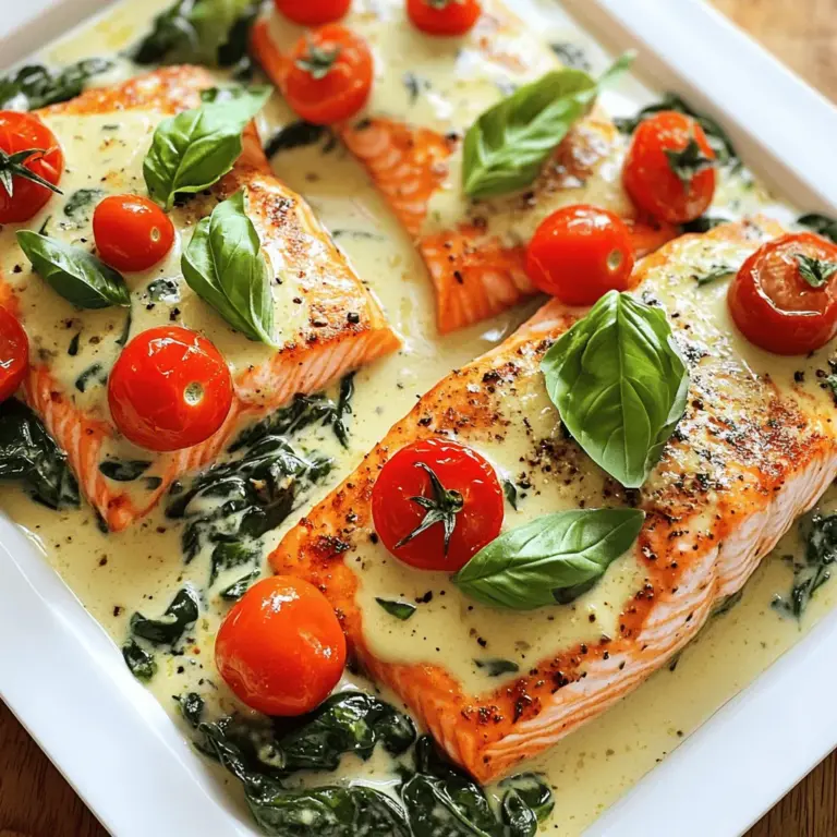 - 4 salmon fillets (about 6 oz each) - 1 tablespoon olive oil - Salt and pepper to taste - 3 cloves garlic, minced - 1 cup cherry tomatoes, halved - 1 cup spinach leaves - 1 cup heavy cream - 1 teaspoon Italian seasoning - Juice of 1 lemon - 1/2 cup grated Parmesan cheese - Fresh basil leaves for garnish