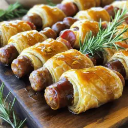 - 12 small sausage links (pork or turkey) - 1 sheet of puff pastry (thawed) - 6 strips of bacon (cut in half)