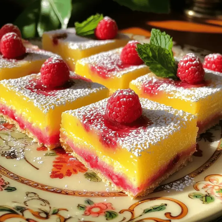 When making raspberry lemonade bars, you need simple, fresh ingredients for the best taste. Here’s what you will need: - 1 cup all-purpose flour - 1/2 cup powdered sugar - 1/4 cup granulated sugar - 1/4 cup unsalted butter, softened - 1 teaspoon vanilla extract - 2 large eggs - 1 cup fresh raspberries (or frozen, thawed) - 1/2 cup freshly squeezed lemon juice (about 3-4 lemons) - Zest of 1 lemon - 1 tablespoon cornstarch - 1/2 teaspoon baking powder - Pinch of salt These ingredients create a great blend of flavors. The tartness from the lemons pairs well with the sweetness of the raspberries. The crust gives a nice texture, while the filling is soft and fruity. This balance makes each bite a fresh delight. For the full recipe, follow the steps carefully to ensure success. - Preheat the oven to 350°F (175°C). - Line an 8x8-inch baking dish with parchment paper. Start by getting your oven nice and warm. This step is key for even baking. The parchment paper will help you lift the bars out later, making it easier to slice. - Combine crust ingredients and mix until crumbly. - Press into the bottom of the baking dish and bake for 15 minutes. In a bowl, mix the flour, powdered sugar, granulated sugar, softened butter, and vanilla extract. Use your hands or a fork to mix until the mixture looks crumbly. Press this mixture into the bottom of your baking dish. Bake it for 15 minutes until it turns a light golden brown. - Whisk together the filling ingredients and gently fold in raspberries. - Pour over crust and bake for an additional 20-25 minutes. Now, grab a separate bowl. Whisk the eggs, lemon juice, lemon zest, and cornstarch together. Be sure to combine them well. Gently fold in the raspberries to keep them whole. Then, pour this sweet mixture over the baked crust. Bake for another 20 to 25 minutes until the filling is set and the edges turn slightly golden. - Let cool for 30 minutes at room temperature. - Chill for at least 1 hour before slicing and dusting with powdered sugar. Once you pull the dish from the oven, let it cool for about 30 minutes. This cooling time helps set the filling. After that, put it in the fridge for at least one hour. When it’s chilled, lift it out using the parchment paper and slice it into squares. For a lovely touch, dust with powdered sugar before serving. You can find the full recipe details at the link! - Ensure butter is softened for easy mixing. Soft butter blends well, making a smooth crust. - Use fresh ingredients for enhanced flavor. Fresh lemons and ripe raspberries boost taste. - Garnish with fresh mint leaves or additional raspberries. This adds color and freshness. - Serve chilled or at room temperature for best taste. Each option offers a different experience. - Avoid overmixing the filling to keep raspberries intact. Gently fold them in for big bursts of flavor. - Don’t skip chilling time for better texture. Chilling helps the bars set perfectly. These tips will help you make the best Raspberry Lemonade Bars. For the complete guide to making these bars, check the Full Recipe! {{image_2}} You can switch things up with different fruits. For a fun twist, try using blueberries or blackberries instead of raspberries. Each berry brings its own flavor. You can also experiment with lime juice or lime zest. This adds a fresh zing to the bars. If you need a gluten-free option, use gluten-free flour. It works well in this recipe. For those who prefer plant-based foods, substitute vegan butter and eggs. This keeps the bars tasty while fitting your diet. A graham cracker crust can change the texture and flavor a lot. It adds a nice crunch that pairs well with the filling. You can also use almond flour for a nuttier base. This gives the bars a unique taste that many will enjoy. For the full recipe, check out the details above. Store your Raspberry Lemonade Bars in an airtight container. They will stay fresh in the refrigerator for up to 5 days. If you want to keep them longer, feel free to freeze them. They can last for up to 2 months in the freezer. If you freeze the bars, allow them to thaw in the fridge before serving. This helps maintain their flavor and texture. You can serve them chilled directly from the fridge or let them sit at room temperature for a short time. To keep your bars fresh, store them away from direct sunlight and moisture. This simple step helps preserve their taste and texture. Enjoy these tasty treats with confidence! To make Raspberry Lemonade Bars, follow the provided step-by-step instructions in the Full Recipe. Start by mixing your crust ingredients. Then bake the crust until light and golden. Prepare the filling with eggs, lemon juice, and raspberries. Pour the mixture over the crust and bake again. You can use lemonade mix instead of fresh lemons. However, fresh lemons give the best flavor. The taste will be brighter and more vibrant with fresh juice. If you have lemons on hand, I recommend using them for the best results. If you don't have raspberries, you can substitute them with other berries. Blueberries and strawberries work well as alternatives. You can even mix different berries for a fun twist. This way, you can cater to your taste or what you have available. Raspberry Lemonade Bars can last for up to 5 days in the refrigerator. If you want to save them longer, they can be frozen for up to 2 months. Just make sure to store them in an airtight container. Yes, you can make Raspberry Lemonade Bars ahead of time. Prepare them and store in the fridge a day before serving. This is great for parties or gatherings, as they will be ready to enjoy. The ideal serving size is one square section. However, feel free to adjust this based on your personal preference. If you want a smaller bite, cut them into smaller pieces. This blog post outlines how to make delicious Raspberry Lemonade Bars. You’ve learned about the key ingredients, easy steps, and helpful tips. You can get creative with fruit and crust options too. Remember to chill the bars for the best taste. Enjoy your tasty treat and impress your friends and family. Making these bars is simple and fun!