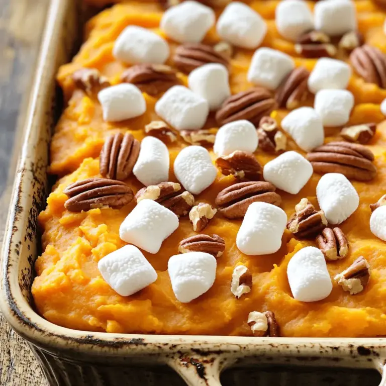 To make this sweet potato casserole, you will need: - 4 medium sweet potatoes, peeled and cubed - 1/2 cup brown sugar - 1/4 cup unsalted butter, melted - 1 teaspoon vanilla extract - 1/2 teaspoon cinnamon - 1/4 teaspoon nutmeg - 1/4 teaspoon salt - 1/2 cup milk (or plant-based alternative) - 2 cups mini marshmallows - 1/2 cup pecans, chopped (optional) You can swap some ingredients if needed: - Use maple syrup instead of brown sugar for a different sweet taste. - Coconut oil can replace unsalted butter for a dairy-free option. - Almond milk or oat milk works well instead of regular milk. - If you don’t have mini marshmallows, use large ones, just cut them up. - You can omit pecans if you want a nut-free dish. Choosing fresh ingredients makes a big difference: - Pick sweet potatoes that are firm and smooth. Avoid any soft spots. - Check the date on your milk to ensure freshness. - Use fresh spices for the best flavor. Ground spices lose their punch over time. - If you can, buy pecans in bulk from a store that sells them fresh. - Organic ingredients often taste better and are grown without harmful chemicals. Once you gather your ingredients, you are ready to create a sweet potato casserole that everyone will love. For the full recipe, check it out! First, gather your ingredients. You will need: - 4 medium sweet potatoes, peeled and cubed - 1/2 cup brown sugar - 1/4 cup unsalted butter, melted - 1 teaspoon vanilla extract - 1/2 teaspoon cinnamon - 1/4 teaspoon nutmeg - 1/4 teaspoon salt - 1/2 cup milk (or plant-based alternative) - 2 cups mini marshmallows - 1/2 cup pecans, chopped (optional) Next, preheat your oven to 350°F (175°C). This is key for perfect baking. In a large pot, add the cubed sweet potatoes. Cover them with water and bring to a boil. Once boiling, reduce the heat and let them simmer for 15 to 20 minutes. You want them fork-tender. After they are soft, drain the sweet potatoes and return them to the pot. Now, it’s time to mix the flavors. Add the melted butter, brown sugar, vanilla extract, cinnamon, nutmeg, and salt to the sweet potatoes. Mash them until smooth and creamy. As you mash, slowly add the milk. Keep mixing until you reach your desired creaminess. You may find you need more or less than 1/2 cup of milk. Spread the sweet potato mixture evenly in a greased 9x13 inch baking dish. This ensures even cooking. Now, sprinkle the top with mini marshmallows. If you want, add the chopped pecans for extra crunch. Bake your casserole in the preheated oven for 25 to 30 minutes. Look for golden brown and bubbly marshmallows. When it’s done, take it out and let it sit for about 5 minutes. This helps with serving. Serve this delightful dish warm. It pairs well with roasted meats or as a side for holiday meals. For a twist, try adding a sprinkle of cinnamon on top before serving. If you want the full details, check out the Full Recipe. To get that creamy texture, start with fresh sweet potatoes. Boil them until they are fork-tender. This makes them easy to mash. When mashing, add milk slowly. This helps you reach your desired creaminess without making it too runny. If you like a bit of chunkiness, don’t mash them too much. A few lumps can add character. One common mistake is overcooking the sweet potatoes. This can lead to a watery mixture. Make sure to watch the time. Another mistake is not using enough butter or sugar. These add flavor and moisture. Lastly, don't skip the marshmallows! They create a sweet crust that everyone loves. Sweet potato casserole with marshmallows shines at holiday dinners. It pairs well with turkey or ham. For a cozy night in, serve it alongside roasted chicken. You can also dress it up for brunch. Top it with whipped cream or serve it with pancakes. No matter the event, this dish will always impress. For the full recipe, check out the Sweet Potato Heaven Casserole. {{image_2}} You can make sweet potato casserole healthier in a few easy ways. Start by reducing sugar. Instead of 1/2 cup of brown sugar, use 1/3 cup or a sugar substitute. You can also swap butter for olive oil or coconut oil. These options keep the flavor while adding good fats. Use low-fat milk instead of whole milk for fewer calories. If you want a lighter dish, add more veggies like spinach or kale. This adds nutrients and fiber to your meal. Adding flavors can take your casserole to the next level. Try mixing in a bit of orange zest or lemon juice for brightness. You can also add a splash of maple syrup for extra sweetness. For spice lovers, include a pinch of cayenne pepper or chili powder. This adds warmth without overpowering the dish. If you enjoy nuts, mix in walnuts or almonds for crunch. These flavors will create a unique twist while keeping the dish familiar. You can easily make this casserole vegan and gluten-free. For a vegan version, replace the butter with coconut oil and use a plant-based milk. Be sure to choose marshmallows that are vegan, as some contain gelatin. For gluten-free options, check that your milk and any added ingredients are certified gluten-free. Enjoy this dish without worry, while still having all the delicious flavors you love. For the full recipe, check the link above! Storing leftovers from your sweet potato casserole is simple. First, let the dish cool to room temperature. Then, cover it tightly with plastic wrap or aluminum foil. You can also transfer it to an airtight container. This helps keep the casserole fresh. Store it in the fridge for up to four days. When you’re ready to enjoy leftovers, preheat your oven to 350°F (175°C). Place the casserole in a baking dish. If it's dry, add a splash of milk on top. Cover it with foil to keep it moist. Heat for about 20-25 minutes, or until warm throughout. You can also use the microwave. Just heat it in short bursts, stirring in between. Freezing sweet potato casserole is a great option for longer storage. Prepare the casserole as directed, but do not bake it. Allow it to cool completely. Then, wrap it tightly in plastic wrap and foil. You can also use a freezer-safe container. Label it with the date. It can stay in the freezer for up to three months. When you're ready to eat, thaw it overnight in the fridge. Then, bake it at 350°F (175°C) until heated through. For the best results, check the Full Recipe for any adjustments. You should use medium sweet potatoes. Look for smooth skin and firm texture. Orange-fleshed sweet potatoes work best for casseroles. These have a rich, sweet flavor. They also mash well and hold their shape. Yes, you can make this dish ahead. Prepare the sweet potatoes and mash them. Place the mixture in the baking dish. Cover and store in the fridge. Bake it when you are ready to serve. This can save you time on busy days. To reduce sweetness, use less brown sugar. You can also cut back on marshmallows. Add a pinch of salt or extra spices like cinnamon. These will help balance the flavors. Taste as you mix to find the right balance. You can use regular potatoes, but the flavor will change. They are not as sweet as sweet potatoes. If you use them, adjust the sugar in your recipe. Keep in mind that the texture will also differ. Sweet potatoes give a creamier finish. This blog post covered key points for making a tasty sweet potato casserole. We explored ingredient lists, cooking steps, and useful tips. I shared variations and storage info to help you customize the dish. Remember, using fresh ingredients makes a big difference. Avoid common mistakes for the best texture. By following these steps, you create a dish that is great for any occasion. You can make this recipe your own. Enjoy your sweet potato casserole!