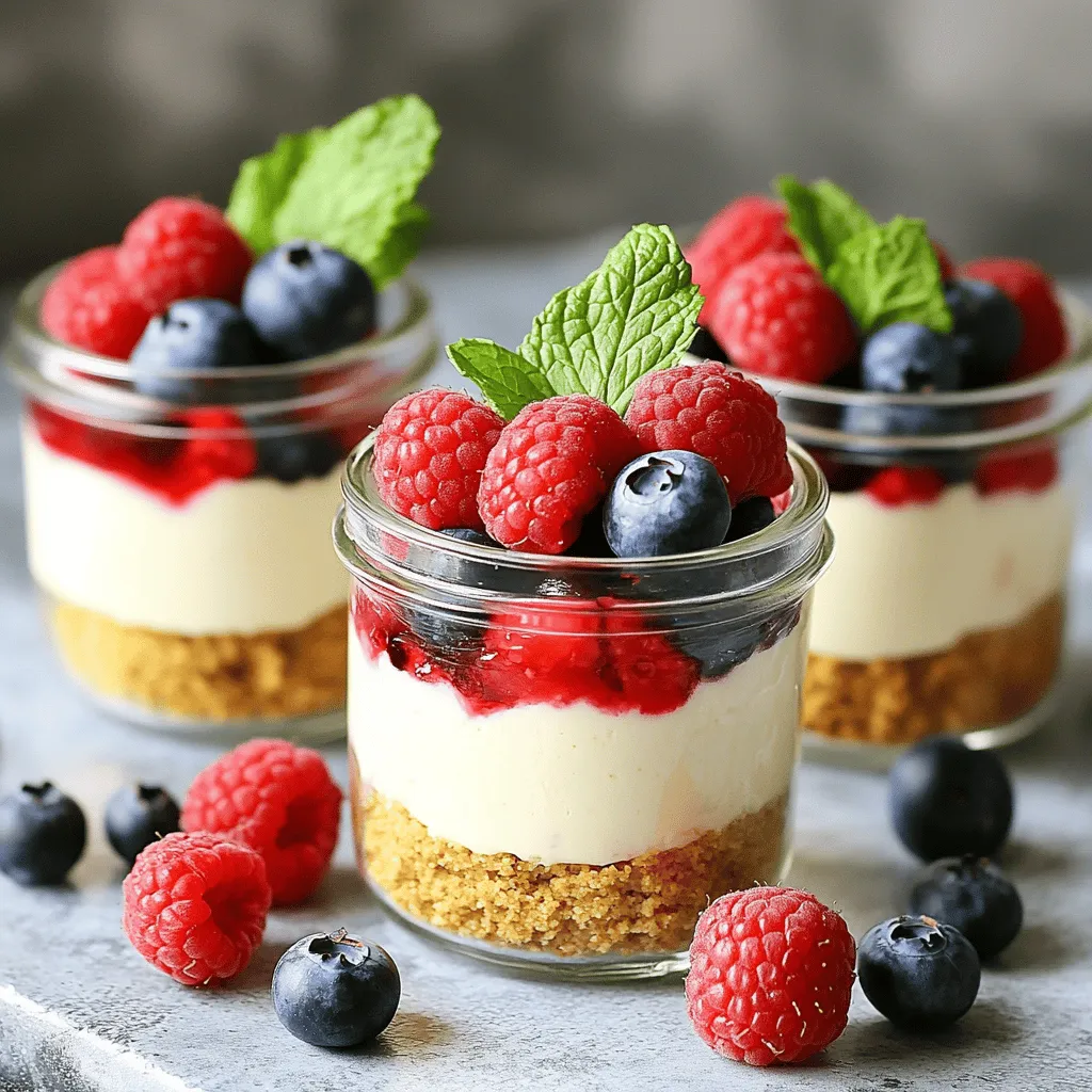 To make these tasty no-bake cheesecake jars, you need a few key items. Here’s what you will need: - 8 oz cream cheese, softened - 1 cup powdered sugar - 1 teaspoon vanilla extract - 1 cup heavy whipping cream - 1 cup graham cracker crumbs - 1/4 cup unsalted butter, melted - 1 cup mixed berries (strawberries, blueberries, raspberries) - Fresh mint leaves for garnish These ingredients come together to create a creamy and delicious dessert that everyone will love. You can change the flavors of your cheesecake jars with some fun options. Here are a few ideas: - Lemon juice and zest for a zesty twist - Cocoa powder for a chocolate flavor - Nutmeg or cinnamon for a warm touch - Different fruits like peaches, mangoes, or cherries Feel free to mix and match these flavors to suit your taste. To prepare your no-bake cheesecake jars, gather the following tools: - Mixing bowls - Electric mixer or whisk - Measuring cups and spoons - Jars or cups for serving - Spatula for folding - Refrigerator for chilling Having the right tools will make your cooking process easier and more fun! You can find the full recipe for no-bake cheesecake jars to guide you through each step. To start, grab a mixing bowl. Add 8 ounces of softened cream cheese. Then, add 1 cup of powdered sugar and 1 teaspoon of vanilla extract. Use an electric mixer to blend everything until it's smooth and creamy. This is the base of your cheesecake. The cream cheese gives it a rich flavor. In another bowl, mix 1 cup of graham cracker crumbs with 1/4 cup of melted unsalted butter. Stir until the crumbs are well coated. This mixture will form a crunchy base for your cheesecake. It adds texture and a nice crunch to each bite. Now, it’s time to layer your jars. Start with a spoonful of the graham cracker base at the bottom of each jar. Press it down gently. Next, add a layer of the cream cheese mixture on top. Use a spoon to smooth it out. Then, add a layer of mixed berries. You can use strawberries, blueberries, or raspberries. Repeat the layers until the jars are full. Finish with a layer of cream cheese on top. Place your layered jars in the refrigerator. Chill them for at least 4 hours. This helps the cheesecake set properly. The longer they chill, the better the flavors blend. Before serving, garnish each jar with fresh mint leaves and a few extra berries. Enjoy your delightful no-bake cheesecake jars! For the full recipe, check out the instructions above. To get that creamy texture, start with softened cream cheese. Cold cream cheese makes mixing hard. Use an electric mixer to blend it well with powdered sugar and vanilla extract. This step ensures a smooth base. Next, whip the heavy cream until it forms stiff peaks. Fold this whipped cream gently into the cream cheese mixture. This keeps air in the mix and adds lightness. One common mistake is overmixing the cream cheese. This can make your cheesecake too dense. Another mistake is not letting the jars chill long enough. They need at least four hours in the fridge. This time helps the flavors blend and the texture set. Also, be careful when folding in the whipped cream. If you stir too hard, you might lose that nice fluffy texture. When serving, use clear jars so everyone can see those lovely layers. Add fresh mint leaves and extra berries on top for a pop of color. If you want, you can drizzle some honey or chocolate sauce over the top for extra sweetness. Serve these jars cold for a refreshing treat. You can find the full recipe to make these delightful jars and enjoy a simple dessert delight. {{image_2}} You can easily change the flavor of your no-bake cheesecake jars. For a chocolate twist, add cocoa powder to the cream cheese mix. Use about 1/4 cup for a rich taste. For a lemon flavor, mix in lemon juice and zest. Start with 2 tablespoons of juice and 1 tablespoon of zest. Taste and adjust to your liking. You can also try flavors like peanut butter or matcha for fun surprises. To make these jars gluten-free, use gluten-free graham crackers. You can also swap the butter for coconut oil or a dairy-free substitute. For a vegan version, replace cream cheese with dairy-free cream cheese. Use coconut cream instead of heavy cream. Sweeten with maple syrup or agave nectar. These swaps keep the dessert delicious while catering to different diets. Toppings can make your cheesecake jars really special. Fresh fruit is a great choice. Use berries, sliced bananas, or mango chunks. You can also sprinkle crushed nuts for a nice crunch. For extra sweetness, drizzle chocolate or caramel sauce on top. Whipped cream adds a nice touch too. Use a piping bag for a fancy look. You can even add edible flowers for a beautiful finish. These variations let you enjoy no-bake cheesecake jars in many ways. You can find the Full Recipe [here]. To keep your no-bake cheesecake jars fresh, store them in the fridge. Use an airtight container or cover each jar with plastic wrap. This will prevent odors from other foods from affecting your dessert. Make sure to keep the jars upright to avoid any spills. These cheesecake jars can last for up to five days in the fridge. If you want to keep them longer, you can freeze them. Just remember to leave out any fresh toppings like berries or mint before freezing. Wrap each jar tightly with plastic wrap and then foil to protect against freezer burn. They can last for up to three months in the freezer. No need to reheat these jars! They taste best cold. If you’ve frozen them, let them thaw in the fridge overnight. Before serving, add fresh berries and mint leaves on top for a nice touch. Enjoy your delicious, easy dessert! For the full recipe, check out the details above. Yes, you can use low-fat cream cheese. It will change the texture slightly. Your cheesecake may be less rich, but it will still taste good. This option can help cut calories if that’s a concern for you. The cheesecake jars last about 3 to 5 days in the fridge. Make sure to cover them well. The longer they sit, the softer the layers may become. Still, they taste great for a few days. Yes, you can make these jars ahead of time. They are perfect for parties or family gatherings. Just prepare them a day or two before. This way, you save time and stress on the day of your event. Absolutely! You can use other fruits like diced mango or peaches. You might also try bananas or even chocolate chips for a fun twist. Just make sure the fruit is fresh and ripe for the best flavor. No-bake cheesecake jars are easy and fun to make. You learned about the key ingredients, tools needed, and how to layer them for tasty results. I shared tips to get the texture right and avoid mistakes. You can also explore different flavors and dietary options. Remember, storing your jars properly extends their life. Enjoy making these treats. They’re perfect for any occasion and sure to impress.