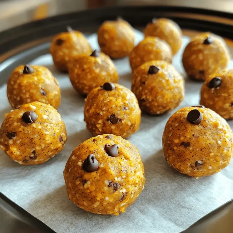 - 1 cup rolled oats - ½ cup pumpkin puree - ¼ cup almond butter (or peanut butter) - ¼ cup honey or maple syrup - 1 teaspoon pumpkin spice mix - ½ teaspoon vanilla extract - ¼ cup ground flaxseed - ¼ cup dark chocolate chips (optional) - Pinch of salt Pumpkin Spice Energy Bites use simple, wholesome ingredients. Each one brings unique flavors and nutrients. Oats provide fiber and energy. They help keep you full. They also add a nice texture. Pumpkin puree is rich in vitamins A and C. It adds moisture and a lovely color. Almond or peanut butter offers healthy fats and protein. This helps balance your snack. Honey or maple syrup adds natural sweetness. They also help bind the mixture together. Pumpkin spice mix gives that warm, cozy flavor we love. It includes cinnamon, nutmeg, and ginger. Vanilla extract adds depth to the taste. Ground flaxseed is packed with omega-3 fatty acids. It boosts fiber and helps digestion. Dark chocolate chips can be a fun addition. They add sweetness and a touch of indulgence. Finally, a pinch of salt helps balance all the flavors. Pumpkin and oats offer many nutrients. Pumpkin is low in calories but high in fiber. This helps keep your gut healthy. It also has antioxidants. These can help fight free radicals in the body. Oats are a great source of carbohydrates. They provide energy and help you feel full longer. They also contain B vitamins, iron, and magnesium. Flaxseed is a superstar for health. It supports heart health and digestion. It may help lower cholesterol levels, too. This makes flaxseed a great addition to many recipes. Together, these ingredients make a tasty and nutritious treat. You can enjoy them any time of day. For the full recipe, check out the detailed instructions above. Start by grabbing a large mixing bowl. Add 1 cup of rolled oats, ½ cup of pumpkin puree, ¼ cup of almond butter, and ¼ cup of honey or maple syrup. Mix these ingredients until they blend well. You should see a thick, sticky mixture forming. Next, add 1 teaspoon of pumpkin spice mix, ½ teaspoon of vanilla extract, and ¼ cup of ground flaxseed. These spices bring warmth and flavor. Stir everything together until it looks uniform. If you want, fold in ¼ cup of dark chocolate chips for a sweet twist. They add a fun touch! Now, it's time to shape your energy bites. Take a small amount of the mixture and roll it into a ball, about 1 inch in diameter. Your hands may get sticky, which is normal. If the mixture sticks too much, place it in the fridge for about 10 to 15 minutes. This makes it easier to handle. Once shaped, lay the energy bites on a parchment-lined baking sheet or plate. To let the bites firm up, refrigerate them for at least 30 minutes. This chilling time is key for the right texture. After they set, you can move them to an airtight container. Store them in the fridge for up to a week. Enjoy your nutritious and easy treat whenever you need a boost! You can easily swap almond butter for other nut butters. Peanut butter works great. Cashew butter adds a sweet touch. Feel free to add seeds like chia or sunflower seeds. Dried fruits like cranberries or raisins can add a burst of flavor. Get creative with mix-ins! Getting the right texture is key to great energy bites. If the mixture feels too dry, add a bit more pumpkin puree or nut butter. If it’s too wet, add more oats or ground flaxseed. To prevent sticking, wet your hands slightly before rolling the bites. This small trick helps a lot! These energy bites pair well with drinks like almond milk or herbal tea. They make a great snack after workouts or a sweet treat during the day. Try serving them with yogurt or a fruit salad for a fun twist. Enjoy these bites any time! {{image_2}} You can change the flavors to match the season. For fall, try adding spices like ginger or cloves. These spices give the bites a warm, cozy taste. You can also mix in dried cranberries or chopped apples for a fruity twist. This keeps the energy bites fresh and exciting. If you want a vegan version, swap honey for maple syrup. You can also use almond butter or sunflower seed butter for a nut-free option. For those who need gluten-free snacks, use certified gluten-free oats. This way, everyone can enjoy these tasty bites without worry. You can adjust how sweet the bites are. Try using less honey or maple syrup if you want a milder taste. If you prefer, use sugar alternatives like stevia or agave syrup. This lets you control the sweetness while keeping the bites delicious. Store your pumpkin spice energy bites in an airtight container. You can use glass jars or plastic containers with tight lids. Make sure they are sealed well to keep them fresh. This helps to lock in the flavors and nutrients. Keep them in the refrigerator for the best taste and quality. If you want to save some for later, freezing is a great option. First, place the energy bites in a single layer on a baking sheet. Freeze them for about an hour. Once frozen, transfer them to a freezer bag or container. This way, they won’t stick together. To thaw, take them out and let them sit at room temperature for about 30 minutes. You can also heat them in the microwave for a few seconds. This keeps the texture nice and chewy. In the fridge, these energy bites last about a week. Look for signs of spoilage, like an off smell or changes in texture. If they feel dry or crumbly, it’s best to toss them. Enjoy your energy bites fresh for the best taste and nutrition! To make these tasty bites, mix oats, pumpkin puree, almond butter, and honey in a bowl. Then, add pumpkin spice, flaxseed, and salt. If you want, fold in chocolate chips. Shape the mix into small balls. Chill them for about 30 minutes. For the full recipe, click here: [Full Recipe]. Yes, you can use fresh pumpkin. Just roast it until soft, then puree it. Fresh pumpkin gives a bright taste and more nutrients. It may need more time to prepare, but the flavor is worth it. Yes, these energy bites are perfect for kids. They have oats, pumpkin, and flaxseed. These ingredients provide fiber, vitamins, and healthy fats. They make a great snack that kids will love. To make these bites gluten-free, use certified gluten-free oats. You can also choose almond butter or another nut butter without gluten. Check labels on your ingredients to ensure they are safe. These Pumpkin Spice Energy Bites are easy and fun to make. We covered key ingredients, including oats and pumpkin, that boost nutrition. You also learned how to customize and serve these snacks. Remember to store them well for best taste. Whether you enjoy them as a treat or a healthy snack, they fit every occasion. You can adjust ingredients to suit your needs. Try making these bites today for a tasty energy boost that everyone can enjoy!