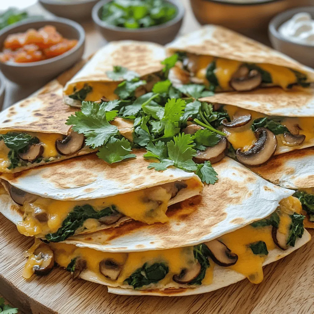 - Fresh spinach - Mushrooms - Onion - Garlic For this recipe, you start with fresh ingredients. Fresh spinach adds a nice green color and a slight crunch. Mushrooms bring a deep, earthy flavor. I like to use cremini or button mushrooms. A small onion adds sweetness, while garlic gives a wonderful aroma. - Olive oil - Cumin powder - Flour tortillas Next, you need some pantry staples. Olive oil is perfect for sautéing the veggies. Cumin powder adds a warm, spicy kick. Flour tortillas hold everything together and crisp up beautifully when cooked. - Shredded cheese - Salt and pepper - Salsa and sour cream For the cheese, I suggest a blend of cheddar or a Mexican mix. It melts perfectly in the quesadilla. Don't forget to add salt and pepper to taste. You can serve them with salsa and sour cream for an extra layer of flavor. You can find the full recipe [here](#). First, we need to create a tasty filling. Start with a skillet over medium heat. Add 1 tablespoon of olive oil. When the oil is hot, toss in the diced onion. Sauté the onion until it turns clear, about 3 to 4 minutes. Next, add the minced garlic. Stir it in for about 30 seconds to release its aroma. Now, it’s time for the mushrooms. Add the sliced mushrooms to the skillet. Cook them for 5 to 7 minutes. Watch as they turn brown and release their moisture. Once the mushrooms are ready, stir in the chopped spinach. Add 1 teaspoon of cumin powder for flavor. Cook this mixture until the spinach wilts, about 2 minutes. Don’t forget to season with salt and pepper. Taste it to make sure it’s just right. This step is key to achieving a rich flavor. The filling should be moist but not soggy. Now we can put it all together. Heat a second skillet over medium-low heat with the remaining olive oil. Place one tortilla in the skillet. Sprinkle half of the shredded cheese over one half of the tortilla. Top it with half of your mushroom and spinach mixture. Fold the tortilla in half. Cook for 3 to 4 minutes on each side. You want it golden brown and the cheese melted. Repeat this with the remaining tortillas and filling. When done, let the quesadillas cool before slicing into wedges. Enjoy this delicious meal! For more details, check the Full Recipe. To make crispy quesadillas, use medium-low heat. This allows the tortillas to brown slowly without burning. If the heat is too high, the outside cooks too fast, while the cheese may not melt inside. A little patience goes a long way here. Use enough olive oil to coat the skillet but don’t drown the quesadillas. You can try different cheeses for your quesadillas. Monterey Jack adds a nice melt, while goat cheese gives a tangy flavor. You can also swap in your favorite vegetables. Bell peppers, zucchini, or even corn can brighten the dish. Just keep the basic flavor balance in mind. Get creative with your dips! Salsa and sour cream are classic, but guacamole adds a creamy touch. You can also sprinkle fresh herbs like cilantro or green onions on top for a pop of color. For plating, arrange the quesadillas in a circle on a large plate. Place small bowls of dips in the center. This makes for a fun and inviting presentation. For the full recipe, check out the link provided. {{image_2}} You can make these quesadillas vegan by swapping the cheese. Use a plant-based cheese or skip it entirely. Nutritional yeast adds a cheesy flavor without dairy. You can also use mashed avocado for creaminess. This keeps the quesadillas rich and satisfying. To add some heat, include jalapeños in the filling. You can slice them thin or use diced pickled jalapeños. Another option is to serve your quesadillas with spicy salsa. This brings a zesty kick and bright flavor to each bite. For extra nutrition, think about adding beans or corn. Black beans or pinto beans work well in this dish. They make the quesadillas heartier and more filling. Corn adds a sweet crunch that pairs nicely with mushrooms and spinach. Mixing in these ingredients can turn a simple meal into a feast. Feel free to experiment with different flavors and textures to find your favorite combo! For the complete recipe, check out the [Full Recipe]. To keep your mushroom and spinach quesadillas fresh, store them in the fridge. Place them in an airtight container. This helps prevent them from drying out. They will stay good for about 3 to 4 days. If you have extra filling, store it separately. This way, you can use it for other meals. When reheating, I recommend using a skillet. Heat it over medium-low heat to keep the quesadillas crispy. Place the quesadilla in the skillet and cover it with a lid. This helps the cheese melt without burning the outside. Cook for about 3 minutes on each side. You can also use an air fryer. Set it to 350°F for about 5 minutes. You’ll love the crispiness! To freeze quesadillas, let them cool first. Wrap each one tightly in plastic wrap. Then place them in a freezer-safe bag. They can last for up to 3 months in the freezer. When you want to eat them, defrost in the fridge overnight. Reheat them in a skillet for best results. Enjoy that fresh-tasting quesadilla again! For the full recipe, check out the main article. You can prepare the filling in advance. Sauté the onions, garlic, mushrooms, and spinach. Let it cool and store it in the fridge. When you are ready to eat, just assemble and cook the quesadillas. This saves time on busy days. You can also cook the quesadillas and freeze them. Just reheat them in a skillet or oven. I love using cheddar or a Mexican cheese blend. Cheddar melts well and adds a rich flavor. A Mexican blend gives a nice kick and extra creaminess. You can also try Monterey Jack for a mild taste or pepper jack for spice. Always use freshly shredded cheese for best results. Yes, whole wheat tortillas are a great choice! They add fiber and a nutty flavor. They also make the quesadillas a bit healthier. Just be aware that they may not be as soft as regular flour tortillas. Warm them up slightly before filling to make them easier to fold. This recipe can be gluten-free. Just swap out the flour tortillas for gluten-free tortillas. Many brands offer tasty options made from rice, corn, or other grains. Be sure to check the labels for gluten-free certification. You can enjoy this dish without worry! Add spices like cumin and chili powder for warmth. Fresh herbs like cilantro or parsley can brighten the dish. A splash of lemon juice adds zest. You can also mix in some cream cheese for extra richness. These small changes can truly elevate the filling's taste. For the full recipe, check out the instructions above. You can create tasty mushroom and spinach quesadillas with simple steps and fresh ingredients. We covered important tips for cooking, storing, and serving them. Remember to switch up ingredients for fun variations. Don’t be afraid to experiment! Quesadillas are not just easy but also a great way to enjoy healthy meals. Try them with different dips or toppings for variety. With this guide, you are ready to cook delicious quesadillas anytime. Enjoy your new skill in the kitchen!