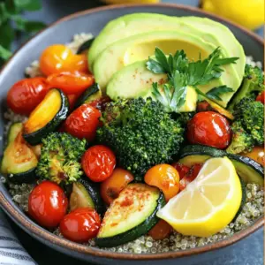 To create your Roasted Vegetable Quinoa Bowl, gather these essential ingredients: - 1 cup quinoa, rinsed - 2 cups vegetable broth (or water) - 1 medium zucchini, diced - 1 red bell pepper, diced - 1 cup cherry tomatoes, halved - 1 cup broccoli florets - 2 tablespoons olive oil - 1 teaspoon garlic powder - 1 teaspoon smoked paprika - Salt and pepper to taste Each ingredient plays a key role in flavor and texture. The quinoa serves as a healthy base, while the veggies add vibrant colors and crunch. You can easily customize your bowl using these optional ingredients: - 1 avocado, sliced - Fresh parsley, chopped for garnish - Lemon wedges for serving Feel free to include your favorite veggies or toppings. Try adding spinach, kale, or even chickpeas for extra protein. - Quinoa: High in protein and fiber, it helps keep you full. - Zucchini: Low in calories, it adds moisture and texture. - Red Bell Pepper: Rich in vitamins A and C, it boosts your immune system. - Cherry Tomatoes: Packed with antioxidants, they add a sweet burst of flavor. - Broccoli: A great source of vitamins K and C, it supports bone health. - Olive Oil: Contains healthy fats that promote heart health. - Garlic Powder: Adds flavor and has anti-inflammatory properties. - Smoked Paprika: Gives a unique smoky taste and is rich in antioxidants. These ingredients not only make the dish tasty but also provide a great variety of nutrients. For the full recipe, refer to the section above. Start by washing your veggies. I like to use zucchini, red bell pepper, cherry tomatoes, and broccoli. Dice the zucchini and red bell pepper into small pieces. Cut the cherry tomatoes in half and break the broccoli into florets. This helps them cook evenly. In a medium saucepan, bring two cups of vegetable broth or water to a boil. Add one cup of rinsed quinoa. Reduce the heat to low, cover, and let it simmer for about 15 minutes. Once done, the quinoa should be fluffy. Use a fork to fluff it up. Preheat your oven to 425°F (220°C). Spread the diced veggies on a large baking sheet. Drizzle with two tablespoons of olive oil. Season with one teaspoon of garlic powder, one teaspoon of smoked paprika, salt, and pepper. Toss everything well to coat. Roast for 20-25 minutes. Stir halfway through to ensure even cooking. The veggies should be tender and slightly caramelized. To assemble your bowl, start with a base of quinoa. Top it with the roasted vegetables. Add sliced avocado for creaminess and sprinkle with fresh parsley. Serve with lemon wedges for a zesty kick. This Roasted Vegetable Quinoa Bowl is both tasty and healthy. Enjoy your meal! For a detailed recipe, check the Full Recipe. To make fluffy quinoa, rinse it well before cooking. This removes the bitter coating called saponin. Use two cups of vegetable broth or water for every cup of quinoa. Bring the liquid to a boil, then reduce the heat to low. Cover the pot and let it simmer for about 15 minutes. When it's done, let it sit for five minutes. Fluff it with a fork before serving. Seasonings can make your quinoa bowl pop! I love using garlic powder and smoked paprika. They add depth and a hint of smokiness. Don't forget to add salt and pepper to taste. You can also use fresh herbs like parsley or cilantro for brightness. A squeeze of lemon juice brings everything together beautifully. Roasting vegetables brings out their natural sweetness. It creates a nice caramelized texture. Preheat your oven to 425°F (220°C) for the best results. Spread the veggies on a baking sheet, drizzle them with olive oil, and season. Roast for about 20-25 minutes. Stir halfway through for even cooking. Steaming is quicker but less flavorful. Roasted veggies add more character to your bowl. For the full recipe, check out the Roasted Vegetable Quinoa Bowl section. {{image_2}} You can mix and match your veggies easily. Try adding sweet potatoes for a hearty touch. Eggplant or asparagus also work well. Seasonal vegetables can enhance flavor, too. Don’t be afraid to experiment. Use what you have on hand. Each combination brings new tastes and textures. Protein is key for a filling meal. Chickpeas are a great choice. They add texture and fiber. Tofu is another option; it soaks up flavors well. For a crunch, try adding nuts or seeds. You can also use cooked lentils for extra protein. Mix and match to find your favorite! Herbs and spices can change the dish's vibe. Fresh basil or cilantro adds brightness. For heat, try crushed red pepper. You can also use cumin or curry powder for a twist. A squeeze of lemon juice adds zest, too. Play with flavors that excite you. Each tweak makes the bowl your own! Feel free to explore the Full Recipe for more details on creating this delicious dish. To keep your roasted vegetable quinoa bowl fresh, store it in an airtight container. Make sure it cools to room temperature first. This helps avoid extra moisture. In the fridge, it stays good for about 3 to 5 days. Label the container with the date. This way, you know when to eat it. If you want to freeze the bowl, it’s best to separate the quinoa and vegetables. Place them in separate freezer bags. This keeps their textures better. Use freezer-safe bags and remove as much air as you can. Your bowl can last for up to 3 months in the freezer. When you're ready to eat it, thaw it in the fridge overnight before reheating. Reheating your roasted vegetable quinoa bowl can be simple. Use the microwave for quick heating. Heat it in 30-second bursts, stirring between each. This helps it heat evenly. You can also use a skillet on medium heat. Add a splash of water or olive oil to keep it moist. Heat until warm, stirring often, for best flavor. Enjoy your meal just like the first time! Don't forget to check out the Full Recipe for more details. You can mix and match many vegetables. Carrots, sweet potatoes, and cauliflower work well. Eggplant and asparagus add great flavors too. Feel free to use what you have at home. This bowl is all about creativity! Yes, you can prepare it in advance. Cook the quinoa and roast the veggies. Store them separately in the fridge. When you’re ready to eat, just combine them. It saves time on busy days! This recipe is already gluten-free since it uses quinoa. Ensure that your vegetable broth is gluten-free too. For a vegan option, skip any dairy toppings. The avocado adds a creamy texture that you will love! Quinoa cooks in about 15 minutes. Rinse it well before cooking to remove any bitterness. Use two cups of broth for one cup of quinoa. This ratio helps it become fluffy and tasty. For the full recipe, refer to the previous sections. The roasted vegetable quinoa bowl is easy and fun to make. Start with fresh veggies, cook your quinoa, and roast everything for the best taste. You can add flavors and proteins to make it your own. Remember to store leftovers properly for later. This bowl is not just tasty; it’s healthy too. With simple steps, you can enjoy a meal that’s good for you and customizable. Try it out, enjoy the process, and make it suit your taste!