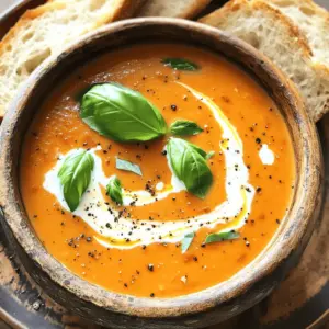 To make creamy tomato basil soup, you need the following items: - 2 tablespoons olive oil - 1 medium onion, diced - 4 cloves garlic, minced - 2 cans (14.5 oz) diced tomatoes, with juices - 2 cups vegetable broth - 1 cup heavy cream (or coconut cream for dairy-free) - 1 teaspoon sugar - 1 teaspoon dried oregano - Salt and pepper to taste - 1 cup fresh basil leaves, chopped - Optional: Crusty bread or garlic croutons for serving Using fresh ingredients can make a big difference in flavor. Fresh basil has a bright taste that dried basil can't match. Fresh garlic gives a strong flavor, while dried garlic lacks the same punch. If you can, always grab fresh herbs and produce. They add life to your soup. Dried ingredients are handy when fresh ones aren’t available. They can still work well, but the taste may not be as vibrant. Use about one-third of the amount of dried herbs compared to fresh. You can easily swap ingredients to fit dietary needs. For a vegan option, use coconut cream instead of heavy cream. This keeps the soup creamy without any dairy. If you're avoiding gluten, check your vegetable broth for gluten content. Most are gluten-free, but some brands may add gluten. You can also make the soup without broth, using water instead. Just add more herbs for flavor. Feel free to mix and match based on what you have on hand. Cooking should be fun and easy! For the full recipe, check out the details above. To make creamy tomato basil soup, start by warming the olive oil in a large pot over medium heat. Add the diced onion and stir. Cook it until it turns soft and clear, about 5 to 7 minutes. Next, add the minced garlic. Stir and cook it for 1 to 2 minutes. You want the garlic to smell good but not burn. Now, pour in the diced tomatoes with their juices and the vegetable broth. Stir everything together and bring it to a gentle simmer. This step is key for blending the flavors. After that, add the sugar, dried oregano, salt, and pepper. Let the soup simmer for 15 to 20 minutes. This helps the flavors mix well. When the time is up, it’s time to blend! Use an immersion blender to make the soup smooth and creamy. If you don’t have one, you can use a regular blender, but do it in batches. Once blended, return the soup to low heat. Add the heavy cream or coconut cream, and stir in the fresh chopped basil. Heat it gently, but don’t let it boil. Taste the soup and adjust the seasoning if needed. Using an immersion blender is easy and saves you from extra dishes. Here are some tips to make it simple: - Keep the blender submerged to avoid splatters. - Move it around the pot to blend all parts evenly. - Blend to your desired texture, whether smooth or a bit chunky. - Always unplug it before removing from the pot. This keeps it safe. Serve the soup hot. You can garnish it with extra basil leaves or a drizzle of cream for a nice touch. Pair it with crusty bread or garlic croutons for a filling meal. This soup also works great as a starter for dinner. Enjoy the rich, warm flavors! For the complete recipe, check out the Full Recipe. To make your creamy tomato basil soup burst with flavor, focus on fresh herbs. Fresh basil adds a bright taste that dried herbs can't match. Always chop the basil just before adding it to the soup. This keeps the flavor fresh and strong. You can also add a pinch of sugar to balance the acidity of the tomatoes. Don't skip the sauté step for the onion and garlic. This builds a strong flavor base for your soup. One common mistake is not letting the soup simmer long enough. Simmering helps all the flavors mix well. Another mistake is blending the soup too early. Make sure the tomatoes and broth meld together for at least 15 minutes before blending. Also, avoid boiling the soup after adding the cream. Boiling can cause the cream to curdle, ruining the texture. Lastly, be careful with salt. Taste the soup before adding more, as canned tomatoes can be salty. Making creamy tomato basil soup ahead is easy. Prepare the soup as usual, but stop before adding the cream. Let it cool, then store it in the fridge for up to three days. When you’re ready to serve, reheat the soup gently. Stir in the cream and fresh basil just before serving. This keeps the basil vibrant and the cream smooth. You can also freeze the soup. Store it in airtight containers for up to three months. When ready to eat, thaw it overnight in the fridge and reheat on the stove. For the full recipe, check the previous section. {{image_2}} You can easily make this creamy tomato basil soup vegan. Just swap the heavy cream for coconut cream. It gives the soup a nice, rich flavor. You can also use a plant-based broth instead of vegetable broth. This way, you keep your soup light and fresh without losing taste. Want to kick things up a notch? Add a pinch of red pepper flakes for heat. You can also stir in some cooked lentils for extra protein. For a twist, try adding roasted red peppers. They add depth and sweetness to the soup. Fresh spinach or kale can also boost nutrition and color. In summer, use fresh tomatoes instead of canned. It brings a bright taste to your soup. Add zucchini or bell peppers for a seasonal touch. In the fall, consider tossing in roasted butternut squash. This makes the soup heartier and adds a lovely sweetness. Each season offers unique flavors, so feel free to experiment! For the full recipe, check the link provided. Store leftover creamy tomato basil soup in an airtight container. Let it cool down first. Place it in the fridge for up to 3 days. If you want to keep it fresher, cover the surface with plastic wrap. This helps prevent a skin from forming. You can freeze this soup for later enjoyment. Use freezer-safe containers or bags. Leave some space at the top, as soup expands when frozen. It can last for about 3 months in the freezer. To thaw, move it to the fridge overnight before reheating. To reheat, pour the soup into a pot over low heat. Stir often to avoid sticking. If it's too thick, add a splash of broth or water. You can also use a microwave. Heat in short bursts, stirring in between. Always check that it’s hot throughout before serving. If you want, add more fresh basil for extra flavor. For the full recipe, check the detailed instructions provided earlier. Yes, you can use fresh tomatoes! Use about 2 pounds of ripe tomatoes. First, core and chop the tomatoes. Then, cook them down in the pot until they break apart. This may take longer than using canned tomatoes, but the flavor is bright and fresh. Your creamy tomato basil soup lasts about 3 to 5 days in the fridge. Store it in a tight container to keep it fresh. Make sure to let it cool before sealing it up. If you see any changes in smell or color, it’s best to throw it out. This soup pairs well with crusty bread or garlic croutons. You can also serve it with a simple salad for a meal. A grilled cheese sandwich makes a classic match, too! Feel free to explore different sides that you enjoy. This article explored everything you need for creamy tomato basil soup. We covered ingredients, cooking steps, and storage tips. You learned about fresh versus dried ingredients and how to swap for dietary needs. I shared best practices to boost flavor and avoid common mistakes. Plus, we discussed variations, including vegan options and seasonal add-ins. In making this soup, you can be creative. Each suggestion helps you make it your own. Enjoy cooking this comforting dish!