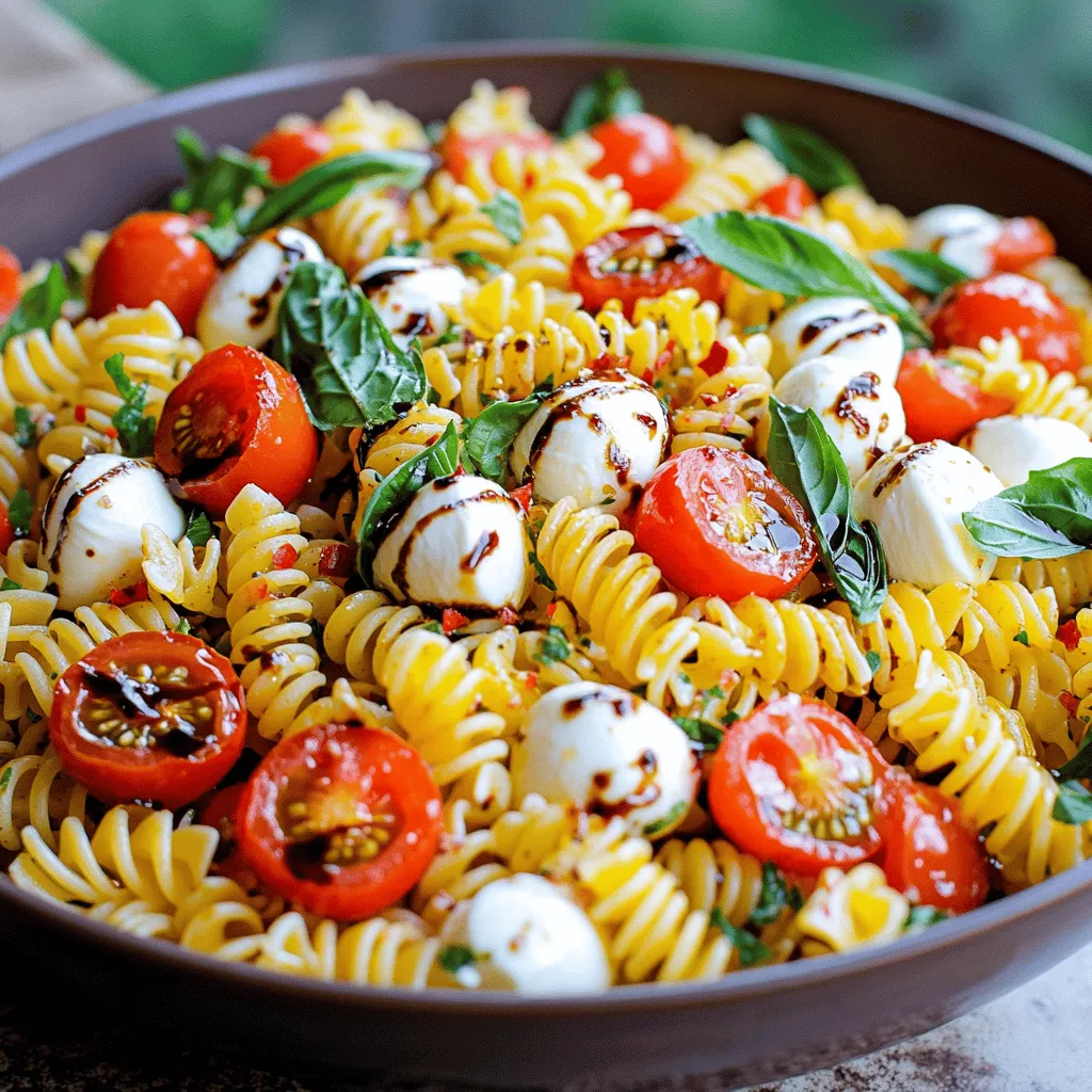 - 2 cups of cooked pasta (fusilli or penne works well) - 1 ½ cups cherry tomatoes, halved - 1 cup fresh mozzarella balls, halved or quartered - 1 cup fresh basil leaves, roughly torn For a vibrant Caprese Pasta Salad, the main ingredients are key. First, choose your pasta. I love fusilli or penne for their fun shapes and ability to hold sauce. Next, select juicy cherry tomatoes. Their sweetness really boosts flavor. Fresh mozzarella balls add creaminess and texture. Look for high-quality cheese that melts in your mouth. Lastly, don’t forget fresh basil. It brings a bright aroma and lovely color. - 2 tablespoons balsamic vinegar - 3 tablespoons olive oil - 1 teaspoon garlic powder - Salt and pepper to taste - Optional: ¼ teaspoon red pepper flakes for a kick The dressing is what ties it all together. I prefer balsamic vinegar for its tang. Olive oil adds richness, while garlic powder gives a savory touch. Adjust salt and pepper to match your taste. If you like heat, sprinkle in red pepper flakes. This adds a nice kick to the dish. - Choosing ripe tomatoes - Picking good quality mozzarella - Selecting fresh basil When selecting ingredients, freshness is vital. Look for ripe tomatoes. They should feel firm but give slightly when pressed. For mozzarella, choose balls that are soft and moist. Avoid dry or rubbery cheese. When it comes to basil, smell it! Fresh basil has a strong, fragrant aroma. Choose leaves that are bright green and not wilted. You can find the full recipe in the provided link. Happy cooking! First, cook the pasta. Use about 2 cups of fusilli or penne. Boil it in salted water. Cook according to package directions until it's al dente. This means it should be firm but not hard. Drain the pasta in a colander. Run cold water over it quickly. This will stop the cooking process. Let it cool completely before mixing it with the other ingredients. Now, it's time to combine the pasta with the fresh ingredients. In a large bowl, mix the cooled pasta with 1 ½ cups of halved cherry tomatoes and 1 cup of halved mozzarella balls. These flavors work together so well! Next, add in 1 cup of roughly torn basil leaves. The basil gives a wonderful aroma and fresh taste. Gently toss everything together. Be careful not to break the mozzarella. For the dressing, grab a small bowl. Whisk together 2 tablespoons of balsamic vinegar, 3 tablespoons of olive oil, 1 teaspoon of garlic powder, and some salt and pepper to taste. If you like a little heat, add ¼ teaspoon of red pepper flakes. Once mixed, drizzle the dressing over the pasta salad. Toss gently again, ensuring everything is coated nicely. Let your Caprese Pasta Salad sit for about 10-15 minutes. This helps all the flavors blend together. Enjoy your delicious creation! For the full recipe, check out the instructions above. To enhance the flavor of your Caprese pasta salad, focus on fresh ingredients. Use ripe cherry tomatoes for a sweet burst. Opt for high-quality mozzarella to get that creamy texture. A pinch of salt can boost all the flavors. When mixing, be gentle. Too much force can break the mozzarella balls. Toss everything lightly to keep it intact. Serve your Caprese pasta salad chilled or at room temperature. It tastes best when the flavors meld. Pair it with grilled chicken or crusty bread for a fuller meal. A light white wine also complements this dish perfectly. For a stunning presentation, use a large serving bowl. Add whole basil leaves on top for a pop of green. Drizzle some balsamic glaze for visual appeal. This small touch can make your dish look restaurant-worthy. A clear glass bowl can show off those vibrant colors beautifully. Enjoy the compliments! {{image_2}} Adding protein can make your Caprese Pasta Salad more filling. You can use: - Grilled chicken for a hearty option. - Shrimp for a light, seafood twist. - Chickpeas for a plant-based choice. If you want vegan alternatives, try using tofu or tempeh. These options add protein without meat. You can also leave out meat and keep it vegetarian if you prefer. You can change the flavor of your salad with different dressings. Try a lemon vinaigrette for a zesty kick. You can also use pesto for a rich, herby taste. Adding vegetables like bell peppers or cucumbers can give it a fresh crunch. Nuts like pine nuts or walnuts add a nice texture too. For those who are gluten-free, there are pasta made from rice or corn. These still taste great in the salad. You can also make low-calorie adaptations by using less oil in the dressing. Another way to cut calories is to use less cheese or skip it altogether. For the full recipe, you can check out the detailed steps above. To keep your Caprese Pasta Salad fresh, store it in an airtight container. This helps keep out air and moisture. Place the salad in the fridge as soon as you finish eating. This way, it stays tasty. You can enjoy leftovers for up to three days. After that, the salad may lose its crunch and flavor. Can you freeze Caprese Pasta Salad? I don’t recommend it. Freezing can change the texture of ingredients like tomatoes and mozzarella. If you must freeze it, do so without the dressing. When ready to eat, thaw it in the fridge overnight. Serve it fresh with new dressing for the best taste. For best results, eat your Caprese Pasta Salad cold. If you prefer it warm, do not microwave it. Instead, gently warm it in a pan on low heat. Stir it carefully to keep the mozzarella from breaking. This way, you maintain its quality and flavor. Enjoy your dish! Yes, you can make Caprese Pasta Salad ahead of time. I suggest prepping it about 2 hours before serving. This way, the flavors meld well together. If you need to prepare it a day in advance, that works too. Just keep it covered in the fridge. Remember to add the dressing just before serving to keep the salad fresh. You can use many types of pasta for this salad. Fusilli and penne are great, but you can also try rotini, farfalle, or even whole wheat pasta. Each shape holds the dressing in its unique way, adding to the taste. Choose your favorite or whatever you have on hand. Get creative! To make your Caprese Pasta Salad more filling, you can add protein. Grilled chicken, shrimp, or chickpeas work well. You can also mix in some diced avocado or beans for extra nutrition. These additions will keep you satisfied. If you want more veggies, try adding spinach or bell peppers for a healthy boost. Caprese Pasta Salad combines simple, fresh ingredients for a tasty meal. We covered the key components, from pasta to herbs, and explored ways to enhance flavors with dressings. You learned tips for selecting quality ingredients, serving ideas, and easy variations to suit your diet. With these steps, you can create a vibrant dish full of flavor. Enjoy making this salad for any occasion, and feel free to get creative!