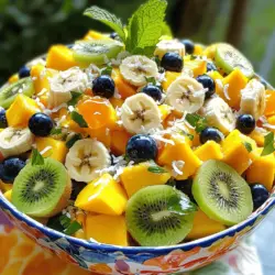 - 1 ripe pineapple, peeled and diced - 2 kiwis, peeled and sliced - 1 mango, diced - 1 banana, sliced - 1/2 cup blueberries - 1 orange, segmented I love using fresh, ripe tropical fruits in this salad. Each fruit brings its own flavor and texture. Pineapple adds sweetness and a bit of tang. Kiwis give a nice green pop with a tart taste. Mango is juicy and smooth. Bananas add creaminess, while blueberries bring a burst of flavor. Finally, oranges add a refreshing zing to the mix. - 1 cup shredded coconut (sweetened or unsweetened) - Juice of 1 lime - 2 tablespoons honey or agave syrup - Fresh mint leaves for garnish Adding shredded coconut gives the salad a tropical flair. The lime juice brightens up the flavors. Honey or agave syrup adds a touch of sweetness. Fresh mint leaves not only look pretty but also add an extra layer of flavor. You can find the full recipe [here]. Choose your fruits based on what you like best. Feel free to mix and match to make it your own. Enjoy creating your tropical fruit salad! Start by peeling the pineapple. Cut it into small cubes. Next, peel the kiwis and slice them into rounds. For the mango, remove the skin and dice it into bite-sized pieces. Slice the banana into thin rounds. Then, segment the orange into juicy pieces. Lastly, gather the blueberries. This mix of vibrant colors and textures makes your salad exciting. In a large bowl, combine all the prepared fruits. Add the diced pineapple, kiwi slices, diced mango, banana rounds, blueberries, and orange segments. Gently toss the fruits together. Be careful not to mash the banana. You want the fruits to stay whole and pretty. In a small bowl, whisk together the juice of one lime and two tablespoons of honey or agave syrup. Mix until the honey dissolves fully. This dressing adds a sweet and tangy flavor to our salad. It helps enhance the taste of the fruits. Drizzle the lime-honey dressing over the mixed fruits. Gently stir to coat all the ingredients evenly. Then, sprinkle shredded coconut on top for extra flavor and texture. Chill the salad in the fridge for at least 30 minutes. This allows the flavors to meld beautifully. When you serve it, the salad will be cool and refreshing. Enjoy this tropical delight! If you want the full recipe, check out the section above. To choose ripe tropical fruits, look for bright colors and firm texture. For pineapple, check if it has a sweet smell at the base. The leaves should be green and fresh. For kiwis, press gently; they should yield slightly. A ripe mango will have a bit of give when you squeeze it. Bananas should be yellow with some brown spots for sweetness. Blueberries should be plump and dark. For oranges, look for smooth skin and a heavy feel. Adjust sweetness by adding honey or agave syrup. If the salad is too sweet, add more lime juice for a fresh zing. Taste as you mix. This helps you find the right balance. If you want a tangy twist, try a dash of orange juice. You can also mix in a pinch of salt to enhance the flavors. For a fun presentation, use a hollowed-out pineapple as a bowl. This adds a tropical touch. You can serve the salad in clear glass cups to show off the colors. Add a sprig of mint on top for a pop of green. For extra crunch, sprinkle some nuts on top just before serving. These ideas make the salad look as good as it tastes! To dive deeper into making this delightful dish, check out the Full Recipe for a step-by-step guide. {{image_2}} You can make your tropical fruit salad even more fun! Adding different fruits can change its taste and look. For example, try adding papaya. It has a soft texture and sweet flavor. You can also add starfruit. Its unique shape makes the salad pretty. Just slice it thinly and mix it in. Other fruits to consider are passion fruit or dragon fruit. They add color and a zingy taste. The dressing can change the whole salad. Instead of lime and honey, try a citrus-based dressing. Mix orange juice and a bit of lemon juice for a tangy twist. You can also use a yogurt dressing for creaminess. Just mix plain yogurt with a touch of honey and lime. It adds a smooth texture and is very refreshing. You can easily adjust this salad to fit your diet. To make it vegan, skip the honey and use agave syrup instead. For a gluten-free version, rest easy. This salad is naturally gluten-free! Just be sure to check any additional ingredients you use. This way, you can enjoy a delicious and healthy meal without worry. To keep your tropical fruit salad fresh, store it in an airtight container. This keeps moisture out and helps avoid browning. Place the container in the fridge right after making it. If you have leftover salad, make sure to cover it well. This way, it stays crisp and tasty. Your fruit salad will last about 2 to 3 days in the fridge. After that, the fruits may start to lose their freshness. Watch for any signs of spoilage, like mushy texture or off smells. If it looks or smells odd, it’s best to throw it away. You can prepare the salad a few hours ahead of time. Just remember to add the coconut and dressing right before serving. This keeps the salad fresh and crunchy. If you plan to make it the night before, store the fruits separately. Mix them together right before your meal. You’ll enjoy a bright and fresh taste every time. For the full recipe, check out the Tropical Oasis Fruit Salad. Yes, you can use frozen fruit. Just thaw it before mixing. Frozen fruit often tastes great. It can make your salad cold and refreshing. However, be careful. Frozen fruit can be mushy. Fresh fruit usually has better texture. Tropical fruits are packed with vitamins. They are rich in vitamin C, which boosts your immune system. They also contain fiber that helps digestion. Fruits like mango and pineapple have antioxidants. These protect your body from damage. Eating a variety of tropical fruits can improve your health. You can add nuts or seeds to make it filling. Almonds, walnuts, or chia seeds work well. You can also mix in some yogurt. This will add creaminess and protein. Another option is to serve it over granola. This will make it a hearty snack or breakfast. To add crunch, try mixing in nuts. Sliced almonds or chopped pecans are great choices. You could also use granola for some extra texture. Another option is to add crispy apple slices. They will give your salad a nice bite. Yes, this salad is great for meal prep. You can make it ahead of time. Just store it in the fridge. It stays fresh for a few days. Be sure to keep the dressing separate. This helps keep the salad crisp. For the full recipe, check out the Tropical Oasis Fruit Salad. This blog post offered a clear guide to making a delicious tropical fruit salad. We covered the best fruits to use, step-by-step prep, and creative serving ideas. Remember to pick ripe fruits for the best flavor. You can also mix things up with different dressings or fruits. Don’t forget, proper storage keeps your salad fresh. Try this recipe for a light treat or a meal prep option. Enjoy the bright flavors and health benefits of these tropical fruits!