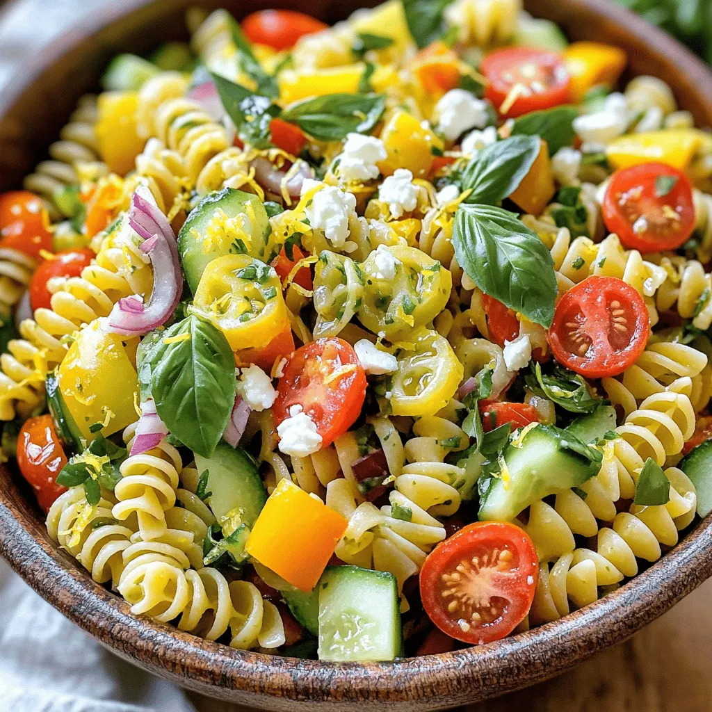 For this Lemon Basil Pasta Salad, you need simple ingredients. Here is what you'll need: - 8 oz (225g) pasta (fusilli or penne works well) - 1 cup cherry tomatoes, halved - 1 cucumber, diced - 1 bell pepper (any color), diced - 1/4 cup red onion, finely chopped - 1/2 cup fresh basil leaves, torn Cook the pasta first. Then, chop the veggies while the pasta cooks. This keeps everything fresh and bright. The dressing is key to this salad. You’ll want to use the following: - 1/4 cup olive oil - 3 tablespoons lemon juice (freshly squeezed) - 1 teaspoon lemon zest - Salt and pepper to taste Mix these ingredients in a bowl. Whisk them together until they blend well. This will bring out the lemony flavor. You can customize your salad with some add-ins. Consider these options: - 1/4 cup feta cheese, crumbled (optional) Feta adds a creamy and salty touch. You can also add nuts or seeds for crunch. Feel free to get creative! For the full recipe, check out the details above. Start by boiling a large pot of salted water. Add 8 oz of pasta to the pot. Cook until it's al dente, about 8 to 10 minutes. Drain the pasta and rinse it under cold water. This stops the cooking and cools it down quickly. Set the pasta aside to cool completely. While the pasta cooks, wash and chop your vegetables. Take 1 cup of cherry tomatoes and cut them in half. Dice 1 cucumber and 1 bell pepper. Lastly, finely chop 1/4 cup of red onion. Place all the vegetables in a large mixing bowl. This will add color and crunch to your salad. In a small bowl, whisk together 1/4 cup of olive oil, 3 tablespoons of fresh lemon juice, and 1 teaspoon of lemon zest. Add salt and pepper to taste. Whisk until the mixture blends well. This dressing will bring a zesty flavor to your salad. Now, add the cooled pasta to the bowl of mixed vegetables. Pour the lemon dressing over the pasta and gently toss to coat all ingredients evenly. Next, fold in 1/2 cup of torn fresh basil leaves and 1/4 cup of crumbled feta cheese, if you like. Be careful not to break the pasta while mixing. Cover the salad with plastic wrap or a lid. Place it in the fridge for at least 30 minutes. This chilling time helps the flavors blend perfectly. Before serving, give the salad another gentle toss. Check the seasoning and adjust if needed. You can serve it chilled or at room temperature. For a nice touch, garnish with extra basil leaves and a sprinkle of lemon zest. Enjoy your fresh and tasty Lemon Basil Pasta Salad! For the complete recipe, refer to the Full Recipe section. To make this dish shine, use fresh ingredients. Fresh basil gives a bright taste. The zest from the lemon adds a punch. You can also squeeze extra lemon juice for more tang. Taste the dressing before you mix it in. Adjust the salt and pepper to your liking. A touch of garlic powder can also enhance the flavor. You can make this salad ahead of time. Prepare the pasta and chop the veggies a day before. Store each part in separate containers in the fridge. Mix everything together when you are ready to serve. This lets the flavors blend nicely. Just remember to chill it for at least 30 minutes. For a beautiful presentation, use a big bowl. Add extra basil leaves on top for color. A sprinkle of lemon zest adds a nice touch, too. If you want, serve it with lemon wedges on the side. This gives guests the option to add more lemon. For a fun twist, serve it in mason jars for picnics or parties. For the full recipe, check out the complete guide. {{image_2}} You can easily make this salad gluten-free. Just swap out regular pasta for gluten-free pasta. Many brands offer tasty options made from rice or chickpeas. Cook it just like regular pasta. Rinse it well to cool it down. This keeps your salad light and fresh. Want to add some protein? It's simple! You can mix in grilled chicken or shrimp. Both options work great with the lemon and basil flavors. If you're looking for vegetarian choices, try chickpeas or white beans. They add protein and a nice texture. Feel free to play with herbs! If you don’t have basil, try parsley or mint. Each herb gives a unique taste to the salad. You can also mix herbs for a more complex flavor. Just remember to use fresh herbs for the best result. For the full recipe, check out the detailed instructions above. Enjoy your cooking! To keep your Lemon Basil Pasta Salad fresh, store it in an airtight container. This helps maintain its crispness and flavor. Make sure to place it in the fridge right after serving. It’s best to avoid leaving it at room temperature for too long. If you have leftovers, try to consume them within a few days for the best taste. You don’t really need to reheat this salad. It tastes great cold or at room temperature. If you prefer, you can also serve it with a drizzle of olive oil or a splash of lemon juice for extra flavor. If the salad seems dry, a little more dressing can help. Just toss gently to mix everything well. When stored properly, Lemon Basil Pasta Salad lasts about 3 to 5 days in the fridge. After that, the vegetables may start to lose their crunch. Always check for any signs of spoilage before serving. If it smells off or looks strange, it’s best to throw it out. Enjoy your salad while it's fresh for optimal taste! For the full recipe, refer to the earlier section of this article. Yes, you can use different pasta shapes. I like fusilli and penne for this salad. You might try bowties or shells too. Just make sure to cook it al dente. This keeps the pasta firm and tasty. If you don't have feta, try goat cheese or mozzarella. Both add a nice creaminess. You can also skip cheese if you want a lighter dish. This salad stays fresh and delicious without it. Absolutely! This salad is great for meal prep. You can make it ahead and store it in the fridge. It keeps well for a few days. Just remember to add the dressing right before serving for the best taste. You can store the salad for up to three days. Keep it in an airtight container in the fridge. The flavors will blend nicely over time, but the veggies stay crisp. Serve this salad chilled or at room temperature. It pairs well with grilled chicken or fish. You can also use it as a side for picnics or potlucks. For fun, try adding some nuts for crunch! Check the Full Recipe for more ideas. In this blog post, we explored the key ingredients for a tasty Lemon Basil Pasta Salad. We detailed each step, from cooking the pasta to making the dressing, combining ingredients, and serving. I shared tips to enhance flavor and options for variations to suit your needs. Remember to store your salad correctly and enjoy it fresh. This dish is simple, fresh, and can fit many diets. Try it out, and I believe you will love it!