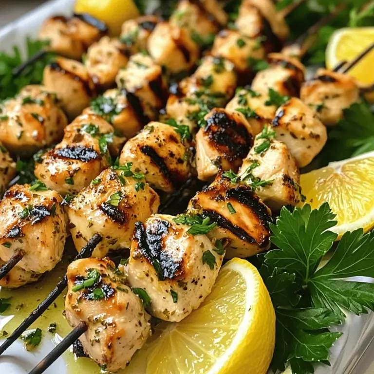 - 2 lbs chicken breast, cut into 1-inch cubes - 4 cloves of garlic, minced - 3 tablespoons olive oil - Zest of 1 lemon - Juice of 2 lemons - 1 teaspoon dried oregano - 1 teaspoon dried thyme - 1 teaspoon smoked paprika - Salt and pepper to taste - Fresh parsley, chopped (for garnish) - Skewers (wooden or metal) When you cook, feel free to swap some items. For olive oil, you can use avocado oil. If you want less garlic, try just 2 cloves instead of 4. Fresh herbs can replace dried ones. Use about three times more fresh herbs. If you want a spicy kick, add cayenne pepper or red pepper flakes. They bring heat and depth to the dish. Using fresh herbs can enhance the flavor. Fresh herbs taste bright and fragrant. They add a burst of flavor that dried ones cannot match. For this dish, fresh parsley and thyme work wonders. When you chop fresh herbs, their oils release. This gives your chicken a lovely aroma and taste. You can also sprinkle fresh herbs on top before serving. It adds color and freshness to your meal. To start, I love marinating the chicken. This step helps the flavors blend well. You should marinate the chicken for at least one hour. If you have more time, let it sit overnight. This makes the chicken even tastier. For marinating, combine minced garlic, olive oil, lemon zest, lemon juice, oregano, thyme, smoked paprika, salt, and pepper in a bowl. Whisk it well. Then add the chicken cubes. Make sure each piece gets coated. Cover the bowl, then place it in the fridge. Next, let's prepare the skewers. If you are using wooden skewers, soak them in water for about thirty minutes. This helps stop them from burning on the grill. If you prefer metal skewers, you can skip this step. Once ready, take the marinated chicken and thread it onto the skewers. Leave a little space between each piece. This helps the chicken cook evenly. Now, it’s time to grill! Preheat your grill to medium-high heat. Place the skewers on the hot grill. Cook for about ten to twelve minutes. Remember to turn them occasionally. This way, they get nice grill marks and cook evenly. The chicken should reach an internal temperature of 165°F (75°C). Once done, remove the skewers and let them rest for a few minutes. Garnish with fresh parsley before serving. For the full recipe, check out the detailed instructions above. To get the best flavor, marinate your chicken for at least 1 hour. If you can wait longer, aim for overnight. This gives the chicken time to soak up all that zesty lemon and garlic goodness. The acid from the lemon helps tenderize the meat, making it juicy and flavorful. To achieve those perfect grill marks, preheat your grill to medium-high heat. Place the skewers on the grill and let them sit without moving them for a few minutes. Flip them only once to let those lovely marks form. This also helps create a nice crust, which adds to the flavor and texture. One common error is not soaking wooden skewers. If you skip this step, they can catch fire on the grill. Always soak them in water for about 30 minutes before using. Another mistake is overcrowding the skewers. Leave some space between the chicken pieces. This ensures even cooking and better grill marks. Enjoy your Lemon Garlic Herb Chicken Skewers! For the full recipe, check out the instructions earlier. {{image_2}} You can switch things up with beef or shrimp. For beef, use tender cuts like sirloin or filet mignon. Cut them into 1-inch cubes, just like the chicken. Beef absorbs marinades well. It pairs nicely with the lemon and garlic. Grill until it’s medium-rare for the best taste. Shrimp is another great option. Use large shrimp, peeled and deveined. Marinating is key here too. Just soak them for about 30 minutes. Grill for 2-3 minutes per side until they turn pink. Both options add a new twist to your skewers. Want to elevate your dish? Try adding more spices or a different marinade. For a kick, add cayenne pepper or crushed red pepper flakes. These add heat and wake up flavors. You can also try a jerk seasoning for a Caribbean twist. Another fun idea is to mix honey into the marinade. It gives a sweet touch that balances the tangy lemon. Fresh herbs can also change the game. Try basil or cilantro for a fresh taste. Each variation can create a unique experience. Side dishes can make your meal even better. A fresh salad is always a hit. Consider a mixed greens salad with a light vinaigrette. Grilled veggies like bell peppers and zucchini also pair well. They add color and flavor. You might also serve rice or quinoa for a hearty meal. Both soak up the juices from the skewers. For a fun twist, add some pita bread and tzatziki sauce. This makes a great dipping option and adds creaminess. Each side dish can enhance the overall experience of your lemon garlic herb chicken skewers. To keep your Lemon Garlic Herb Chicken Skewers fresh, store them in an airtight container. Place them in the fridge if you plan to eat them within three days. If you want to keep them longer, freeze the skewers. Wrap them tightly in plastic wrap, then place them in a freezer bag. They can last up to three months in the freezer. To reheat the skewers, the oven works best. Preheat it to 350°F (175°C). Place the skewers on a baking sheet and cover them with foil. This keeps moisture in and helps prevent dryness. Heat for about 10-15 minutes, or until the chicken is hot all the way through. You can also use a microwave, but it may dry out the chicken. If you use the microwave, cover the skewers and heat in short bursts. Meal prep can save you time and make weeknight dinners easy. Marinate extra chicken pieces ahead of time and freeze them. When you’re ready to cook, just thaw and grill. You can also cook a large batch and store the skewers. They make great lunches or snacks. Pair them with fresh veggies or a salad for a quick meal. For details on preparing the skewers, check the Full Recipe. Marinating chicken skewers is key to great flavor. I recommend marinating for at least 1 hour. If you have time, let them soak overnight. This allows the chicken to absorb all those tasty lemon and garlic flavors. The longer you marinate, the better the taste. Just make sure to keep it in the fridge while marinating. Yes, you can use frozen chicken for skewers. However, you need to thaw it first. Always thaw chicken in the fridge, not at room temperature. This keeps it safe to eat. Once it’s thawed, cut it into cubes and follow the marinade steps from the Full Recipe. Your skewers will still be tasty! There are many great sides to pair with your chicken skewers. Here are a few ideas: - Fresh garden salad - Grilled vegetables like zucchini and bell peppers - Lemon rice or couscous with herbs - Garlic bread for a nice crunch - Roasted potatoes for a filling option Choose sides that complement the chicken's bright flavors! This blog post guides you on making delicious Lemon Garlic Herb Chicken Skewers. You learned about the key ingredients, including chicken, olive oil, and fresh herbs. We covered marinating techniques and helpful grilling tips. Also, we explored variations and ways to store leftovers. In conclusion, grilling is simple and can be customized. By using fresh herbs and following my tips, you'll impress anyone with your cooking. Enjoy making tasty skewers and sharing them with friends and family!