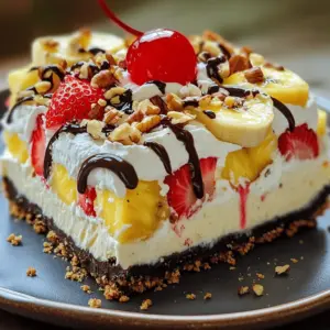 - 2 cups graham cracker crumbs - ½ cup unsalted butter, melted - 8 oz cream cheese, softened - 1 cup powdered sugar - 1 teaspoon vanilla extract - 2 cups heavy whipping cream - 2 ripe bananas, sliced - ½ cup strawberries, sliced - ½ cup pineapple chunks (canned or fresh) - ½ cup chocolate sauce - Chopped nuts (walnuts or pecans), for garnish - Maraschino cherries, for garnish In this recipe, each ingredient plays a key role. The graham cracker crumbs form the base, giving the cheesecake a crunchy texture. The melted butter helps bind the crumbs together, creating a solid crust. Cream cheese adds a rich, creamy base, while powdered sugar gives sweetness. Vanilla extract enhances the flavor, making it more inviting. Heavy whipping cream adds lightness and airiness. The ripe bananas, strawberries, and pineapple chunks provide fruity freshness. Chocolate sauce adds a sweet finish, while the chopped nuts give crunch. Maraschino cherries on top complete the dessert with a fun touch. To make this heavenly no-bake banana split cheesecake, gather all these fresh ingredients. Using the right ones ensures the best taste and texture. For the full recipe, check [Full Recipe]. - First, grab a medium bowl. Combine the graham cracker crumbs and melted butter. - Mix until the crumbs are evenly coated. - Next, press the mixture into the bottom of a springform pan. Make sure it’s tightly packed. - Put the pan in the fridge while you prepare the filling. - In a large bowl, beat the softened cream cheese with a hand mixer. Mix until smooth. - Gradually add in the powdered sugar and vanilla extract. Keep mixing until well combined. - In another bowl, whip the heavy cream until stiff peaks form. - Gently fold the whipped cream into the cream cheese mixture. Make sure it’s fully mixed. - Pour half of the cheesecake filling over the crust in the springform pan. - Layer the sliced bananas, strawberries, and pineapple chunks evenly over the filling. - Carefully spread the remaining cheesecake filling on top of the fruit layer. Use a spatula to smooth it out. - Cover the pan with plastic wrap. Refrigerate for at least 4 hours. For the best results, let it set overnight. - Before serving, drizzle the top with chocolate sauce and sprinkle with chopped nuts. Garnish with maraschino cherries. - Carefully release the cheesecake from the springform pan. Slice and serve your creation! You can find the Full Recipe above for more detailed steps! To make a creamy cheesecake, use room temperature cream cheese. Cold cream cheese can lead to lumps. Let it sit on the counter for about 30 minutes before mixing. This step is vital for a smooth texture. Refrigerate the cheesecake overnight for the best flavor. This waiting time allows the flavors to blend. It also helps the cake set properly. If you are in a hurry, chill it for at least four hours. When serving, drizzle slices with chocolate sauce. It adds a rich taste and looks great. A sprinkle of fresh mint gives a pop of color. It makes each slice more appealing. For cleaner cuts, use a hot knife. Dip the knife in hot water, then wipe it dry. This technique helps the knife glide through the cheesecake. It keeps the slices neat and tidy. For the full recipe, check out the Heavenly No-Bake Banana Split Cheesecake details. {{image_2}} You can switch up the fruits in this cheesecake. Use peaches or blueberries for a twist. They add a fresh taste and look great on your plate. Canned fruits work well too. Try canned peaches or even fruit cocktail. Just drain them well before using. This lets you explore different flavors while keeping it easy. Want to take your cheesecake to the next level? Add a splash of rum or coconut extract. This gives the cheesecake a fun flavor kick. You can also use different sauces. Drizzle caramel or strawberry sauce on top. These additions make each slice even more special. You can customize your cheesecake to fit your taste. For the full recipe, check the section above. Enjoy experimenting! To keep your cheesecake fresh, store it in the refrigerator. First, cover the cheesecake tightly with plastic wrap. This helps prevent it from absorbing any odd smells from the fridge. You can also place it in an airtight container if you prefer. Your cheesecake will stay fresh for up to five days this way. If you want to keep it even longer, consider freezing it. Just slice the cheesecake into pieces. Wrap each slice tightly with plastic wrap, then place them in a freezer bag. This method helps keep the flavors intact. Freezing leftover cheesecake is easy. Once wrapped, place the slices in the freezer. They can be frozen for up to three months. When you’re ready to enjoy a slice, remove it from the freezer. Thaw the cheesecake in the refrigerator for a few hours. This method keeps the texture smooth and creamy. Avoid thawing it at room temperature, as this can make it soggy. Enjoy your cheesecake later with all its yumminess intact! For the full recipe, check out the Heavenly No-Bake Banana Split Cheesecake details. Yes, you can make this cheesecake ahead of time. It tastes even better after chilling. I suggest preparing it a day in advance. This way, the flavors meld beautifully. Just cover it well and keep it in the fridge. Absolutely! You can use low-fat cream cheese and whipped topping. This will cut some calories. You may also try low-fat graham cracker crumbs. The taste will still be great, but it will be lighter. This cheesecake pairs well with many treats. You can serve it with a scoop of vanilla ice cream. Fresh fruit like berries complements it nicely too. For drinks, try serving it with sweet tea or coffee. Yes, you can use a regular cake pan instead. Just line it with parchment paper. This will help you remove the cheesecake later. You can also use individual cups for a fun twist. This cheesecake recipe offers a simple way to create a tasty dessert. You start with a delicious crust and creamy filling, then layer it with fresh fruit. I shared tips to make it smoother and more flavorful, including storage advice for leftovers. In the end, feel free to get creative with flavors and fruits. Your homemade cheesecake can be a hit at any gathering, bringing smiles with every slice. Enjoy making and sharing this delightful treat!