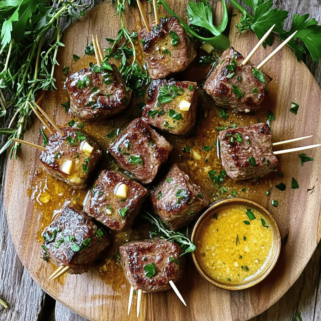 - 1 pound sirloin steak, cut into bite-sized cubes - 4 tablespoons unsalted butter - 4 cloves garlic, minced - 1 teaspoon fresh thyme leaves - 1 teaspoon fresh rosemary, chopped - Salt and pepper to taste - 1 tablespoon olive oil The main ingredients for garlic butter steak bites are simple yet full of flavor. The sirloin steak is a great choice for this dish. It is tender and cooks quickly. The butter adds richness, while garlic gives it that wonderful aroma. Fresh herbs like thyme and rosemary bring freshness and depth to the meal. Don't forget to season the steak with salt and pepper to enhance its natural taste. - Fresh chopped parsley for garnish While not a must, fresh parsley adds a nice touch. It brightens the dish and makes it look appealing. Plus, it brings a fresh taste that balances the richness of the garlic butter. For the full recipe, check out the details above. Start by patting the steak cubes dry with paper towels. This step is key for a good sear. Dry steak bites won’t steam. Instead, they will brown nicely in the pan. Next, season the steak bites with salt and pepper. Use enough to cover all sides. This adds flavor and enhances the meat's natural taste. Now it's time to cook. Heat olive oil in a large skillet over medium-high heat. Wait until the oil shimmers, then add the steak bites. Place them in a single layer to avoid overcrowding. Sear each side for about 2-3 minutes. Look for that beautiful brown crust forming. This means you are doing it right! Cook them to your desired doneness; medium-rare is my favorite. Once they’re browned, reduce the heat to medium. Add butter, minced garlic, thyme, and rosemary to the skillet. Stir gently for about 1-2 minutes. This allows the steak to soak up that rich garlic butter flavor. After the garlic is fragrant and the butter has melted, remove the skillet from heat. Transfer the steak bites to a serving platter. Drizzle the garlic butter sauce over the top. For an extra touch, consider garnishing with fresh chopped parsley. It adds color and freshness. When serving, use a wooden board or platter. Provide toothpicks for easy eating. You can also add a small bowl of leftover garlic butter for dipping. This makes it fun and interactive for everyone! For the full recipe, check out the detailed instructions above. To get the perfect sear on your steak bites, start with dry steak cubes. Pat them with paper towels. This simple step removes moisture. Too much moisture will steam the meat instead of searing it. Use a hot skillet with olive oil for the best results. Add the steak in a single layer. This helps them cook evenly. For doneness, I recommend these levels: - Rare: 120°F - 125°F - Medium-rare: 130°F - 135°F - Medium: 140°F - 145°F - Medium-well: 150°F - 155°F - Well done: 160°F and above Consider adding more seasonings to boost flavor. A pinch of smoked paprika can add a nice kick. You might also try a splash of soy sauce for depth. Marinades work well too, especially if you have time to let the steak soak. Fresh herbs are key to brightening up your dish. Thyme and rosemary are great, but you can also use fresh parsley or oregano. Chop them just before use for the best flavor. Pair your steak bites with simple sides. Roasted veggies or a fresh salad work nicely. Garlic mashed potatoes also complement the dish well. For gatherings, serve the steak bites on a wooden board. Add toothpicks for easy eating. You can even create a mini dipping station with extra garlic butter sauce. This makes it fun and interactive for your guests. For the Full Recipe, check out the detailed instructions and ingredient list! {{image_2}} If you want to switch things up, many cuts work well for steak bites. Here are some great alternatives to sirloin: - Filet Mignon: This cut is tender and rich but can be pricey. - Ribeye: Known for its flavor and marbling, ribeye adds a juicy bite. - Flank Steak: Lean and flavorful, it works best when cooked medium-rare. Cooking times may vary based on the cut you choose. Thicker cuts like filet mignon may need a bit longer in the pan. Always check for doneness with a meat thermometer. Aim for 130°F for medium-rare. You can easily boost the flavor of your steak bites. Here are a few ideas: - Spice Blends: Try adding paprika, chili powder, or even cumin for a kick. - Vegetables: Bell peppers, onions, or mushrooms can add flavor and nutrition. Sauté them in the garlic butter for extra taste. You can mix and match spices and veggies based on your mood. Don't be afraid to get creative! If you have specific dietary needs, I’ve got you covered. Here are some options: - Gluten-Free: This recipe is naturally gluten-free. Just make sure any spices or sauces you use are also gluten-free. - Low-Carb: Pair your steak bites with a side salad or steamed veggies instead of bread or pasta. These small changes can fit your diet without losing taste. Enjoy your steak bites guilt-free! To store leftover garlic butter steak bites, place them in an airtight container. Make sure to seal it well to keep out air. Store the container in the fridge right away. You should eat the steak bites within three days for the best quality. If you want to freeze your steak bites, let them cool first. Once cool, put them in a freezer-safe bag. Remove as much air as possible before sealing the bag. The steak bites can last for about three months in the freezer. When you're ready to eat them, thaw the bag overnight in the fridge. To reheat steak bites without drying them out, the stovetop is best. Heat a skillet over medium heat and add a splash of water or broth. Add the steak bites and cover. This keeps them moist. If you use the microwave, be careful. Heat in short bursts and cover with a damp paper towel. This helps keep the moisture in. Can I use a different type of steak for this recipe? Yes, you can! Cuts like ribeye or tenderloin work great. They add rich flavor. Just remember to adjust the cooking time. Thinner cuts cook faster, so watch them closely. How do I know when steak bites are done? Use a meat thermometer for accuracy. Aim for 130°F for medium-rare and 140°F for medium. If you don't have a thermometer, cut one open to check. Look for a warm pink center. Is there a way to make this recipe ahead of time? Yes! You can marinate the steak cubes a few hours before cooking. This adds flavor. Cook them fresh when you’re ready to serve for the best taste. What should I serve with garlic butter steak bites? These steak bites pair well with mashed potatoes or roasted vegetables. You can also serve them with a fresh salad or crusty bread. They make a great appetizer or main dish. Can I use dried herbs instead of fresh ones? You can, but fresh herbs give the best flavor. If using dried, cut the amount in half. Dried herbs are stronger, so a little goes a long way. How can I make it spicier? Add some crushed red pepper flakes or chopped jalapeños to the garlic butter. You could also use spicy seasoning blends for extra heat. Adjust to your taste for the right kick. Can I cook steak bites in an air fryer? Absolutely! Preheat your air fryer to 400°F. Cook the steak bites for about 8-10 minutes, shaking halfway. They’ll be crispy and delicious without much oil. How to grill steak bites instead of pan-searing? To grill, skew the steak cubes for easy handling. Preheat the grill to medium-high. Grill for about 2-3 minutes on each side. This will give you that smoky flavor everyone loves. You learned how to make garlic butter steak bites with tasty details. We covered main ingredients, step-by-step cooking, and tips for perfect results. Remember to choose the right cut of steak for your dish. Don't hesitate to try new flavors or ideas. This recipe works for gatherings and quick meals. Enjoy your steak bites with sides you love, and store any leftovers properly. Cooking should be fun and easy. Now, gather your ingredients and get started! Enjoy your meal.