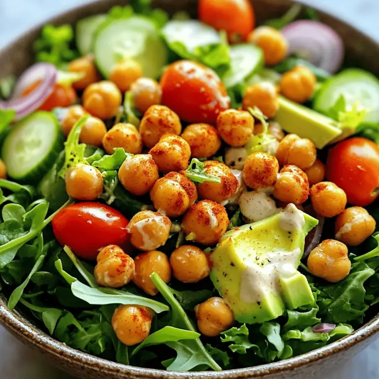 - 1 can (15 oz) chickpeas, drained and rinsed - 2 tablespoons olive oil - 1 teaspoon smoked paprika - 1 teaspoon garlic powder - Salt and pepper to taste - 4 cups mixed greens (spinach, arugula, and kale) - 1 cup cherry tomatoes, halved - 1 cucumber, diced - 1/2 red onion, thinly sliced - 1 avocado, diced - 2 tablespoons tahini - 2 tablespoons lemon juice Crispy chickpeas are the star of this salad. They add a nice crunch. The smoked paprika and garlic powder give them a tasty kick. The greens, tomatoes, and cucumber add freshness. This mix makes every bite exciting. - Additional Proteins: You can add grilled chicken or chickpea pasta for extra protein. - Nuts and Seeds: Almonds or sunflower seeds work well for added crunch. - Cheese Suggestions: Crumbled feta or goat cheese adds creaminess and flavor. Feel free to switch up the add-ins. This salad is flexible. You can create your own version based on what you like. - Baking Sheet - Mixing Bowls - Whisk and Measuring Cups Having the right tools makes cooking easier. A baking sheet is key for roasting the chickpeas. Mixing bowls help combine all the yummy ingredients. A whisk and measuring cups ensure everything is just right. If you want to try this recipe, check out the Full Recipe. Preheating the Oven Start by preheating your oven to 400°F (200°C). This step is key for crispy chickpeas. A hot oven will help them roast perfectly. Sizing Up the Chickpeas Open a can of chickpeas (15 oz) and drain them well. Rinse them under cold water. Then, pat them dry with a paper towel. Removing moisture is vital for crispiness. Coating with Spices In a mixing bowl, add the chickpeas. Drizzle 2 tablespoons of olive oil over them. Sprinkle in 1 teaspoon of smoked paprika, 1 teaspoon of garlic powder, and salt and pepper to taste. Toss until they are fully coated. Baking Instructions Spread the chickpeas in a single layer on a baking sheet lined with parchment paper. Bake them for 25-30 minutes. Shake the pan halfway through to ensure even cooking. Your goal is a golden brown color and a crispy texture. Mixing Greens and Vegetables While the chickpeas bake, grab a large bowl. Add 4 cups of mixed greens, like spinach, arugula, and kale. Then, toss in 1 cup of halved cherry tomatoes, 1 diced cucumber, and 1 thinly sliced red onion. This mix brings color and crunch. Preparing the Tahini Dressing In a small bowl, whisk together 2 tablespoons of tahini and 2 tablespoons of lemon juice. If it feels thick, add a little water. Keep whisking until smooth. This dressing adds richness to your salad. Now, your crispy chickpea salad is nearly ready! Once the chickpeas are done, let them cool a bit. Add them to the bowl of greens and veggies. Drizzle the tahini dressing over everything and toss gently. Top with diced avocado for a creamy touch. Enjoy your crispy chickpea salad! For the full recipe, check [Full Recipe]. To get the best crispy chickpeas, start by drying them well. After draining and rinsing your chickpeas, use a paper towel to pat them dry. This step removes moisture that can make them soggy. You want them as dry as possible before baking. Next, preheat your oven to 400°F (200°C). Spread the chickpeas on a baking sheet. Make sure they are in a single layer. This helps them cook evenly and become crispy. Toss them with olive oil and your favorite spices before baking. Shake the pan halfway through for even cooking. This salad pairs well with many dishes. You can serve it alongside grilled chicken or fish. It also works as a tasty side with soups. The crispy chickpeas add a nice crunch to any meal. For the best experience, enjoy your salad fresh. The textures and flavors are brightest right after making it. If you must save leftovers, store them in the fridge. However, the chickpeas may lose some crispiness. To make your salad even tastier, consider adding herbs. Fresh herbs like parsley or cilantro can brighten the dish. You can also try dried herbs like oregano or basil for a different taste. Alternative dressings can change up the flavor too. You might want to use a classic vinaigrette. A creamy yogurt dressing can add richness. Experiment with what you have on hand to find your favorite combination. For the full recipe, check out the Crispy Chickpea Delight Salad 🥗. {{image_2}} You can change the flavor of your crispy chickpea salad with different dressings. - Classic Vinaigrette: Mix olive oil, vinegar, mustard, salt, and pepper. This is simple and bright. - Creamy Yogurt Dressing: Blend plain yogurt with lemon juice, garlic, and herbs. This adds a rich taste. Feel free to swap ingredients to make the salad your own. - Use of Different Greens: Try using kale, romaine, or even watercress instead of mixed greens. Each green offers a unique flavor. - Seasonal Vegetables: Add veggies like bell peppers, zucchini, or corn for a fresh touch. You can enjoy different tastes all year long. Crunch makes salads exciting. Here are some fun ideas. - Introducing Crunchy Toppings: Add nuts like almonds or walnuts for extra texture. Seeds like pumpkin or sunflower seeds work well too. - Variations in Chickpeas: Try roasting chickpeas with different spices. You can use curry powder or chili powder for new flavors. For the full recipe and more details, check out the [Full Recipe]. - Use airtight containers to keep your salad fresh. - Glass or BPA-free plastic works well. - The salad lasts about 3 days in the fridge. - For leftover chickpeas, bake them again at 400°F for 10 minutes. - This will make them crispy once more. - Keep fresh greens separate from the chickpeas. - You can freeze cooked chickpeas for up to 3 months. - Thaw them in the fridge before using. - Make the salad in advance, but add greens last. Try this crispy chickpea salad recipe and enjoy a healthy flavor-packed delight! For the [Full Recipe], check the earlier sections. If you don’t have tahini, don’t worry! You can use several alternatives. Here are a few ideas: - Nut butters: Almond or cashew butter work well. - Sunflower seed butter: Great for a nut-free option. - Greek yogurt: Adds creaminess and tang. - Hummus: A simple swap that adds flavor. Each option gives a unique taste to your salad. Choose what you like best! Cooking dried chickpeas is simple and fun! Here’s how to do it: 1. Soak: Place 1 cup of dried chickpeas in a bowl. Cover with water and soak for at least 8 hours, or overnight. 2. Drain and rinse: After soaking, drain and rinse the chickpeas. 3. Cook: Place them in a pot and cover with fresh water. Bring to a boil, then reduce heat. Let them simmer for about 1 to 1.5 hours, or until tender. 4. Cool: Drain the cooked chickpeas and let them cool before using in your salad. This method gives you fresh chickpeas full of flavor! Yes, this crispy chickpea salad is gluten-free! All the ingredients are naturally free from gluten. Here’s a quick look: - Chickpeas: Naturally gluten-free. - Vegetables: All fresh veggies are gluten-free. - Dressings: Ensure the tahini and other dressings are labeled gluten-free. Feel free to enjoy this salad without any worries! In this blog post, we covered all the essentials for making a delicious chickpea salad. You learned about key ingredients, optional add-ins, and necessary equipment. We went through step-by-step instructions, baking tips, and ideas for different variations. Remember to store your leftovers properly for freshness. As you experiment, don’t hesitate to try new flavors and textures. Enjoy the process. Creating your unique version can be fun and tasty! Trust your taste buds, and happy cooking!
