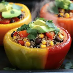 For these stuffed bell peppers, you need to gather some simple yet flavorful ingredients. Here’s what you’ll need: - 4 large bell peppers (any color) - 1 cup quinoa, rinsed - 2 cups vegetable broth - 1 can (15 oz) black beans, drained and rinsed - 1 cup corn (frozen or canned) - 1 cup diced tomatoes (fresh or canned) - 1 small red onion, finely chopped - 2 cloves garlic, minced - 1 teaspoon ground cumin - 1 teaspoon smoked paprika - Salt and pepper to taste - 1 tablespoon olive oil - Fresh cilantro or parsley, for garnish - Avocado slices (optional, for topping) Each ingredient brings its own taste. The quinoa adds a nutty flavor, while the black beans offer protein. The spices like cumin and smoked paprika give warmth. Fresh herbs, like cilantro or parsley, brighten the dish. For a creamy touch, you can add avocado slices on top. This balanced mix creates a tasty meal that everyone will love. You can find the full recipe to guide you through the cooking process. Enjoy preparing these vibrant stuffed bell peppers! - Preheat oven to 375°F (190°C). - Cut the tops off the bell peppers. Remove the seeds and membranes. Place them upright in a baking dish. - In a medium saucepan, heat 1 tablespoon of olive oil over medium heat. - Add 1 small chopped red onion and 2 minced garlic cloves. Sauté until the onion looks clear, about 3-4 minutes. - Add 1 cup of rinsed quinoa to the pan. Stir for one minute to toast it slightly. - Pour in 2 cups of vegetable broth. Bring to a boil, then lower the heat. Cover and simmer for 15 minutes until fluffy. - In a large bowl, combine the cooked quinoa, 1 can of black beans, 1 cup of corn, and 1 cup of diced tomatoes. Add 1 teaspoon each of ground cumin and smoked paprika, plus salt and pepper. Mix well. - Stuff each bell pepper tightly with the quinoa mixture. - Pour about 1/4 cup of water into the baking dish base to steam the peppers. - Cover the dish with foil. Bake for 25-30 minutes. - Remove the foil and bake for another 10-15 minutes until the peppers are soft and slightly charred. You can find the full recipe above for all detailed instructions. How to choose the best bell peppers Pick bell peppers that feel heavy for their size. Look for smooth skin and bright colors. Avoid any with soft spots or wrinkles. Green, red, yellow, or orange all work well. Each color has a unique taste, so choose what you like best. Ensuring perfect quinoa Start with rinsing the quinoa in cold water. This removes the bitter coating. Use a ratio of 1 cup quinoa to 2 cups broth for flavor. Bring it to a boil, then lower the heat. Cover it and let it cook for about 15 minutes. Once done, fluff it with a fork for a light texture. Ideal toppings and sides Top your stuffed peppers with fresh cilantro or parsley for a burst of color. Avocado slices add creaminess and flavor. You can also serve it with a dollop of sour cream or yogurt. Pair with a simple green salad for a complete meal. Best pairings with stuffed peppers Stuffed peppers go well with a side of rice or quinoa. You can also serve them with crusty bread for a filling meal. A light vinaigrette complements the flavors nicely. Consider pairing with a glass of white wine or sparkling water. Adding spices or other ingredients Feel free to mix in spices like chili powder or oregano. You can also add ingredients like olives or nuts for extra crunch. Get creative! Each addition brings new flavors to your dish. Making it spicier or milder For a spicier kick, add chopped jalapeños or a dash of hot sauce. If you prefer milder flavors, cut back on the spices. Adjust the seasonings to match your taste, ensuring every bite is just right. {{image_2}} You can add protein to your stuffed bell peppers in many ways. Ground meat is a popular choice. Use beef, turkey, or chicken for a hearty meal. If you prefer plant-based options, try lentils or tempeh. They add great texture and flavor. You can also mix in different beans. Black, kidney, or pinto beans work well. They boost protein and fiber in your dish. For those with dietary needs, make simple swaps. To keep it gluten-free, ensure all ingredients are certified gluten-free. Most quinoa is naturally gluten-free, making it a safe choice. For vegan and vegetarian diets, skip the meat and use more beans or veggies. Nutritional yeast can add a cheesy flavor without dairy. Feel free to switch out quinoa. Rice or bulgur makes a nice base too. These grains can change the flavor and texture of your dish. Don't be afraid to get creative with fillings. You can add chopped spinach, zucchini, or mushrooms. Each adds a unique taste and nutrition. The goal is to make these peppers your own. Enjoy the process! To keep your stuffed peppers fresh, store them in the fridge. Place them in an airtight container. This method prevents them from drying out or absorbing other smells. You can keep the stuffed peppers in the fridge for about three to four days. If they last longer, they may lose flavor and texture. You can freeze stuffed peppers both before and after baking. If you freeze them before baking, just stuff them and place them in a container. When you are ready to eat, bake them from frozen, adjusting the time to about 45-50 minutes. If you freeze them after baking, let them cool first. Wrap each pepper tightly in plastic wrap and place them in a freezer bag. They last about three months in the freezer. To reheat frozen peppers, thaw them in the fridge overnight. Then, heat them in the oven at 350°F (175°C) until warm, about 20-25 minutes. You can prepare stuffed peppers in advance for easy meals. Cook the quinoa and prepare the filling a day ahead. Store the filling in the fridge. When ready to eat, stuff the peppers and bake them. You can also assemble the peppers and keep them in the fridge for up to 24 hours before baking. This makes dinner quick and easy, especially on busy nights. Can I use other vegetables besides bell peppers? Yes, you can! Zucchini, eggplant, and tomatoes also work well. Just scoop out the insides and fill them. How do you know when stuffed peppers are done? They are done when they feel soft but still hold their shape. You can check with a fork. What can I substitute for quinoa? You can use rice, bulgur, or even farro. Each will give a different texture but still taste great. Can I make this recipe ahead of time? Absolutely! You can prepare the filling and stuff the peppers. Store them in the fridge for up to 24 hours. What is the best way to reheat stuffed peppers? Reheat them in the oven at 350°F (175°C) for about 15-20 minutes. This keeps them warm and tasty. Can I use different beans? Yes, kidney beans, pinto beans, or chickpeas are great swaps. They add different flavors and textures. What's a good substitute for cumin? Try using coriander or chili powder. They add a nice depth to the dish. Stuffed bell peppers are easy and fun to make. You learned about the key ingredients, step-by-step cooking, and helpful tips. Remember to choose fresh peppers and cook the quinoa well for the best taste. Don't hesitate to try different proteins or spices to make your dish unique. Storing leftovers properly can help enjoy them again. This dish is perfect for meal prep. Now, gather your ingredients and start cooking! Enjoy your delicious creations!