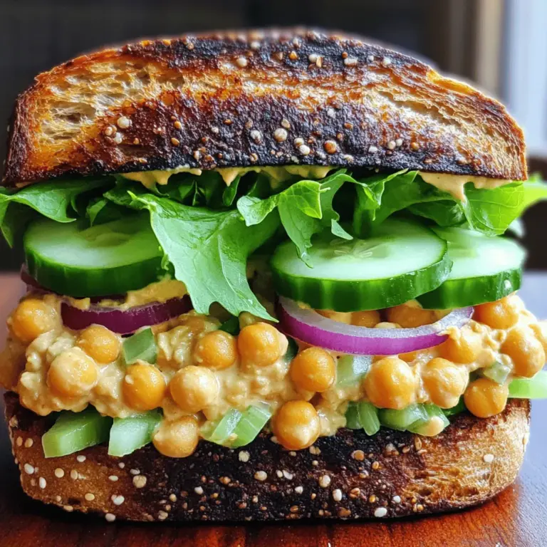 To make a tasty chickpea salad sandwich, you need these key ingredients: - 1 can (15 oz) chickpeas, drained and rinsed - 1/4 cup plain Greek yogurt - 2 tablespoons tahini - 1 tablespoon lemon juice - 1 tablespoon Dijon mustard - 1 small red onion, finely chopped - 1/2 cup celery, finely diced - 1 small cucumber, peeled and diced - 1/4 cup fresh parsley, chopped - Salt and pepper to taste - 4 slices whole grain bread These ingredients give the sandwich its creamy texture and fresh taste. You can boost the flavor with these extras: - Lettuce leaves for crunch - Sliced tomatoes for sweetness These optional ingredients add freshness and make the sandwich even better. Chickpeas are not just tasty; they are also good for you. Here are some health benefits: - High in protein: Great for muscle growth. - Rich in fiber: Good for digestion. - Packed with vitamins: Support overall health. Including chickpeas in your diet helps you feel full longer and keeps your energy up. Plus, they are easy to add to many meals. For the full recipe, please check [Full Recipe]. Start by gathering your ingredients. You need one can of chickpeas, Greek yogurt, tahini, lemon juice, Dijon mustard, red onion, celery, cucumber, parsley, salt, and pepper. In a large bowl, add the drained and rinsed chickpeas. Using a fork or a potato masher, mash them gently. Leave some whole for a nice texture. Next, stir in the Greek yogurt, tahini, lemon juice, and Dijon mustard. Mix until it is creamy and smooth. Now, chop the red onion, celery, and cucumber. Add these to the chickpea mix. Fold in the fresh parsley and season with salt and pepper to taste. Your chickpea salad mixture is ready! Take four slices of whole grain bread. Place them in a toaster or on a skillet. Toast until they reach your desired level of crispiness. Toasting adds great flavor and keeps the sandwich from getting soggy. Now, it’s time to build your sandwich. Start with one slice of toast. Spoon a generous amount of the chickpea salad mixture on it. If you like, add some lettuce leaves and sliced tomatoes for extra crunch and flavor. Finally, place another slice of toast on top. Cut the sandwich in half diagonally. Serve it right away to enjoy the best taste. For the full recipe, check out the details above! To mash chickpeas well, start with drained and rinsed beans. Use a fork or potato masher. I like to leave some chickpeas whole for a nice texture. This gives your sandwich a hearty bite. Be gentle; you want creaminess, not mush. Get creative with your chickpea salad! Add diced bell peppers for crunch. Chopped olives can bring a briny taste. A dash of cumin adds warmth. You can also mix in some diced avocado for creaminess. Each change makes the meal unique. This sandwich pairs well with a side salad. A simple green salad with lemon dressing is great. You can also serve it with vegetable sticks or fresh fruit. For something warm, try a bowl of soup. These sides round out your meal nicely. For the full recipe, check out the Chickpea Delight Sandwich 🥗. {{image_2}} Making a vegan chickpea salad sandwich is easy. You can swap Greek yogurt for a plant-based option. Use cashew cream or silken tofu for a creamy texture. You can also add avocado for extra creaminess. Just mash it well with the chickpeas. This gives a rich flavor while keeping it vegan. You can spice up your sandwich by adding regional flavors. For a Mediterranean twist, mix in olives and sun-dried tomatoes. If you love Indian flavors, add curry powder and chopped cilantro. For a Mexican vibe, toss in lime juice, cumin, and diced jalapeños. These ingredients can turn a simple meal into a world tour of flavors. If you need gluten-free options, don’t worry! Use gluten-free bread or lettuce wraps. You can also use rice cakes or corn tortillas. These alternatives keep your sandwich light and fresh. Just make sure to check labels to ensure they are gluten-free. Enjoy your meal without any worries! For a full recipe, check out the Chickpea Delight Sandwich 🥗. After you enjoy your chickpea salad sandwich, store leftovers in an airtight container. This keeps it fresh and tasty. Place the container in the fridge. Leftover chickpea salad will stay good for up to three days. To serve, just give it a quick stir. If it’s too thick, add a bit of yogurt or lemon juice to loosen it. Bread can get stale fast, so keep it fresh! Store your bread in a cool, dry place. Use a bread bag or a container with a lid. Avoid plastic wraps if you can. They trap moisture and can make the bread soggy. If you notice bread getting hard, you can toast it before using it in your sandwich. You can freeze chickpea salad, but it's best to keep the bread separate. Place the chickpea salad in a freezer-safe container. It can last up to three months in the freezer. When you’re ready to eat it, thaw it in the fridge overnight. Then, toast fresh bread for a crunchy sandwich. This way, you keep the flavors and textures just right. You can use mashed avocado instead of Greek yogurt. It adds creaminess and flavor. A vegan mayo also works well for a similar texture. Try using silken tofu blended until smooth for a dairy-free option. A chickpea salad sandwich stays fresh for about 2 to 3 days in the fridge. Store it in an airtight container to keep it from drying out. If you use fresh veggies, they might lose crispness over time. Yes, making chickpea salad ahead of time is a great idea! It allows flavors to blend better. You can prepare the salad mixture and store it in the fridge. Just toast the bread and assemble the sandwich when you’re ready to eat. Check out the Full Recipe for more details. Chickpea salad sandwiches are quick and healthy meals. We covered the main ingredients and their benefits. Then, I shared easy steps to prepare and assemble your sandwich. Tips on mashing chickpeas and adding flavor will help you make it your own. You can also tweak the recipe for dietary needs. Remember, leftovers are easy to store or freeze. Enjoy making this delicious sandwich for lunch or a snack!