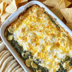 - 1 cup fresh spinach, chopped - 1 cup canned artichoke hearts, drained and chopped Fresh ingredients bring life to this creamy spinach artichoke dip. I love using fresh spinach because it adds a vibrant color and a subtle earthiness. Artichoke hearts add a nice tang and texture. Together, they create a tasty base for our dip. - 1 cup cream cheese, softened - 1/2 cup sour cream - 1/2 cup mayonnaise - 1 cup mozzarella cheese, shredded - 1/2 cup Parmesan cheese, grated Dairy is key for that rich creamy texture. Cream cheese is the star. It gives our dip its smooth base. Sour cream and mayonnaise add tanginess and depth. Mozzarella makes it stretchy and gooey, while Parmesan adds a sharp flavor. Each dairy product plays a role in making this dip unforgettable. - 3 cloves garlic, minced - 1/2 teaspoon crushed red pepper flakes (adjust to taste) - Salt and black pepper to taste Seasonings bring out the best in our ingredients. Minced garlic boosts the flavor with its strong, savory notes. Crushed red pepper flakes add just the right kick. Adjust it based on your spice comfort. Salt and black pepper round out the flavors, making this dip pop. For the full recipe, check the above section. Enjoy making this creamy spinach artichoke dip! First, preheat your oven to 375°F (190°C). This step is key for baking the dip evenly. In a mixing bowl, combine the cream cheese, sour cream, and mayonnaise. Mix until it’s smooth and creamy. This will be the delicious base for your dip. Next, stir in the chopped spinach, artichoke hearts, minced garlic, shredded mozzarella, and grated Parmesan cheese. These ingredients add great texture and flavor. Season the mix with crushed red pepper flakes, salt, and black pepper. Taste it as you go, adjusting the seasoning to your liking. This step ensures your dip will be packed with flavor. Now, transfer the mixture to a baking dish. Spread it evenly for even cooking. Bake it in the preheated oven for about 25-30 minutes. You want it to be hot and bubbly, with the top lightly golden. Check on it to make sure it doesn’t overcook. Once done, remove it from the oven and let it cool for a few minutes before serving. For the full recipe, refer to the details above. Enjoy your creamy spinach artichoke dip with tortilla chips or sliced baguette! To store leftovers, let the dip cool first. Place it in an airtight container. It will stay fresh for up to three days in the fridge. To reheat, you can warm it in the oven at 350°F (175°C) for about 15 minutes. You can also microwave it for a few minutes. Stir it halfway through to heat evenly. You can prepare this dip a day in advance. Just make the dip as per the recipe. After mixing, cover the dish tightly with plastic wrap. Store it in the fridge until you are ready to bake. On the day of serving, take it out and let it sit for 15 minutes. Then, bake it as directed for a warm treat. To get that perfect golden top, sprinkle some extra cheese on top before baking. Keep an eye on it while it cooks. If the edges bubble but the top isn't golden, place it under the broiler for a minute. Watch closely, as it can burn quickly. Enjoy the sight of that deliciously bubbly dip! {{image_2}} You can swap out some key ingredients for a different taste. If you want a lighter dip, try Greek yogurt instead of sour cream. Cottage cheese can work well too. For cream cheese, use ricotta cheese for a creamier texture. If you're short on cheese, try a mix of goat cheese and feta for a tangy twist. Want to spice things up? Add some cooked bacon for a savory crunch. Crumbled sausage also adds great flavor. If you enjoy heat, mix in jalapeños. A dash of Worcestershire sauce or hot sauce can boost the umami taste. Experiment with Italian herbs like oregano or basil for an herbaceous kick. Serving style matters! You can bake the dip in a cast-iron skillet for a rustic look. For a fun twist, serve it in a bread bowl. Arrange tortilla chips or sliced baguette around the dip for easy access. For added flair, top it with fresh herbs or extra cheese before baking. You can also offer a variety of dippers, like veggie sticks, for a colorful platter. What should you serve with creamy spinach artichoke dip? This dip shines best with crunchy tortilla chips or fresh baguette slices. The chips add a nice crunch, while the bread gives a soft bite. You can also pair it with veggie sticks like carrots, celery, or bell peppers. They add color and freshness to your plate. Some enjoy it with a side of pickles or olives for a briny kick. How can you arrange tortilla chips or baguette slices for a stunning look? Start by placing the dip in the center of a large serving platter. Surround it with tortilla chips in a circle. You can stack the chips for height or lay them flat for easy access. For baguette slices, arrange them in a fan shape around the dip. This makes it easy for guests to grab a slice. You can also add some fresh spinach leaves or herbs around the edges for a pop of green. What can you add on top before serving? A sprinkle of fresh herbs like parsley or chives can brighten the dip. You can also add more cheese, like a handful of shredded mozzarella or Parmesan, right before baking. This gives a nice golden crust when it comes out of the oven. If you want a spicy twist, try adding a few slices of jalapeños on top. They give a nice kick and look great too. Yes, you can make this dip ahead of time. Prepare the dip as directed. Store it in an airtight container in the fridge for up to two days. To reheat, simply place it in a baking dish. Bake at 375°F (190°C) for about 15-20 minutes, or until hot and bubbly. This keeps the flavors fresh and makes serving easy. Yes, this dip is gluten-free. All the ingredients listed are safe for a gluten-free diet. Just ensure that your mayonnaise and other packaged items do not contain gluten. Homemade versions of these ingredients can also help avoid gluten. Yes, you can freeze creamy spinach artichoke dip. To freeze, place the dip in a freezer-safe container. Seal tightly and store for up to three months. When ready to eat, thaw it in the fridge overnight. Reheat in the oven as mentioned before. The texture may change slightly, but the flavor will still be delicious. For the full recipe, check out the details above. This blog post covers how to make creamy spinach artichoke dip from scratch. We explored fresh ingredients, dairy components, and seasonings. The instructions guide you from prep to baking, ensuring a perfect dip. Tips help with storage and making the dip in advance. Variations allow for personal twists, while serving suggestions enhance your presentation. In summary, this dip is easy and fun to make. Whether for a party or a cozy night, it will impress everyone. Enjoy your cooking adventure and share this delightful dip with friends!