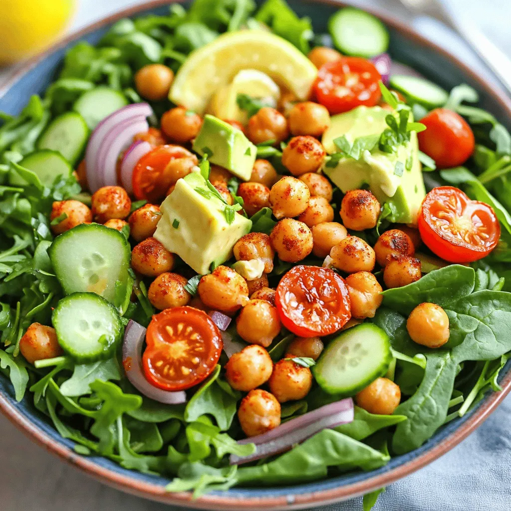 The key ingredients for a crispy chickpea salad are simple yet vibrant. Here’s what you need: - 1 can (15 oz) chickpeas, rinsed and drained - 2 tablespoons olive oil - 1 teaspoon smoked paprika - 1 teaspoon garlic powder - Salt and pepper, to taste - 2 cups mixed greens (spinach, arugula, and romaine) - 1/2 cup cherry tomatoes, halved - 1/2 cucumber, diced - 1/4 red onion, finely sliced - 1 avocado, diced - 2 tablespoons tahini - 2 tablespoons lemon juice - 1 tablespoon honey or agave syrup (optional) - Fresh parsley, chopped (for garnish) These ingredients work together to create a salad that bursts with flavors and textures. The chickpeas give a nice crunch, while the greens add freshness. Using fresh ingredients is crucial for a salad like this. Fresh greens keep the salad crisp and vibrant. The tomatoes and cucumber add juiciness and crunch. Fresh herbs, like parsley, enhance the taste and aroma. Always choose ripe avocados, as they add creaminess. Fresh ingredients make your dish not just tasty but also nutritious. Feel free to customize your salad. You can add ingredients like: - Roasted bell peppers for sweetness - Feta cheese for a salty kick - Nuts or seeds for added crunch - Quinoa or farro for more substance If you have a nut allergy, you can skip nuts. For a dairy-free option, leave out cheese or use a vegan alternative. For the dressing, if tahini is hard to find, you can use yogurt or a simple olive oil vinaigrette. The Full Recipe provides the perfect base, but don’t hesitate to make it your own! First, grab a can of chickpeas. Rinse and drain them well. This step helps remove extra salt and improves taste. Next, take a bowl and add the chickpeas. Pour in olive oil, smoked paprika, garlic powder, salt, and pepper. Toss it all together until the chickpeas are well coated. This mix gives them great flavor. Now, preheat your oven to 400°F (200°C). Line a baking sheet with parchment paper. Spread the seasoned chickpeas on the sheet in a single layer. This helps them bake evenly. Bake for 25-30 minutes. Halfway through, give them a toss. This will ensure they get crispy all around. You want them golden brown and crunchy. While the chickpeas bake, prepare the salad. In a large bowl, mix the greens, cherry tomatoes, cucumber, red onion, and avocado. Toss them gently to combine. For the dressing, whisk tahini, lemon juice, and honey or agave in a small bowl. If it feels thick, add a bit of water until it’s smooth. Once the chickpeas are crispy, let them cool a little. Then, add them to the salad. Drizzle with the dressing and toss everything together. Finish with fresh parsley on top for a nice touch. Enjoy your delicious and healthy crispy chickpea salad! For the Full Recipe, you can check the details above. Start with dried chickpeas if you can. Soaking and cooking them will give a better crunch. If using canned chickpeas, rinse them well. Pat them dry with a towel. This step is key for crispiness. Toss them with olive oil and spices before baking. Spread them out in a single layer on the baking sheet. Bake at 400°F (200°C) for 25-30 minutes. Toss them halfway to get even crispness. Watch them closely near the end to avoid burning. Make your dressing while the chickpeas bake. This way, it’s fresh and ready. Mix tahini, lemon juice, and a pinch of salt in a bowl. If it’s too thick, add a little water to thin it out. Drizzle the dressing over the salad just before serving. This keeps the greens crisp. Toss gently to coat all ingredients without bruising them. Taste the salad before serving. Adjust the seasoning if needed. Serve the salad in a large bowl to show off its color. Garnish with fresh parsley for a pop of green. You can add more toppings, like nuts or seeds, for crunch. This adds more flavor and texture. Pair this salad with a light protein like grilled chicken or fish. It makes for a balanced meal. Enjoy it as a side dish or a main course. The crispy chickpeas add a fun twist that everyone will love. For the Full Recipe, check the detailed instructions. {{image_2}} You can easily make this salad fit a vegetarian or vegan diet. The main ingredients are all plant-based. The crispy chickpeas add protein and crunch. You can swap honey for agave syrup to keep it vegan. This salad is tasty, fresh, and very filling. Good news! This crispy chickpea salad is already gluten-free. All the ingredients are safe for those with gluten issues. Make sure to check any packaged items you use. This way, you can enjoy it without worry. Want a heartier meal? Add some cooked quinoa or brown rice. These grains boost fiber and protein. You can also add grilled chicken or tofu for extra protein. This will keep you full longer. Mix and match to find your favorite combo. Store leftover crispy chickpea salad in an airtight container. Make sure the salad cools down first. This keeps it fresh and tasty for later. If you want to keep the chickpeas crispy, store them separately. Add them right before eating. I recommend glass or BPA-free plastic containers. These containers seal well and keep flavors in. When reheating, use a microwave-safe dish. For best results, reheat chickpeas in the oven to retain their crunch. The salad is best when fresh. However, you can store it in the fridge for up to three days. Chickpeas can last about a week if stored well. Mixed greens should be eaten within a couple of days. Diced veggies are also best within three days for maximum flavor. Yes, you can use dried chickpeas. First, soak them overnight. Then, cook them until soft. This takes more time but offers great flavor. You can add many toppings. Try sliced bell peppers, shredded carrots, or radishes. Nuts like almonds or walnuts add crunch. Feta cheese or olives can add saltiness. Get creative with your favorites! To make this salad early, prep the chickpeas and veggies separately. Store each in airtight containers. Combine them right before serving to keep everything fresh. This keeps the salad crisp and tasty. You can find the Full Recipe online. It has all the steps and tips you need to make this delicious dish. Enjoy cooking! This blog post covered how to make a tasty crispy chickpea salad. We discussed key ingredients, their freshness, and optional swaps. Step-by-step, I shared how to prep, bake, and assemble your salad. You learned tips for a perfect crisp and great dressing. We explored variations for different diets and how to store leftovers properly. To wrap up, enjoy making this salad your own. Fresh ingredients and smart prep make all the difference. Now, you're ready to create a delicious dish everyone will love!