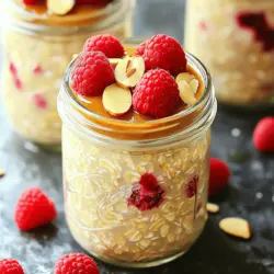 - 1 cup rolled oats - 1 cup unsweetened almond milk - 1/2 cup fresh raspberries (plus more for topping) - 1/4 cup almond butter - 1 tablespoon chia seeds - 1 tablespoon honey or maple syrup (optional) - 1/2 teaspoon vanilla extract - A pinch of salt - Sliced almonds for topping You can swap almond milk for any non-dairy milk, like oat or soy milk. If you prefer other nut butters, try peanut butter or cashew butter. For sweeteners, use agave syrup or coconut sugar. Each choice gives the oats a different taste, so explore what you like best! Oats are a great source of fiber. They help keep you full and support digestion. Raspberries are rich in vitamins and antioxidants. They add both flavor and nutrition to your meal. Almond products, like almond butter and milk, are good for heart health. They provide healthy fats and protein. This meal is not just tasty; it's also good for you! 1. In a large mixing bowl, combine the rolled oats, almond milk, chia seeds, and a pinch of salt. Stir until the mixture is well combined. 2. Next, gently fold in the almond butter and vanilla extract. Make sure it spreads evenly throughout the mix. 3. Now, add in the fresh raspberries. Lightly mash some of them to release their juices, but leave some whole. This gives your oats great texture. Chilling your oats overnight is very important. This allows the oats to soak up the almond milk and flavors. The oats become soft and creamy. If you are short on time, let them chill for at least 4 hours. To serve, give the oats a good stir. Then, divide the mixture into two clear mason jars. This shows off the bright colors of the oats and raspberries. Top with extra fresh raspberries, sliced almonds, and a little more almond butter if you wish. Garnishing with a mint sprig adds a nice touch. Enjoy your beautiful dish! For the complete recipe, check out the [Full Recipe]. You can change the sweetness of your oats. If you like it sweeter, add more honey or syrup. For a less sweet taste, skip the sweeteners. You can also swap fruits. Try blueberries or sliced bananas for different flavors. Each fruit adds a unique twist. One common mistake is over-mixing the ingredients. Mix just enough to combine flavors. If you mix too much, the oats can become mushy. Another mistake is skipping the refrigeration step. Chilling the oats is key. It helps them absorb flavors and thicken correctly. Add spices to boost flavor. A sprinkle of cinnamon or nutmeg can elevate your oats. You can also include superfoods. Chia seeds are great for extra nutrition. They add fiber and healthy fats. Adding nuts or seeds boosts crunch and health benefits too. For the full recipe, check out the section above. {{image_2}} You can change up your raspberry almond overnight oats for fun. - Chocolate almond overnight oats: Add 2 tablespoons of cocoa powder to your oats. This gives a rich, chocolaty twist. You can mix in some chocolate chips too. - Tropical fruit twist: Replace raspberries with ripe mango and shredded coconut. This creates a bright, sunny flavor that feels like a vacation. Many people enjoy making this recipe fit their needs. - Vegan-friendly modifications: Use maple syrup instead of honey. This makes it plant-based and just as tasty. Choose almond milk as your base for creaminess. - Gluten-free options: Oats are gluten-free, but check the label. Ensure your oats are certified gluten-free for safety. Make your overnight oats easy to grab and go! - Adjusting servings for meal prep: You can double the recipe for the week. Store in a large jar and scoop out servings each morning. - Single-serving jars for convenience: Use small mason jars for easy breakfast. Each jar can hold a perfect serving and is ready to eat. Store your raspberry almond overnight oats in the fridge. Use mason jars or airtight containers. These keep the oats fresh and tasty. Make sure to seal them well. This way, the oats absorb the flavors and stay moist. Yes, you can freeze overnight oats. First, let them cool completely. Then, place them in a freezer-safe container. When you want to eat them, take them out and thaw in the fridge overnight. You can also use the microwave for a quick thaw. Just make sure to stir well before eating. Stored oats last about 3 to 5 days in the fridge. If you freeze them, they can be good for up to 3 months. Watch for signs of spoilage, like an off smell or mold. If you see any, it's best to throw them out. Always trust your nose and eyes when it comes to food safety. Yes, you can use quick oats. Quick oats cook faster and absorb liquid quickly. They will make your overnight oats creamier, but the texture will be softer. If you use quick oats, reduce the soaking time to two hours. You can store your overnight oats for up to five days in the fridge. Make sure they are in a sealed container. After five days, the oats may lose their best flavor and texture. Absolutely! You can make a week's worth at once. Just layer the oats in jars and refrigerate. Use different fruits or toppings each day for variety. This way, you have a quick and healthy breakfast ready! Yes, this recipe is very kid-friendly! You can swap almond butter for peanut butter if your child prefers. Add chocolate chips for a treat. Let your kids choose their favorite toppings to make it fun! This blog post covered how to make delicious overnight oats, focusing on key ingredients, steps, and tips. I shared ingredient substitutes and highlighted the nutritional benefits, making it easy for you to customize your oats. Remember, the refrigeration step is key to flavor and texture. With simple variations, you can create a new dish each time. Enjoy your healthy, tasty breakfast that saves time and energizes your day!