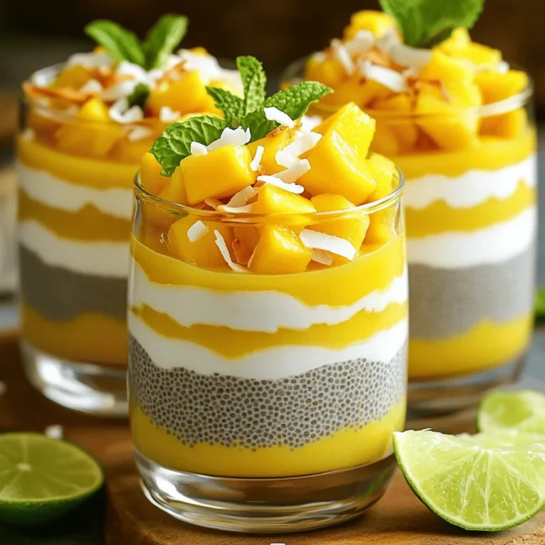 When making Tropical Mango Chia Pudding, you need fresh and simple ingredients. Here’s what you will need: - 1 cup coconut milk (canned or fresh) - 1/4 cup chia seeds - 2 tablespoons honey or maple syrup - 1 ripe mango, diced - 1 tablespoon fresh lime juice - 1/4 teaspoon vanilla extract - Pinch of salt - Toasted coconut flakes (for topping) - Fresh mint leaves (for garnish) These ingredients combine to create a bright and tasty pudding. The coconut milk gives it a creamy base, while the chia seeds add a fun texture. Honey or maple syrup sweetens the mix just right. The ripe mango brings in a burst of tropical flavor. Fresh lime juice adds a zesty kick, balancing the sweetness. Using toasted coconut flakes on top adds crunch and makes it look fancy. The fresh mint leaves not only look great but also add a refreshing touch. If you want to explore the full recipe and details, check out the Full Recipe. - Combine coconut milk, sweetener, vanilla, and salt. In a medium bowl, mix 1 cup of coconut milk with 2 tablespoons of honey or maple syrup. Add 1/4 teaspoon of vanilla extract and a pinch of salt. Whisk until smooth. This creamy blend is the base for your pudding. - Stir in chia seeds and refrigerate. Gradually add 1/4 cup of chia seeds to the bowl while stirring. This helps to avoid clumps. Once mixed, cover the bowl with plastic wrap or put the mixture into a jar. Refrigerate for at least 4 hours or overnight. The chia seeds will soak up the liquid and thicken the mixture. - Prepare mango with lime juice. While the pudding chills, take 1 ripe mango. Dice it into small pieces. In a separate bowl, mix the mango with 1 tablespoon of fresh lime juice. This adds a bright flavor that complements the pudding. - Mix the pudding before serving. After chilling, gently stir the pudding to break up any clumps. This makes it smooth and creamy. - Layer pudding with dressed mango. Spoon the chia pudding into individual bowls. Top each with the lime-dressed mango. The bright colors look so inviting! - Top with coconut flakes and mint. Finish by sprinkling toasted coconut flakes over the mango. Add fresh mint leaves for a pop of green. This adds a nice touch and makes your dish look beautiful. For the full recipe, refer to the section above. Enjoy your Tropical Mango Chia Pudding! To make your mango chia pudding smooth, stir well. When you add chia seeds to the liquid, mix them slowly. This keeps them from clumping together. Clumps can ruin the fun texture. Once mixed, cover the bowl and chill it. Let it sit for at least four hours. This time helps the chia seeds grow and absorb the liquid. The longer it sits, the thicker it becomes, so overnight is best. Serving your pudding in clear glasses makes it shine. You can see the beautiful layers of mango and pudding. This adds a fun look to your dish. To make it even prettier, add a slice of lime or a sprig of mint on the side. These small touches make your dessert pop. They bring color and freshness to the table. Enjoy the eye appeal as much as the taste! {{image_2}} You can change the taste of your Tropical Mango Chia Pudding by adding more fruits. Pineapple brings a sweet and tangy twist. Kiwi adds a bright green color and a bit of tartness. You can also mix in berries for extra flavor and nutrition. Adding spices can elevate this dish too. A pinch of ginger gives warmth and zest. Cinnamon adds a cozy sweetness. Just a small amount can transform your pudding into a unique treat. If you want a vegan option, replace honey with maple syrup. This swap keeps the pudding sweet without using animal products. It works perfectly with the mango flavor. For those needing gluten-free options, this recipe fits the bill! All the ingredients are naturally gluten-free. You can enjoy this pudding without worry, making it a great choice for everyone. You can find the full recipe above to create your delicious Tropical Mango Chia Pudding! Store Tropical Mango Chia Pudding in the fridge for up to five days. To keep it fresh, use a sealed container. This helps maintain its taste and texture. If you notice any excess liquid, stir it back in before serving. Chia pudding can thicken over time, so a quick stir can help. You can freeze chia pudding for later use. Just remember to leave some space in the container. The pudding may expand when frozen. When you want to enjoy it again, defrost it in the fridge overnight. To serve, stir it well and add fresh toppings. Enjoy your refreshing treat anytime! How to make chia pudding creamy? To make chia pudding creamy, use a rich liquid like coconut milk. Whisk the milk well with sweetener and vanilla before adding chia seeds. Stir continuously when adding seeds to avoid clumps. Let it chill in the fridge for a few hours. This allows the seeds to swell and create a thick, creamy texture. Can I use almond milk instead of coconut milk? Yes, you can use almond milk instead of coconut milk. Almond milk gives a lighter taste. It may not be as creamy as coconut milk, but it works well. Choose unsweetened almond milk to control the sweetness. Adjust the amount of sweetener based on your taste. What are the health benefits of chia seeds? Chia seeds are tiny powerhouses of nutrition. They are rich in fiber, which helps digestion. These seeds also contain omega-3 fatty acids, which are good for your heart. They provide protein, and antioxidants and can help keep you full longer. Adding chia seeds to your diet can boost your overall health. Is Tropical Mango Chia Pudding suitable for breakfast? Absolutely! Tropical Mango Chia Pudding is a great breakfast choice. It is nutritious, filling, and gives you energy to start your day. The blend of mango and chia offers vitamins and minerals. Enjoy it as a quick meal or a snack. Where to find the full recipe? You can find the full recipe for Tropical Mango Chia Pudding in this article. It includes all the steps to create this tasty dish. Follow the instructions closely for the best results. Can I scale this recipe for larger servings? Yes, you can easily scale this recipe for larger servings. Just multiply the ingredients by the number of servings you want. Keep the same ratios for each item. This way, you can serve more people without any issues. This blog post shared how to make a tasty Tropical Mango Chia Pudding. I covered essential ingredients and laid out simple steps for you. I offered tips to enhance texture and improve presentation. You can also adjust flavors and cater to different diets. Lastly, I included storage tips to keep your pudding fresh. Enjoy crafting this delicious treat, and don’t be afraid to get creative! It’s easy and fun.