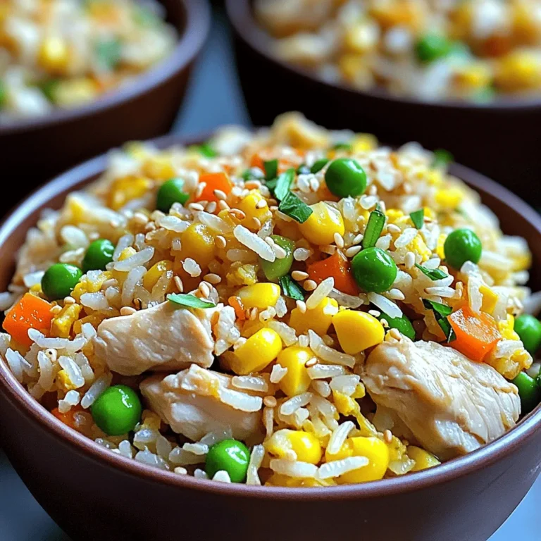 - 2 cups cooked jasmine rice (preferably day-old) - 1 cup chicken breast, diced - 1 cup mixed vegetables (peas, carrots, corn) To make easy chicken fried rice, start with cooked jasmine rice. Day-old rice works best because it is less sticky. Diced chicken breast adds protein and makes the meal hearty. Mixed vegetables, like peas and carrots, give color and nutrition. - 3 tablespoons soy sauce - 2 tablespoons sesame oil - 1 tablespoon vegetable oil Soy sauce adds a salty flavor that is key in fried rice. Sesame oil gives a nice nutty taste. Vegetable oil is perfect for frying and helps everything cook evenly. - 2 cloves garlic, minced - 3 green onions, chopped - 2 eggs, lightly beaten Garlic adds a wonderful aroma and flavor. Green onions bring freshness and crunch. Eggs are optional, but they make the dish richer and more filling. For the full recipe, check out the details above. 1. Heat oil and cook chicken breast Start by heating vegetable oil in a large skillet or wok over medium-high heat. Once the oil is hot, add the diced chicken breast. Cook the chicken for about 5 to 7 minutes until it turns brown and is fully cooked. Make sure to stir it often for even cooking. 2. Set aside cooked chicken After cooking, remove the chicken from the skillet and set it aside. This helps to keep the chicken juicy and ready to mix in later. 1. Sauté garlic In the same skillet, add minced garlic. Sauté it for about 30 seconds. You want the garlic to become fragrant but not burnt. This will add a great depth of flavor. 2. Scramble eggs Push the garlic to one side of the skillet. Pour in the lightly beaten eggs. Scramble the eggs until they are fully cooked, then mix them with the sautéed garlic. This adds richness to the dish. 1. Incorporate vegetables and rice Add the mixed vegetables to the skillet. Cook for about 3 to 4 minutes until they are tender. Then, stir in the cooked jasmine rice. Break up any clumps to make sure everything mixes well. 2. Mix in soy sauce and sesame oil Drizzle soy sauce and sesame oil over the rice mixture. This adds flavor and a nice sheen to your fried rice. 3. Add the chicken back to the mixture Finally, return the cooked chicken to the skillet. Mix everything together until well combined and heated through. You want each bite to be packed with flavor. These steps will guide you to make a delicious Easy Chicken Fried Rice. For a full list of instructions, check out the Full Recipe. Using cold rice is key to great fried rice. Fresh rice is too sticky and can clump. Day-old rice dries out a little, making it perfect for frying. To store rice properly, let it cool first. Then, place it in an airtight container. Keep it in the fridge for up to four days. If you want to store it longer, freeze it in small bags. Just thaw before using. Want to make your fried rice even better? Add more vegetables! Bell peppers, broccoli, or snap peas work well. You can also try extra spices for a kick. A dash of chili flakes or a sprinkle of ginger adds depth. Experiment with sauces like oyster sauce or hoisin for unique flavors. These little changes can make a big difference. To avoid mushy rice, make sure your skillet is hot. Heat the oil before adding the rice. Stir-fry in small batches if your pan is crowded. This keeps the heat high and helps the rice fry evenly. Use a spatula to break apart clumps while cooking. For best results, don’t rush. Let the rice sit in the pan for a minute before stirring again. This technique gives you that nice crispy texture. Follow these tips for a delicious dish every time! For a full guide, check the Full Recipe. {{image_2}} You can change the chicken in this dish for shrimp or tofu. Shrimp cooks fast and adds a nice touch. Just sauté it for a few minutes until it’s pink. Tofu is a great choice for a plant-based meal. Use firm tofu, cut it into cubes, and fry it until golden. Leftover turkey works well, too. If you have any from a holiday meal, just chop it up. It adds a nice flavor and makes this dish even easier. If you need to avoid gluten, look for gluten-free soy sauce. It tastes just as good and works well in this recipe. You can also try tamari, which is a great alternative. For a vegan option, skip the eggs and chicken. You can add more vegetables or some chickpeas for protein. This keeps the meal filling and tasty. Adding spices can give your fried rice a spicy kick. Try chili flakes or sriracha if you like heat. You can also add fresh ginger for a zesty flavor. Different sauces can change the taste, too. Consider teriyaki or oyster sauce for a sweet and savory twist. Mix these in with the soy sauce for a unique flavor. For more details, check out the Full Recipe! To store leftovers, let the chicken fried rice cool first. Place it in an airtight container. This keeps it fresh and safe to eat. You can store it in the fridge for up to three days. If it smells off or looks strange, throw it away. You can freeze the fried rice for later. First, let it cool completely. Then, put it in a freezer-safe container. It can last up to three months in the freezer. When you want to eat it, take it out and thaw it in the fridge overnight. To reheat, use a skillet over medium heat or the microwave. Add a splash of water to keep it moist. For the best results, use airtight containers. Glass or plastic containers work well. Make sure they seal tightly. This helps avoid freezer burn. If you do not have airtight containers, use freezer bags and squeeze out the air before sealing. This keeps your chicken fried rice tasty and fresh! Making Easy Chicken Fried Rice is quick and simple. You need about 10 minutes to prep. Cooking takes roughly 10 minutes. So, the total time is around 20 minutes. This is perfect for busy nights when you want a tasty meal fast. Yes, you can make this dish ahead of time. Cook the chicken fried rice and let it cool. Store it in an airtight container in the fridge. It stays good for up to three days. Reheat it on the stove or in the microwave. This way, you have a quick meal ready to enjoy. The best rice for fried rice is jasmine rice. It has a nice flavor and texture. Day-old rice works best because it is drier. This helps keep the rice from getting mushy. You can also use long-grain rice if you prefer. Short-grain rice tends to be stickier, which is not ideal for frying. This article covered easy chicken fried rice, from ingredients to storage. We explored the main ingredients like jasmine rice and chicken. I shared tips on using day-old rice and suggested variations to suit your taste. Making fried rice is simple and fun. You can customize it as you like. Store leftovers properly to enjoy later. With a few steps, you can create a delicious meal. I hope you are excited to try this recipe!