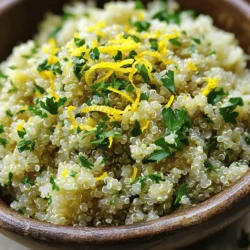- 1 cup quinoa, rinsed - 2 cups vegetable broth or water - 1 tablespoon olive oil - Zest of 1 lemon - Juice of 1 lemon - 1 teaspoon dried thyme - 1 teaspoon dried oregano - 1/2 teaspoon garlic powder - Salt and black pepper to taste - 1/4 cup fresh parsley, chopped (for garnish) The main ingredients set the base for your dish. Quinoa is a superfood. It cooks up fluffy and adds a nice nutty taste. Rinsing the quinoa is crucial. It removes the bitter coating called saponin. The vegetable broth or water cooks the quinoa to a perfect texture. Next, we have flavor enhancers. The zest and juice of a lemon bring bright, fresh notes. Dried thyme and oregano add depth to the dish. These herbs work well together, creating a lovely aroma. Finally, seasoning ties everything together. Garlic powder adds a subtle kick. Salt and black pepper balance the flavors. Fresh parsley gives a pop of color and freshness. You can find the full recipe to make this delicious dish. To start, combine 1 cup of rinsed quinoa and 2 cups of vegetable broth in a medium saucepan. Rinsing the quinoa is key to removing any bitterness. Next, bring the mixture to a boil over medium-high heat. Once it starts boiling, reduce the heat to low. Cover the pot and let it simmer for about 15 minutes, or until the quinoa absorbs all the liquid. You will know it's done when the quinoa is fluffy. While the quinoa cooks, grab a large bowl. In this bowl, whisk together 1 tablespoon of olive oil, the zest and juice of one lemon, and 1 teaspoon each of dried thyme and oregano. This mix adds fresh flavor. Then, season your mixture with 1/2 teaspoon of garlic powder, salt, and black pepper to taste. These ingredients create a bright and zesty dressing that will elevate your quinoa. Once the quinoa is cooked, remove it from the heat. Use a fork to fluff the quinoa gently. Then, transfer the fluffy quinoa into the bowl with your lemon herb mixture. Toss it well so every single grain gets coated with that bright dressing. Let the quinoa sit for a few minutes to absorb those delicious flavors. This step enhances the taste before you serve it! If you want to explore the full recipe, check out the delicious Citrus Zest Quinoa Delight. To make great quinoa, start by rinsing it. Rinsing removes the bitter coating called saponin. Just place the quinoa in a fine-mesh strainer and rinse it under cold water. This step is key to a tasty dish. Next, use vegetable broth instead of water. The broth adds a rich flavor to your quinoa. It makes the dish more flavorful and satisfying. You can find vegetable broth at any grocery store. You can serve quinoa warm or at room temperature. This makes it a versatile dish. It pairs well with grilled vegetables or proteins like chicken or fish. Try it with roasted asparagus or a fresh salad for balance. Garnish your quinoa with fresh parsley or other herbs. This adds color and freshness. You can also add nuts or seeds for crunch. Chopped almonds or sunflower seeds work great. They give your dish a nice texture and extra nutrients. For more details, check the Full Recipe. {{image_2}} You can switch up the herbs in this dish. If you want a new taste, try these swaps: - Replace thyme or oregano with dill or basil. - Fresh herbs give a stronger flavor than dried ones. Using fresh herbs can elevate your dish. I love the bright taste they add. They bring a garden-fresh vibe that dried herbs can't match. Want to make your quinoa heartier? Adding protein is a great way to do that. Here are some ideas: - Mix in chickpeas or edamame for a filling option. - Grilled chicken or shrimp also work well. These additions not only add flavor, but they also make the dish more nutritious. I often use chickpeas for a plant-based boost. They blend well and add a nice texture. To take the flavor up a notch, consider these enhancements: - A pinch of red pepper flakes can add heat. - Sun-dried tomatoes or olives bring extra taste. These simple changes can transform your dish. I like to add sun-dried tomatoes for a sweet, tangy touch. Try mixing and matching different flavors to find your favorite combination. For the full recipe, check out [Full Recipe]. Store any leftover lemon herb quinoa in an airtight container. This helps keep it fresh. You should consume it within 3-5 days for the best taste. If you wait too long, the flavors may fade. You can freeze cooked quinoa for later use. To do this, let it cool completely. Then, place it in a freezer-safe bag or container. Be sure to squeeze out as much air as possible. When you’re ready to use it, just thaw it in the fridge overnight. For a quick option, you can also use the microwave on the defrost setting. To reheat quinoa without losing its flavor, use the microwave or a skillet. If using the microwave, add a splash of water to keep it moist. Heat in short bursts, stirring in between. If using a skillet, add a bit of olive oil and warm it over medium heat. You can serve reheated quinoa warm or at room temperature. Consider adding fresh herbs or a squeeze of lemon for extra flavor. For more details on how to prepare this dish, check out the Full Recipe. Quinoa cooks in about 15 minutes. Start by boiling water or broth. Once it boils, add rinsed quinoa. Reduce heat and cover the pot. Cook until all the liquid is gone. Fluff the quinoa with a fork when done. This method gives you fluffy, perfect quinoa every time. Yes, you can make quinoa ahead of time. Cook it, then cool it down. Store it in an airtight container in the fridge. It stays fresh for 3 to 5 days. For longer storage, freeze it. Quinoa can keep well in the freezer for a couple of months. Just thaw it before use. Lemon herb quinoa pairs well with many dishes. Try serving it with grilled chicken or fish. It also goes great with roasted vegetables. You can even use it as a base for salads. Toss in some beans or nuts for a protein boost. This recipe is flexible and can complement many meals. In this post, we explored a simple lemon herb quinoa recipe. We covered key ingredients, cooking steps, and tips to make it perfect. You learned how to enhance flavors with herbs and spices, and about storage options for leftovers. Quinoa is easy to make and very versatile. You can enjoy it alone or with proteins and vegetables. With these tips, you can create a healthy meal that tastes great. Quinoa is not just food; it’s a tasty way to stay nourished.