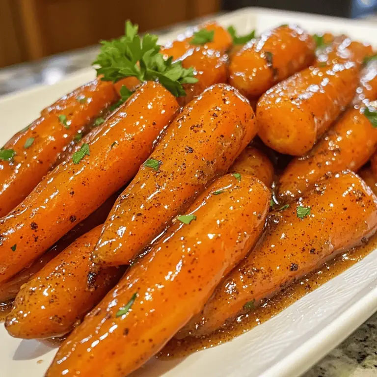 - 1 pound baby carrots (or regular carrots, cut into sticks) - 3 tablespoons unsalted butter - 1/4 cup brown sugar - 1/4 teaspoon cinnamon - 1/4 teaspoon nutmeg - 1/4 teaspoon cayenne pepper (adjust for spice preference) - Salt to taste - 2 tablespoons chopped fresh parsley (for garnish) To make brown sugar glazed carrots, you'll need a few simple items. First, grab some baby carrots. If you can't find them, regular carrots work too. Just cut them into sticks. Next, get unsalted butter. This will help create a rich flavor. Brown sugar is a must for that sweet glaze. For extra warmth, use cinnamon and nutmeg. If you like some heat, add cayenne pepper. Don't forget salt to balance the flavors. Finally, fresh parsley adds a nice touch as a garnish. This recipe is quick and fun. You can find the full recipe in the main article. First, you need to clean the carrots. If you use regular carrots, peel them. Then, cut them into sticks. If you choose baby carrots, just rinse them well. Next, you will cook the carrots for tenderness. Fill a large saucepan with about 2 cups of water. Bring the water to a boil over high heat. Once boiling, add the carrots. Cook them for about 5 minutes. You want them to be just tender, not mushy. Drain the carrots and set them aside for later. Now let's make the glaze. In the same saucepan, lower the heat to medium. Add 3 tablespoons of unsalted butter. Watch it melt slowly. Once melted, stir in 1/4 cup of brown sugar. Add 1/4 teaspoon of cinnamon and nutmeg. For a little kick, add 1/4 teaspoon of cayenne pepper. Don't forget a pinch of salt. Stir the mixture constantly for about 2 minutes. You will see it start bubbling, which means it is ready. It is time to glaze the carrots. Put the cooked carrots back into the saucepan. Toss them in the brown sugar mixture. Make sure all the carrots are well-coated. Cook for an additional 3 to 5 minutes, stirring often. This will help the glaze thicken and stick to the carrots. You want them to be shiny and caramelized. Once they reach that point, they are ready to serve. For the full recipe, refer to the earlier section. To get a great glaze, you need to stir constantly. This helps the sugar melt evenly and coat the carrots. If you stop stirring, the sugar might burn. Cook the carrots just until tender, about five minutes. This keeps them firm and helps the glaze stick well. You can boost the flavor with spices. Try adding ginger or clove for a warm taste. If you like it sweeter, add more brown sugar. For a kick, increase the cayenne pepper. Adjust these to fit your taste. Serving matters for any dish. Place the glazed carrots on a nice platter. This makes them pop on the table. For garnish, sprinkle fresh parsley on top. This adds color and a fresh taste, making your dish look inviting. For the complete recipe, check out the Full Recipe. {{image_2}} You can easily modify this recipe for dietary needs. If you want a dairy-free option, use coconut oil instead of butter. It gives a nice flavor while keeping it plant-based. For sugar substitutes, try using maple syrup or agave syrup. Both add sweetness without using brown sugar. The flavor of glazed carrots can change with different herbs. Adding thyme or rosemary gives a fresh taste. For a sweet twist, mix in dried cranberries or raisins. Nuts like walnuts or pecans add crunch and flavor. You can also add a splash of orange juice for a zesty kick. Instead of boiling, you can roast the carrots in the oven. Toss them with the glaze and roast at 400°F for about 20 minutes. This method gives the carrots a nice caramelized edge. If you prefer a quicker method, use an Instant Pot. Cook the carrots for 2 minutes on high pressure, then toss them in the glaze. You will have tender carrots fast! Feel free to explore the Full Recipe for more details and tips! To keep your brown sugar glazed carrots fresh, store them in an airtight container. Place the glazed carrots in the fridge within two hours after cooking. They can last up to four days. If you have leftovers, make sure they cool down first. This helps avoid excess moisture in the container, which can lead to sogginess. When you want to reheat your glazed carrots, use a skillet. Place them in the pan over medium heat. Add a splash of water or a little butter to keep them moist. Stir occasionally for about five minutes. This method helps maintain their texture and flavor. You can also use the microwave. Put the carrots in a microwave-safe dish and cover it. Heat in short bursts, stirring in between until warm. If you want to freeze glazed carrots, start by letting them cool completely. Then, place them in freezer-safe bags or containers. Remove as much air as possible before sealing. They will stay good for about three months. When you're ready to eat them, thaw in the fridge overnight. Reheat them on the stove or in the microwave for best results. This way, you can enjoy your sweet treat anytime! For the full recipe, check the instructions above. You can use olive oil or coconut oil instead of butter. Both work well. They add a nice flavor too. You can also try using applesauce for a lower-fat option. This gives sweetness without extra fat. Each alternative will change the taste slightly, so pick what you like best. Yes, you can use frozen carrots. Frozen carrots are convenient and save time. They are already cut and ready to cook. However, fresh carrots taste better. They have a crunch that frozen ones might lack. If you use frozen, cook them a bit longer to ensure they get tender. Brown sugar glazed carrots go well with many dishes. They complement roasted chicken or turkey nicely. You can also serve them with pork chops or ham. For a vegetarian option, they pair well with quinoa or rice dishes. Adding these sides makes a balanced meal. This blog post showed you how to make delicious brown sugar glazed carrots. We covered ingredients, step-by-step instructions, tips, variations, storage, and FAQs. These carrots add flavor and sweetness to any meal. You can adjust the recipe to fit your needs, like using different spices or cooking methods. As you try this recipe, keep in mind the tips for the perfect glaze. Enjoy the tasty results and impress your friends and family with beautifully glazed carrots. Cooking is fun and rewarding, so get started today!
