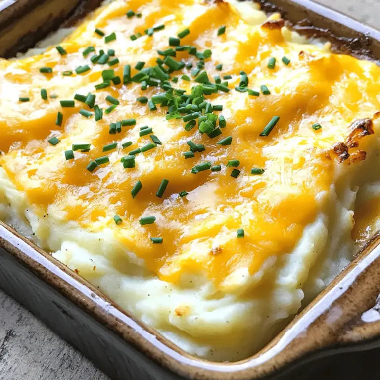To make a cheesy mashed potato casserole, start with some key ingredients: - 4 large russet potatoes, peeled and cubed - 1 cup shredded sharp cheddar cheese - 1/2 cup cream cheese, at room temperature - 1/2 cup sour cream These ingredients give the casserole its creamy texture and rich flavor. The russet potatoes are starchy, which makes them perfect for mashing. Sharp cheddar adds a great tangy taste, while cream cheese and sour cream provide that velvety mouthfeel. You can make this dish your own with a few optional ingredients: - Fresh chives for garnish - Additional types of cheese Chives add a fresh pop of color and a mild onion flavor. You might also try using different cheeses, like mozzarella or gouda, for unique twists. To enhance flavor, consider these seasonings: - 1 teaspoon garlic powder - 1 teaspoon onion powder - Salt and pepper to taste Garlic and onion powder deepen the taste of the casserole. Adjust salt and pepper according to your preference to ensure every bite is full of flavor. For the full recipe, check the instructions for combining these elements perfectly. Boiling the potatoes Start by peeling and cubing four large russet potatoes. Place them in a big pot and cover them with cold, salted water. Turn the heat to high. Once it boils, lower the heat to a simmer. Cook for 15 to 20 minutes, or until the potatoes get soft. You can check if they are done by poking them with a fork. After cooking, drain them and put them back in the pot. Mashing techniques for creamy texture Use a potato masher or a hand mixer to mash the potatoes. You want them to be smooth and creamy. If you mash them well, they will mix better with other ingredients. Incorporating cream cheese, butter, and milk In the same pot, add ½ cup cream cheese, ¼ cup melted butter, and ¼ cup milk. You can adjust the milk based on how creamy you want your casserole. Mix these ingredients well until they are smooth. Adding seasonings for flavor enhancement Now, add 1 teaspoon of garlic powder, 1 teaspoon of onion powder, and some salt and pepper to taste. These spices will make your casserole taste amazing. Stir everything until it is well combined. Transferring to baking dish and adding toppings Next, transfer the mashed potato mixture into a greased 9x13 inch baking dish. Spread it out evenly. Now, fold in 1 cup of shredded sharp cheddar cheese, saving a little for later. Smooth the top with a spatula. Baking time and checking for doneness Sprinkle the reserved cheddar cheese and ½ cup grated Parmesan cheese on top. Place the dish in a preheated oven at 350°F (175°C). Bake for 25 to 30 minutes until the cheese melts and bubbles. It should look golden and delicious when done. For the full recipe and more detailed instructions, check the Full Recipe section. To get that rich and creamy texture, start by adjusting the milk. If you want it extra creamy, add more milk. For a thicker texture, use less. The secret is to find what you like. Also, make sure your ingredients are at room temperature. This helps everything mix well and creates a smooth finish. Spices can make a big difference in flavor. I suggest using garlic powder and onion powder for a savory kick. You can also add a pinch of paprika for some warmth. Fresh herbs like chives or parsley can brighten the dish. If you want a side that pairs well, serve it with roasted chicken or a fresh salad. Serving your casserole beautifully makes it even more appealing. Use a large spoon to scoop out portions and place them on plates. Top each serving with chopped chives for a pop of color. To complete the meal, serve it with steamed broccoli or a simple green salad. This creates a nice balance to the cheesy goodness. For the full recipe, check out the details above. {{image_2}} For those needing gluten-free options, use certified gluten-free flour in place of regular flour. Gluten-free breadcrumbs can also work well for a crispy topping. For a vegan twist, swap out the cheese and dairy. Use plant-based cream cheese and almond milk. Nutritional yeast can give a cheesy flavor without using any dairy. You can easily change the flavor of your casserole. Adding crispy bacon bits brings a savory crunch that many love. Sautéed onions add a sweet touch that enhances the taste. For a veggie boost, consider adding spinach or broccoli. Both mix in nicely and add color and nutrients to the dish. How you serve this casserole can change the vibe of your meal. For a cozy family dinner, a large dish works well. If you want to impress guests, serve in individual ramekins. This makes each serving special. You can also save this dish for special occasions, or enjoy it as a comforting weeknight meal. It fits any setting and tastes great every time. For the full recipe, check out the detailed instructions! To keep your cheesy mashed potato casserole fresh, follow these steps: - Refrigeration: Allow the casserole to cool completely. Store it in an airtight container. It will stay fresh in the fridge for up to 3 days. - Freezing: If you want to save it for later, you can freeze it. Place it in a freezer-safe container. Label it with the date. It can last up to 3 months in the freezer. When it’s time to enjoy your leftovers, you have two great options: - Oven Method: Preheat your oven to 350°F (175°C). Place the casserole in a baking dish. Cover it with foil to keep it moist. Heat for about 20-25 minutes, or until warm. - Microwave Method: Place a serving in a microwave-safe dish. Cover with a damp paper towel. Heat for 2-3 minutes. Stir halfway to keep it even. To maintain texture and flavor, avoid overheating. You want it warm and creamy, not dry. How long can you keep those tasty leftovers? - In the Fridge: Your casserole should be good for about 3 days. - In the Freezer: It can last 3 months, but for best taste, eat it sooner. Look out for these signs that your casserole has gone bad: - Unpleasant smell or odd color - Mold or changes in texture Trust your senses. If something seems off, it’s best to toss it. Yes, you can prep this dish in advance. Prepare the casserole up to the baking step. Cover it tightly with plastic wrap or foil. Store it in the fridge for up to 24 hours. When ready to bake, remove the cover and add extra baking time. This method saves time on busy days. For the best texture, use russet potatoes. They are starchy and create a creamy mash. Yukon gold potatoes are another good choice. They add a buttery flavor and smooth texture. Avoid waxy potatoes like red or new potatoes, as they can be too firm. Absolutely! While sharp cheddar works great, feel free to experiment. Try using mozzarella for stretchiness or gouda for a smoky flavor. You can mix cheeses, like cheddar and Monterey Jack, for depth. Just remember to keep the cheese types balanced for the best taste. Cheesy mashed potato casserole is a comforting, easy dish that everyone loves. We covered essential ingredients, like russet potatoes and sharp cheddar, to make it creamy and flavorful. You can customize it with optional add-ins like fresh chives or different cheeses. We also explored tips for perfecting texture and flavor. You can store leftovers and reheat them conveniently. This dish offers plenty of variations, so feel free to get creative. Enjoy making your version, and relish each cheesy, delicious bite.