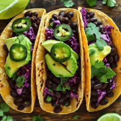 - 1 can (15 oz) black beans, drained and rinsed - 1 tablespoon olive oil - 1 small onion, diced - 2 cloves garlic, minced - 1 jalapeño, seeded and minced - 1 teaspoon ground cumin - 1 teaspoon smoked paprika - 1/2 teaspoon cayenne pepper (adjust to heat preference) - Salt and pepper to taste - 8 small corn tortillas - 1 ripe avocado, sliced - 1 cup shredded red cabbage - 1/2 cup fresh cilantro, chopped - Lime wedges for serving You need simple, fresh ingredients to make Spicy Black Bean Tacos. Start with black beans. I prefer canned beans for ease. Rinse them well to remove extra sodium. Next, grab some olive oil. It adds flavor and helps cook the onion. Dicing the onion is easy. Just chop it into small pieces. Garlic is a must for taste, so mince two cloves. The jalapeño gives heat. Seed it first. Then, chop it finely. Spice lovers can add more cayenne. Ground cumin and smoked paprika round out the flavor profile. Don't forget salt and pepper for seasoning. For the tacos, choose small corn tortillas. They hold the filling well. Avocado adds creaminess, while shredded red cabbage gives crunch. Fresh cilantro brightens the dish. Lime wedges are perfect for squeezing over the tacos. They add a zesty kick. With these ingredients, you can create a vibrant and tasty meal. For the complete cooking process, check the Full Recipe. - First, heat 1 tablespoon of olive oil in a medium skillet over medium heat. - Next, add 1 small diced onion. Sauté it for about 3-4 minutes until it turns soft. - Then, stir in 2 cloves of minced garlic and 1 seeded, minced jalapeño. Cook for 1-2 minutes until you smell the flavors. - Now, add 1 can of drained and rinsed black beans, 1 teaspoon of ground cumin, 1 teaspoon of smoked paprika, and 1/2 teaspoon of cayenne pepper. Season with salt and pepper to taste. - Use a fork to mash some of the black beans. This helps mix the flavors well. Cook for 5 minutes until the mixture is hot. - Warm 8 small corn tortillas in a separate pan over low heat. Do this for about 30 seconds on each side. - Make sure they are pliable but not crispy. This step is key for easy folding. - Take a tortilla and spoon a generous amount of the black bean mixture onto it. - Top it with slices of 1 ripe avocado, 1 cup of shredded red cabbage, and 1/2 cup of chopped fresh cilantro. - Don't forget to serve with lime wedges on the side. Squeeze some lime over your tacos for a fresh burst of flavor. Make sure to check the Full Recipe for all the details! To boost flavor, add spices like chili powder or oregano. These spices add warmth and depth. Fresh herbs like cilantro or parsley brighten each bite. Consider topping your tacos with crumbled queso fresco for creaminess. A squeeze of lime adds a fresh zing that ties it all together. Sauté onions until they are soft and sweet. This takes about three to four minutes. Add garlic and jalapeño next, cooking until fragrant. This step builds a strong flavor base. For warming tortillas, use a dry pan on low heat. Heat them for about 30 seconds on each side. This makes them warm and pliable. To keep tacos crunchy, layer ingredients wisely. Start with the black bean mixture first. Then, add toppings like avocado and cabbage. This way, the crunchy toppings sit on top. Serve immediately to enjoy that crisp texture. You can use a slotted spoon for the beans if they are too wet. This helps keep the tortillas from getting soggy. {{image_2}} You can boost your tacos with extra protein. Grilled chicken adds great flavor. Simply season it with salt, pepper, and lime juice. Cook it on a grill or in a skillet until it's done. If you prefer a plant-based option, grilled tofu works well too. Just marinate it in soy sauce and spices. Slice it up and add it to your tacos for a nice crunch. You can change the heat in your tacos by using different peppers. For a milder taste, use bell peppers instead of jalapeños. If you want more spice, try serrano or habanero peppers. Remember to balance the heat with flavor. Adding a touch of honey or a dollop of sour cream can help tone down the heat while keeping the taste rich. There are many unique toppings you can use. Instead of just avocado, try grilled corn or diced pineapple. These add sweetness and texture. In summer, fresh mango salsa is a great choice. It makes the dish bright and fresh. You can also use seasonal vegetables like radishes or cucumber for a crunch. These options keep your tacos exciting and flavorful. To keep your spicy black bean tacos fresh, store leftovers in an airtight container. This helps prevent moisture loss. Place the black bean mixture and toppings in separate containers. The black bean mix stays fresh in the fridge for about 3-4 days. Avocado and cabbage are best eaten within 1-2 days for optimal taste. When reheating, use a skillet to maintain texture. Heat the black bean mixture on low until warm. For tortillas, warm them on a dry skillet for about 30 seconds on each side. This keeps them soft and pliable. If you need a quick meal, microwave the beans in 30-second bursts, stirring in between. Yes, you can freeze the black bean mixture! Place it in a freezer-safe container. It can last up to 3 months. To thaw, move it to the fridge overnight. For reheating, heat it on the stove or in the microwave. This method keeps the flavors bold and delicious. Spicy black bean tacos are a fun twist on a classic dish. They feature black beans, which offer great flavor and protein. The spices, like cumin and cayenne, give them a nice kick. Topped with fresh ingredients, they are colorful and delicious. You can enjoy them for lunch, dinner, or a quick snack. They are perfect for anyone who loves bold flavors. To make these tacos, follow these key steps from the Full Recipe: - Heat olive oil in a medium skillet. - Sauté diced onion until soft. - Add minced garlic and jalapeño for flavor. - Mix in black beans with spices. - Warm corn tortillas until soft. - Assemble tacos with the black bean mix and toppings. This method makes it easy and quick to create tasty tacos. Yes, you can make spicy black bean tacos gluten-free. Simply use corn tortillas instead of flour ones. Check the labels to ensure they are gluten-free. You can also avoid any sauces or spices that may contain gluten. This way, you can enjoy your tacos without worries. Spicy black bean tacos are quite healthy. Black beans are rich in protein and fiber. They help keep you full and support digestion. These tacos are low in fat, especially if you skip heavy toppings. You can adjust the recipe for dietary needs by using low-sodium beans or adding more veggies. Enjoy them as part of a balanced meal. Spicy black bean tacos are simple and tasty. We covered important ingredients, cooking tips, and variations. You can mix flavors or add protein for more options. Remember to warm your tortillas just right to keep them soft. Store leftovers well and enjoy them later. This recipe is not just easy, but also healthy. Dive into this dish and make it your own! Enjoy your cooking journey!