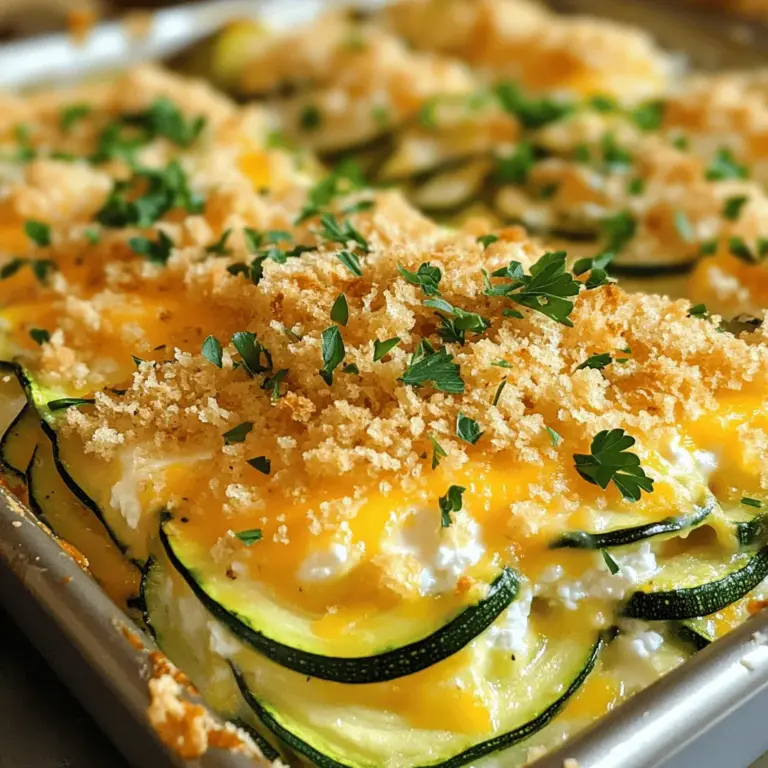 The stars of your cheesy zucchini casserole are fresh zucchini and cheese. You will need: - 4 medium zucchinis, thinly sliced - 1 cup of shredded cheddar cheese - 1 cup of cottage cheese To add flavor, include these fresh ingredients: - 1 medium onion, diced - 2 cloves garlic, minced - Fresh parsley, chopped (for garnish) Next, gather pantry items to complete the dish: - 1 cup breadcrumbs (preferably whole wheat) - 1 tablespoon olive oil You will also need some seasoning components: - 1 teaspoon dried Italian herbs (basil, oregano, thyme) - Salt and pepper to taste This casserole is not just tasty; it’s healthy too! Per serving, you get: - Approximately 200 calories - 10 grams of protein - 5 grams of fiber Zucchini is low in calories and high in water. It helps you stay full. Cheddar cheese adds calcium and protein. Cottage cheese gives you a creamy texture and more protein. Together, these ingredients make a balanced dish. Enjoy the health benefits while savoring each bite! For the full recipe, check out the details above. First, set your oven to 375°F (190°C). This gets it ready for baking. Next, grab a 9x13-inch baking dish and grease it with some olive oil or cooking spray. This helps the casserole not stick. Now, let’s slice the zucchinis. Take four medium zucchinis and cut them into thin rounds. Then, take one medium onion and dice it finely. In a large skillet, heat one tablespoon of olive oil over medium heat. Once hot, add the diced onion. Sauté it for about five minutes, or until it becomes soft and clear. Then, stir in two minced garlic cloves and cook for one more minute. You’ll love the smell! After that, take a large bowl and combine the sliced zucchinis, the onion and garlic mixture, one cup of cottage cheese, and half a cup of shredded cheddar cheese. Don’t forget to add one teaspoon of dried Italian herbs and a pinch of salt and pepper. Stir until everything is mixed well. Now it’s time to transfer the zucchini mixture to your greased baking dish. Spread it out evenly. In another bowl, mix the remaining half cup of cheddar cheese with one cup of breadcrumbs. Sprinkle this mix over the top of the casserole. Place the dish in your preheated oven. Bake for 30-35 minutes. You want the top to turn golden brown and the zucchini to be tender. Once it’s done, take it out and let it cool for a few minutes. Serve it warm and enjoy the flavors! For the full recipe, check out the details above. To make your zucchini slices just right, cut them thin. I suggest about 1/4 inch thick. This keeps them tender but not mushy. Try to keep all slices about the same size. This helps them cook evenly. For that golden breadcrumb topping, mix the breadcrumbs with a little cheese before you sprinkle them on top. This adds flavor and helps with browning. Baking the casserole until the top is golden takes about 30-35 minutes. Be sure to keep an eye on it! Want to boost the flavor? Add a pinch of red pepper flakes or some smoked paprika. These spices give a nice kick. Fresh herbs like basil or thyme can also brighten the dish. If you want to switch up the cheese, try using mozzarella or feta. These cheeses add a different taste. You can even mix them with the cheddar for a fun twist. I love to serve this casserole with a fresh salad. A simple green salad with lemon dressing pairs nicely. You can also add crusty bread for a hearty meal. This dish is best served warm. Let it cool for a few minutes before slicing. For a nice touch, sprinkle some fresh parsley on top. It makes the dish look pretty and adds a burst of flavor. For the full recipe, check out the earlier section. {{image_2}} You can swap zucchini for other veggies. Try yellow squash, eggplant, or bell peppers. Each offers a fresh taste and texture. For cheese, use mozzarella for a milder flavor, or go bold with gouda. Mixing cheeses can give you a new flavor twist. To make this casserole gluten-free, use gluten-free breadcrumbs. For a dairy-free version, try cashew cheese or nutritional yeast. You can make it vegetarian by adding more veggies like spinach or mushrooms. Want low-carb? Skip the breadcrumbs and add more cheese for richness. Add a Mediterranean flair with feta cheese and olives. You can mix in sun-dried tomatoes for a pop of flavor. For a Mexican twist, try adding corn and pepper jack cheese. Grilled chicken or chorizo can also bring in a savory touch. Spices like cumin or smoked paprika enhance the dish too. Explore these variations to keep your Cheesy Zucchini Casserole exciting! For the full recipe, check out the [Full Recipe]. After enjoying your cheesy zucchini casserole, store the leftovers in an airtight container. This keeps the dish fresh and tasty. You can refrigerate it for up to four days. Make sure to let it cool before sealing. This helps to prevent condensation, which can make your casserole soggy. You have two great options for reheating: the microwave or the oven. For the microwave, place a slice on a plate and heat for 1-2 minutes. If you prefer the oven, preheat it to 350°F (175°C). Place the casserole in an oven-safe dish and cover it with foil. Heat for about 15-20 minutes. This method helps to keep the casserole's texture and flavor intact. You can freeze the casserole before or after baking. To freeze before baking, assemble the dish, cover it well with plastic wrap and foil, and store it in the freezer. It can last for up to three months. To freeze after baking, let it cool completely, then wrap it tightly. To thaw, place it in the fridge overnight. Reheat it in the oven at 350°F (175°C) for 30 minutes or until warm. Following these steps ensures your cheesy zucchini casserole stays delicious. For the full recipe, check the guide above. Can I make this dish ahead of time? Yes, you can prepare this casserole a day before. Just cover it and store it in the fridge. When ready to bake, take it out, let it sit for a bit, then pop it in the oven. It will still taste fresh and delicious. What can I serve with Cheesy Zucchini Casserole? This casserole pairs well with a simple green salad or some crusty bread. You might also enjoy it with grilled chicken or fish for a balanced meal. It makes for a lovely, light dinner option. Can I substitute other vegetables instead of zucchini? Absolutely! You can use yellow squash, eggplant, or even broccoli. Just make sure to cut them thinly, so they cook well. Each veggie adds a unique flavor. How do I know when the casserole is done baking? Look for a golden brown top and tender zucchini. You can poke it with a fork to check if the veggies are soft. It should also be bubbly around the edges. Is it possible to make this recipe vegan-friendly? Yes! You can use vegan cheese and replace cottage cheese with a plant-based option. Tofu blends well as a substitute too. Just adjust the seasoning to your taste. How can I adjust the recipe for a smaller or larger crowd? To make it smaller, cut the ingredients in half. For a larger crowd, double everything. Use a bigger baking dish if needed. Just keep an eye on the bake time, as it may vary. For the complete recipe, refer to the Full Recipe section. This blog post walked you through making a cheesy zucchini casserole. We covered key ingredients like zucchini, cheese, and pantry staples. I shared tips on preparation, baking, and storage. You learned about variations, including swaps for different diets and flavors. In the end, this dish is flexible and nutritious. Enjoy experimenting with it to match your tastes. You’ll find that cooking brings joy and creativity into your kitchen.