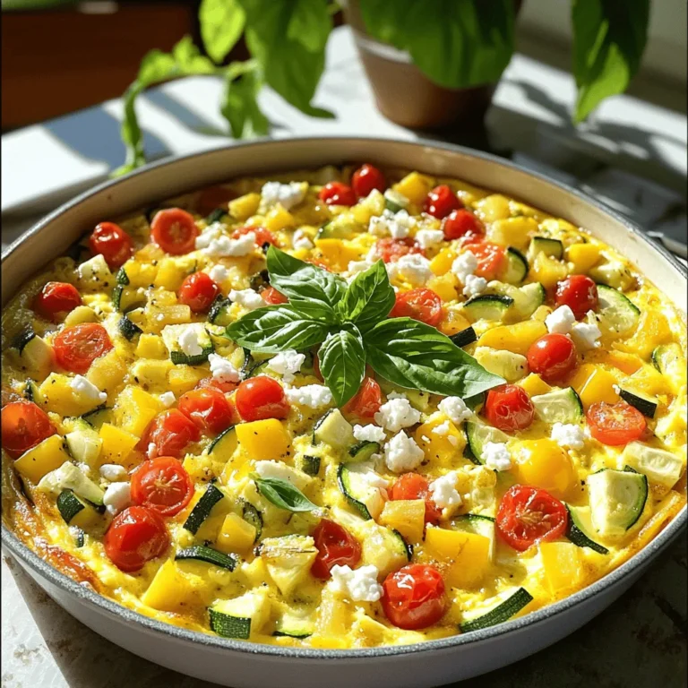 - 6 large eggs - 1 cup cherry tomatoes, halved - 1 zucchini, diced - 1 bell pepper (red or yellow), diced - 1 cup fresh spinach, chopped - 1/2 cup feta cheese, crumbled - 1/4 cup fresh basil, chopped - 1 teaspoon garlic powder - Salt and pepper to taste - 2 tablespoons olive oil Choosing the right ingredients makes your frittata shine. I love using fresh, seasonal veggies. They add bright colors and rich flavors. Cherry tomatoes give sweetness, while zucchini adds crunch. Bell peppers bring a lovely color and taste too. Feta cheese adds a creamy texture and a salty kick. Fresh basil gives a fragrant note that brightens the dish. Always use large eggs for a fluffier frittata. They hold everything together well. Each serving has about 200 calories. Here’s a quick breakdown: - Protein: 12g - Fats: 15g - Carbohydrates: 6g This dish packs a punch with protein from eggs and feta. Plus, the veggies bring fiber and vitamins. It’s a balanced meal perfect for any time of the day. To get the best veggies, shop at local markets. Look for bright colors and firm textures. Seasonal veggies taste better and have more nutrients. Using fresh herbs is key to flavor. Basil is my favorite, but you can try others. Fresh herbs make your frittata taste bright and lively. Dried herbs work too, but fresh is always best! For the complete recipe, check out the Full Recipe. 1. Preheat the oven and prepare the skillet: Start by preheating your oven to 375°F (190°C). While it heats, grab an oven-safe skillet. Add 2 tablespoons of olive oil and place it on medium heat. This helps create a nice base for the veggies. 2. Whisking the eggs and seasoning: In a large mixing bowl, crack 6 large eggs. Use a whisk to beat the eggs well until they look fluffy. Add 1 teaspoon of garlic powder, along with salt and pepper to taste. Mixing these flavors in the eggs gives a great base for our frittata. 1. Sautéing zucchini and bell pepper: Once the oil is hot, add 1 diced zucchini and 1 diced bell pepper (red or yellow). Cook these for about 5 minutes. You want them to be tender but still bright in color. 2. Adding cherry tomatoes and spinach: Next, stir in 1 cup of halved cherry tomatoes and 1 cup of chopped spinach. Cook for another 2-3 minutes. The spinach should wilt down nicely, adding both flavor and color. 1. Pouring eggs over veggies: After the veggies are ready, pour the beaten eggs evenly over them in the skillet. Gently stir everything together. This ensures the eggs cover all the veggies. 2. Adding feta cheese and basil before baking: Now, sprinkle 1/2 cup of crumbled feta cheese and 1/4 cup of chopped fresh basil on top. These will add a burst of flavor. Now, you can follow the [Full Recipe] to complete the cooking process. When making a frittata, keep a close eye on the cooking time. Overcooking the vegetables can turn them mushy. You want them tender, but still vibrant. Also, avoid cutting the frittata too soon. Let it cool for a few minutes before slicing. This helps it hold its shape and makes serving easier. To boost the taste of your frittata, consider adding fresh herbs. Basil, thyme, or parsley can brighten the dish. Adding spices like paprika or red pepper flakes can add warmth. For toppings, try a dollop of sour cream or a sprinkle of fresh herbs. Avocado slices also add creaminess and flavor. For a fluffy frittata, whisk the eggs well. This incorporates air and makes it light. When cooking, keep the heat moderate. Too high of heat can cook the edges quickly while leaving the center runny. Stir gently while cooking to ensure even heat. If you notice the edges set, that's your cue to transfer it to the oven. This method creates a smooth texture that everyone will love. {{image_2}} Feel free to mix and match your favorite summer vegetables. Instead of zucchini, try adding asparagus or eggplant. For a burst of color, use yellow squash or even fresh corn. The key is to select vegetables that are in season. This will make your frittata bright and full of flavor. You can also add meats or alternative proteins. If you enjoy bacon, cook some pieces until crispy and toss them in. For a healthy twist, shredded chicken or turkey works well too. If you want plant-based protein, consider crumbled tofu or chickpeas. These add texture and nutrition. If you need gluten-free or dairy-free options, it’s easy to adjust. Simply skip the feta cheese or use a dairy-free cheese substitute. For a gluten-free dish, make sure all ingredients are labeled as such. The eggs and veggies are naturally gluten-free, so you’re mostly safe. If you want vegan alternatives, replace the eggs with a mix of chickpea flour and water. This creates a similar texture. You can also use silken tofu blended until smooth. Both options work well, but the taste will change slightly. Pair your frittata with fresh sides for an even better meal. A simple salad with greens and vinaigrette complements the dish nicely. Toasted bread adds a nice crunch and makes it more filling. You can even serve it with fresh fruit for a sweet touch. This frittata is perfect for any meal. Serve it for breakfast or brunch for a hearty start to your day. You can also enjoy it for dinner, especially on warm summer nights. Warm or at room temperature, it remains delicious. If you want to impress guests, serve it with a sprig of fresh basil on top. For the full recipe, check out the Sunny Summer Veggie Frittata. To keep your summer veggie frittata fresh, store it in the fridge. Place leftovers in an air-tight container. This helps prevent moisture loss and keeps flavors intact. Make sure it cools down before sealing it tight. This method preserves the taste and texture. If you want to freeze portions, cut the frittata into slices. Wrap each slice in plastic wrap and place them in a freezer bag. This helps keep them fresh for later use. To reheat, simply thaw in the fridge overnight. Then, warm it in the oven at 350°F (175°C) for about 10-15 minutes. This way, you will enjoy a tasty meal again. In the fridge, your frittata will stay fresh for about 3-4 days. Keep an eye on it. If it starts to smell off or shows mold, it’s time to toss it. Check for a slimy texture or unusual color. These signs mean it's no longer safe to eat. Enjoy your frittata while it's at its best! To check if your frittata is done, look for a few signs. First, the edges should pull away from the pan slightly. Then, the center should be firm and not jiggle when you shake the pan. You can also insert a knife in the middle; it should come out clean. When you see these visual cues, your frittata is ready. It should also have a light golden color on top. These tips help ensure you serve a perfectly cooked dish. Yes, frittatas can be made ahead. To prepare, cook your frittata as usual. Once it cools, store it in the fridge. Use an airtight container to keep it fresh. It can last about three to four days in the fridge. If you want to enjoy it later, you can freeze slices. Wrap them tightly in plastic wrap and place them in a freezer bag. When you want to eat, thaw in the fridge and reheat in the oven or microwave. A frittata and an omelette are similar but not the same. A frittata is cooked slowly and finished in the oven. It uses more eggs and often includes many veggies and cheese. An omelette cooks quickly on the stovetop and is folded over. You can use an omelette for a quick meal, while a frittata works for a larger group. Choose based on your needs and time. Customizing your veggie frittata is fun and easy! Start with your favorite vegetables. You can swap zucchini for mushrooms or bell peppers for onions. You can also change the cheese. If you like cheddar, use that instead of feta. Herbs like parsley or cilantro can add a fresh twist. Get creative with your flavors and enjoy the process! For more ideas, check the Full Recipe for inspiration. This blog post covered how to make a tasty veggie frittata. We listed essential ingredients and shared helpful cooking tips. I explained how to prepare the eggs and veggies for the perfect dish. I also discussed common mistakes and ways to enhance flavors. Remember, this frittata can fit many diets and be served anytime. With storage tips, you can enjoy it later, too. I hope you feel ready to make a delicious frittata that suits your taste!