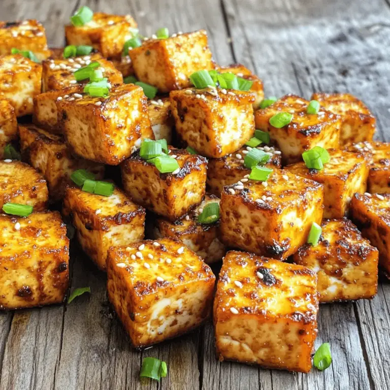 - 1 block (14 oz) firm tofu, pressed and drained - 2 tablespoons cornstarch - 2 tablespoons soy sauce - 1 tablespoon olive oil - 1 teaspoon garlic powder - 1 teaspoon onion powder - 1 teaspoon smoked paprika - Salt and pepper to taste - Optional: chopped green onions and sesame seeds for garnish To make crispy air fryer tofu, start with firm tofu. Firm tofu holds its shape well and gives a nice bite. Press it to remove extra moisture. This makes the tofu crispier when cooked. Cornstarch is key, too. It adds that perfect crunch. Next, gather your seasonings. Garlic powder, onion powder, and smoked paprika create a flavor boost. Don't forget to season with salt and pepper. You can add green onions and sesame seeds for a fresh touch at the end. This combination makes the tofu not just tasty but also fun to eat. You can find the full recipe above to guide you through the process! Pressing the tofu Start by pressing the tofu to remove moisture. Wrap the drained block in a clean kitchen towel. Place a heavy object on top. Let it sit for 15-20 minutes. This step helps the tofu absorb flavor. Cutting into cubes Once pressed, cut the tofu into bite-sized cubes. Aim for about 1-inch pieces. This size gives you a nice crispy texture when cooked. Mixing the marinade ingredients In a large bowl, combine the soy sauce, olive oil, garlic powder, onion powder, smoked paprika, salt, and pepper. Stir well to mix all the flavors. This marinade will enhance the tofu's taste. Coating the tofu cubes Add the cubed tofu into the bowl with the marinade. Gently toss the cubes to coat each piece evenly. Let the tofu marinate for at least 15 minutes. This allows the tofu to soak up all those great flavors. Preheating the air fryer While the tofu marinates, preheat your air fryer to 375°F (190°C). This takes about 5 minutes. Preheating ensures even cooking and a crispy finish. Cooking the tofu cubes Carefully place the coated tofu in the air fryer basket. Arrange them in a single layer for the best results. You may need to fry in batches to avoid overcrowding. Final crispy output Air fry the tofu for 15-20 minutes, shaking the basket halfway through. This helps the tofu cook evenly. When done, the tofu should be golden brown and crispy. Let it cool slightly before serving. Enjoy your crispy air fryer tofu! For the full recipe, check out the details mentioned above. To get crispy tofu, you must press it first. Pressing removes water. This helps the tofu absorb more flavor and get crispy. Wrap the tofu in a clean towel and place a heavy object on it. Let it sit for about 15 to 20 minutes. This step is key to good texture. Cornstarch plays a big role in making tofu crispy. After marinating, sprinkle it over the tofu. Toss gently until all pieces are coated. The cornstarch creates a crunchy outer layer during cooking. It makes a huge difference in texture. Marinating the tofu adds great flavor. I suggest marinating for at least 15 minutes. You can let it sit longer for even more taste. The longer it marinates, the better it gets. Don't be afraid to experiment with spices. Try adding ginger or chili powder for a kick. You can also mix in herbs like thyme or oregano. This makes your crispy air fryer tofu a unique dish every time. For the full recipe, check out the details above. {{image_2}} You can change the flavor of your crispy air fryer tofu with different seasonings. For a fun Asian twist, try adding ginger and sesame oil. These flavors bring a warm, earthy taste that pairs well with tofu. You can also add a bit of soy sauce to enhance those flavors. If you love spice, consider using chili powder or cayenne. These options give your tofu a kick. Just sprinkle the spices on before cooking. You can mix and match to find your favorite flavors. Crispy air fryer tofu tastes great with dipping sauces. Soy sauce is a classic choice. You can also try sriracha for a spicy kick. Both sauces add flavor and moisture to the crispy tofu. Another fun way to enjoy your tofu is to add it to salads or stir-fries. Toss it into your favorite salad for added protein. Or, mix it into a stir-fry with vegetables and rice. This makes for a hearty, delicious meal. For more ideas, check out the Full Recipe. To store leftover crispy air fryer tofu, first let it cool to room temperature. Place the tofu in an airtight container. Refrigerate it for up to 3 days. This keeps it fresh and safe to eat. When you want to reheat the tofu, use your air fryer. Set it to 375°F (190°C) and heat for 5-7 minutes. This method helps maintain its crispness. You can also use a skillet on medium heat. Just add a little oil, and cook until hot and crispy. To freeze air-fried tofu, first let it cool completely. Place the tofu in a single layer on a baking sheet. Freeze it for about 1-2 hours. When frozen, transfer the tofu to a freezer bag. Remove as much air as possible before sealing. For best results, use frozen tofu in stir-fries, soups, or stews. It works well in dishes where it will soak up flavors. Frozen tofu may be softer when thawed, so keep that in mind. This method gives you tasty, easy-to-use tofu whenever you need it. For the full recipe, check the Crispy Air Fryer Tofu Delight section. To make air fryer tofu crispy, start by pressing it well. Remove moisture from the tofu. This step is key for texture. I usually press it for 15-20 minutes. Then, cut it into bite-sized cubes. Coat the tofu in cornstarch after marinating. This helps create that golden crunch. Make sure each piece is evenly coated. In the air fryer, cook at 375°F for 15-20 minutes. Shake the basket halfway through to ensure even cooking. This will give you crispy, delicious tofu every time. Using non-firm tofu can change the dish. Soft or silken tofu holds more water. This added moisture can lead to sogginess. Firm tofu is best for air frying. It has a denser texture, which holds up well during cooking. If you want to use softer tofu, adjust cooking times. You may need to reduce the time to avoid overcooking. However, I always recommend sticking with firm tofu for the best results. Air frying tofu has many health benefits. It uses less oil than traditional frying. This means fewer calories and less fat in your meal. Air frying also keeps the tofu's nutrients intact. Compared to deep frying, air frying is a healthier choice. You still get that crunchy texture but with less guilt. Plus, it allows you to enjoy tofu in a lighter way. This makes air-fried tofu a tasty and nutritious option for meals. For the full recipe, check out the Full Recipe section above. You learned how to make crispy air fryer tofu using simple ingredients and steps. Pressing and marinating tofu is key for flavor and texture. Remember to play with different seasonings and serving ideas. You can store leftovers or even freeze tofu for later use. With these tips, you'll enjoy delicious tofu in various dishes. Keep experimenting and have fun with new flavors!