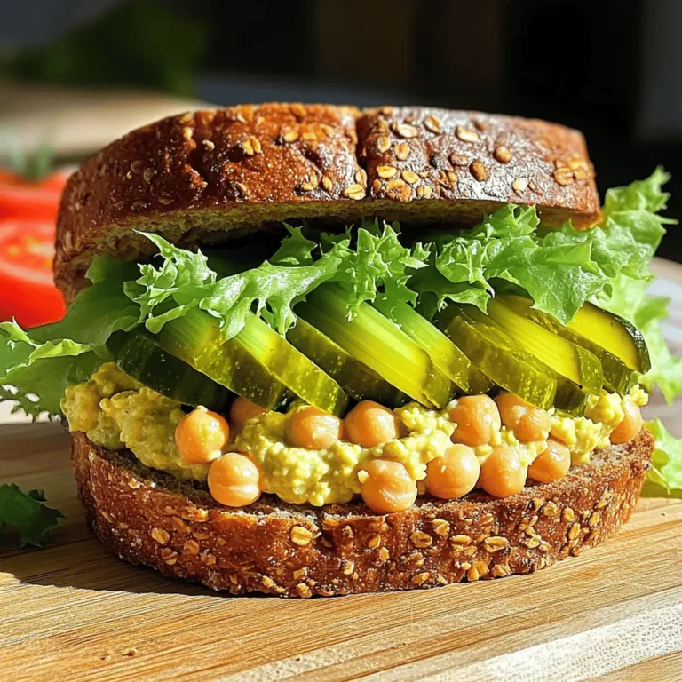 - Chickpeas - Mayonnaise (or vegan mayo) - Dijon mustard Chickpeas form the base of this salad sandwich. They are packed with protein and fiber. I use canned chickpeas for ease, but you can cook your own if you prefer. Mayonnaise adds creaminess, and you can opt for vegan mayo if you want a plant-based version. Dijon mustard gives a nice tangy kick to the mix. - Lemon juice - Red onion - Celery Lemon juice brightens the flavors and adds a zing. I love using fresh lemon juice for the best taste. Red onion offers a sharp crunch, while celery adds a nice texture to the mix. You can adjust the amount based on your taste. - Garlic powder - Salt and pepper - Whole grain or sourdough bread Garlic powder enhances the flavor without being overpowering. I always season with salt and pepper to taste. For the bread, whole grain or sourdough works perfectly. Toasting the bread can add extra crunch, making each bite even more satisfying. This easy chickpea salad sandwich is both simple and quick to make, perfect for any meal. Check out the Full Recipe for detailed steps. 1. Mashing the chickpeas: Start by draining and rinsing the canned chickpeas. Place them in a large mixing bowl. Use a fork or a potato masher to mash the chickpeas. You want to mash them enough to break them down, but keep some whole for texture. 2. Mixing in additional ingredients: Next, add the mayonnaise, Dijon mustard, lemon juice, chopped red onion, celery, dill pickles, and garlic powder. Mix all these ingredients together well. Season with salt and pepper to taste. Make sure every bite has flavor! 1. Toasting the bread: If you like your bread toasted, now is the time. Toast the slices of whole grain or sourdough bread until golden brown. This adds a nice crunch. 2. Spreading the chickpea mixture: Take two slices of the toasted bread and spread a generous layer of the chickpea mixture on each slice. Don't be shy! This is the heart of the sandwich. 1. Adding lettuce and tomatoes: Now it’s time to dress your sandwich! Place fresh lettuce leaves on top of the chickpea mixture. Add sliced tomatoes for a juicy bite. 2. Serving or refrigerating: Place the other two slices of bread on top to complete your sandwich. You can cut the sandwiches in half for easy eating. Enjoy right away or refrigerate for up to an hour for a chilled treat. This recipe is perfect for a quick meal! For the full recipe, refer to the earlier section. To get the best texture, mash the chickpeas lightly. You want some whole chickpeas left for a nice bite. This mix should feel creamy but still chunky. For flavor, add fresh herbs like parsley or dill. A pinch of cumin can really wake up the taste, too. This chickpea salad sandwich pairs well with crunchy carrot sticks or a simple green salad. It’s great for lunch or a light dinner. You can also enjoy it as a snack. It’s perfect for picnics or quick meals on busy days. You can make the chickpea mixture in advance. Just cover it and store it in the fridge for up to a day. Chilling it helps the flavors blend better. If you want a cool meal, let it sit for an hour before serving. This gives you a refreshing sandwich that’s easy and tasty. {{image_2}} You can change the flavor of your chickpea salad sandwich easily. Adding fresh herbs gives it a new taste. Try basil, cilantro, or parsley. Each herb brings its unique flavor. You can also use spices like paprika or cumin. They add warmth and depth to the dish. Incorporating different veggies can make this sandwich fun. You can add diced bell peppers for crunch. Shredded carrots add sweetness. Chopped cucumbers add freshness. Mixing in these veggies keeps every bite exciting. If you want a new flavor, try different spreads. Hummus is a great option. It makes the sandwich creamy and rich. You can use store-bought or homemade hummus. Flavored hummus, like roasted red pepper, adds a twist. Mustard can change the taste too. You might use whole grain mustard for a bold kick. Honey mustard offers sweetness. Each spread changes the vibe of the sandwich. Switching your bread can also make a big difference. If you need gluten-free options, look for gluten-free bread. Many brands offer delicious choices now. You can also use lettuce wraps for a lighter option. This keeps the sandwich fresh and crunchy. Pita bread is another fun choice. It’s soft and can hold all the tasty fillings. Using different breads or wraps keeps your meals interesting. You can enjoy the same chickpea salad in many ways! To keep your chickpea salad sandwich fresh, use an airtight container. Glass or plastic containers work well. Place the sandwich in the fridge as soon as you finish eating. This helps keep it tasty and safe. Your chickpea salad will last about 3 to 4 days in the fridge. If you want to save it longer, you can freeze it. Just remember that the texture may change. I recommend freezing the chickpea mixture, not the bread. When you want to enjoy your sandwich again, use the microwave. Heat it gently for about 10 to 15 seconds. This keeps it warm without making it soggy. If you prefer, you can toast the bread again before serving. This adds a nice crunch to your meal. Yes, you can make this sandwich vegan. Just switch the mayonnaise for vegan mayo. This simple swap keeps the creaminess while making it plant-based. You can also use Dijon mustard and lemon juice as they are vegan-friendly. If you want to change up the base, try using other legumes. Black beans or white beans work well. They both have a nice texture and flavor. You can mash them just like the chickpeas for the same sandwich feel. To add some heat, you can mix in red pepper flakes. You can also add a pinch of cayenne pepper for more kick. If you like it zesty, try a splash of hot sauce or some diced jalapeños. These additions make the sandwich exciting! In this blog post, we explored how to make a tasty chickpea salad sandwich. We looked at key ingredients like chickpeas, mayo, and mustard. Then, we walked through each step to prepare the mixture and assemble the sandwich before adding finishing touches. You also learned tips for perfecting the salad and variations to try. Chickpea salad sandwiches are easy to make and fun to customize. Enjoy experimenting with flavors and ingredients!