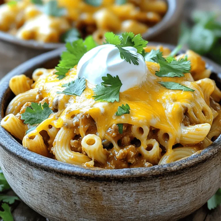 - 1 lb ground beef or turkey - 8 oz elbow macaroni or rotini - 1 can (14.5 oz) diced tomatoes with green chilies - 1 packet taco seasoning or a homemade blend - 1 medium onion, diced - 2 cloves garlic, minced - 1 cup corn, frozen or canned - 1 cup black beans, rinsed and drained - 1 cup shredded cheese, like cheddar or a blend In this recipe, I use ground beef or turkey as the main protein. You can choose either based on your taste or health goals. Pasta options include elbow macaroni or rotini, both of which hold sauce well. Diced tomatoes with green chilies add a zesty kick to the dish. For spices and seasoning, taco seasoning is key. You can buy a packet or make your own blend with chili powder, cumin, paprika, and garlic powder. Diced onion and minced garlic bring depth and aroma to the dish. I love adding corn and black beans for extra texture and nutrition. The shredded cheese melts beautifully, making this meal creamy and comforting. If you want more details on the full recipe, check out the Full Recipe link! First, we need to brown the meat. In a large pot, heat a drizzle of oil over medium heat. Add 1 pound of ground beef or turkey. Cook until it turns brown. Break it apart with a spoon as it cooks. If there is excess fat, drain it off. Next, we will sauté the garlic and onions. Add 1 diced onion and 2 minced cloves of garlic to the pot. Sauté for about 3 to 4 minutes until the onion looks clear. This step adds great flavor to the dish. Now, let's add tomatoes and broth. Pour in 1 can of diced tomatoes with green chilies, juices included. Add 2 cups of chicken or vegetable broth. Stir everything together well. It’s time to incorporate the pasta and other add-ins. Add 8 ounces of elbow macaroni or rotini, along with 1 cup of corn and 1 cup of black beans. Bring the mix to a gentle boil. For cooking time and stirring tips, reduce the heat to a simmer and cover the pot. Let it cook for 10 to 12 minutes. Stir occasionally to prevent sticking. Check the pasta; it should be al dente when done. Finally, let’s melt the cheese. Remove the pot from heat. Stir in 1 cup of shredded cheese until it melts and becomes creamy. Taste the dish and add salt or pepper if needed. For the full recipe, check out the details! To get the best pasta doneness, follow these steps: - Boil water before adding pasta. - Stir the pasta often while cooking. - Check for doneness a minute early. This way, your pasta stays firm and tasty. To avoid stickiness, do this: - Use enough water for boiling. - Stir the pasta during cooking. - Drain well and toss with a little oil if needed. These tips keep your pasta from clumping together. To adjust seasoning, taste your dish before serving. - Add salt and pepper to boost flavor. - Mix in more taco seasoning if you want a stronger taste. Additional spices can take your meal up a notch: - Cumin adds warmth. - Paprika gives a smoky note. - A pinch of cayenne can spark up the heat! Feel free to experiment with spices to match your taste. For serving, I love using deep bowls. - Garnish with fresh cilantro for color. - Add a dollop of sour cream on top. Sprinkling extra cheese makes it even better! Pair your One Pot Taco Pasta with side dishes like: - Simple green salad for freshness. - Garlic bread for a hearty touch. These sides add balance to your meal and make it more enjoyable. {{image_2}} You can switch up the meat in One Pot Taco Pasta. Ground turkey is a great option. It offers a lighter taste. If you want to be plant-based, try lentils or black beans. Both add protein and flavor. You can also add cooked chicken. Just shred it and mix it in during the last few minutes of cooking. If you need gluten-free pasta, many options exist. Look for gluten-free elbow macaroni or rotini. They cook up well in this dish. You can also use spiralized vegetables like zucchini. They add a fresh twist while keeping it light. Just be careful with cooking time, as vegetables cook faster than regular pasta. Want a kick? Add jalapeños for a spicy version. You can mix them with the onions for extra flavor. For a vegetarian or vegan twist, skip the meat and cheese. Use a plant-based cheese and vegetable broth. This keeps the dish fun and tasty, while still being friendly for all diets. Check out the Full Recipe for more details! To keep your One Pot Taco Pasta fresh, store leftovers in an airtight container. This way, it stays tasty and safe. It will last in the fridge for about 3 to 4 days. Make sure to let it cool before sealing it up. Freezing is a great way to save portions for later. First, let the pasta cool completely. Then, divide it into meal-sized portions and place them in freezer bags. Try to squeeze out as much air as you can before sealing. For reheating, let it thaw overnight in the fridge. Then, heat it gently on the stove or in the microwave. Stir it often to keep the texture nice. Making One Pot Taco Pasta ahead of time is smart. Use clear storage containers to keep track of servings. This dish is perfect for busy weeknights. You can pack it for lunch or serve it for dinner. Pair it with a salad or some tortilla chips for a complete meal. This recipe is quick and easy. The total prep and cook time is about 30 minutes. You spend 15 minutes getting ready and 15 minutes cooking. It’s a great choice for busy nights. Yes, you can easily adapt this dish. For cheese, try using a dairy-free cheese. For sour cream, use cashew cream or dairy-free yogurt. These options still add creaminess and flavor. You can pair this meal with many sides. Consider a fresh salad or tortilla chips with salsa. You might also enjoy it with guacamole or a side of steamed veggies. These additions make your meal even better. For the full recipe, check out the complete guide! This One Pot Taco Pasta recipe brings together ground beef or turkey, tasty spices, and pasta to create a quick, delicious meal. You can customize it with corn and black beans, plus melt in cheese for extra flavor. Remember to store leftovers properly to keep them fresh. If you want to mix things up, try different proteins or pasta options. Cooking should be fun and easy, so enjoy your tasty creation and share it with friends!