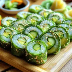 To make these sushi rolls, you need some key ingredients: - 1 cup sushi rice - 1 1/4 cups water - 2 tablespoons rice vinegar - 1 teaspoon sugar - 1/2 teaspoon salt - 4 nori sheets - 1 medium cucumber, julienned - 1 ripe avocado, sliced - 1/2 bell pepper (red or yellow), julienned - Sesame seeds, for garnish - Soy sauce or tamari, for dipping These ingredients create a fresh and tasty sushi roll. The sushi rice gives a nice base, while the cucumber and avocado add a creamy texture. You can add extra ingredients for more flavor: - Cream cheese for a creamy twist - Fresh herbs like cilantro or basil for a hint of freshness - Spicy mayo for a kick - Pickled ginger for a classic sushi touch Feel free to mix and match based on your taste. These ingredients can take your rolls to the next level. You will need some handy tools to make the process easy: - Bamboo sushi mat - Sharp knife for slicing the rolls - Bowl for mixing the rice vinegar solution - Pot for cooking the sushi rice - Damp cloth to clean the knife while cutting Having these tools ready will make your sushi-making fun and simple. You can find the complete recipe at [Full Recipe]. To start, rinse 1 cup of sushi rice under cold water. Keep rinsing until the water runs clear. This step removes excess starch. Next, put the rinsed rice in a pot with 1 1/4 cups of water. Bring it to a boil. Once boiling, reduce the heat to low and cover the pot. Let it simmer for 18-20 minutes. The rice should be tender and all the water absorbed. After cooking, mix 2 tablespoons of rice vinegar, 1 teaspoon of sugar, and 1/2 teaspoon of salt in a small bowl. Stir until dissolved. Transfer the cooked rice to a large bowl. While the rice is warm, gently fold in the vinegar mixture. Let the rice cool to room temperature. Now, prepare your veggies. Julienne 1 medium cucumber and slice 1 ripe avocado into thin strips. You can also julienne 1/2 a bell pepper in red or yellow. Place a bamboo sushi mat on a flat surface. Lay a sheet of nori, shiny side down, on the mat. With wet hands, spread a thin layer of sushi rice over the nori. Leave the top edge free of rice for sealing. Next, arrange a few strips of cucumber, avocado, and bell pepper diagonally along the bottom edge of the rice-covered nori. Starting from the bottom, use the bamboo mat to carefully roll the sushi away from you. Apply gentle pressure to form a tight roll. Wet the top edge of the nori to seal the roll. Grab a sharp knife to cut the roll into bite-sized pieces. Wipe the knife with a damp cloth between cuts. This keeps your edges clean. Once cut, sprinkle sesame seeds over the sliced rolls for added texture and flavor. To serve, arrange the sushi rolls on a bamboo platter. Garnish with pickled ginger and wasabi on the side. Drizzle a little soy sauce over the top for an attractive finish before serving. Enjoy your homemade cucumber avocado sushi rolls! For full details, refer to the Full Recipe. To roll sushi well, start with a bamboo mat. Place a sheet of nori on the mat, shiny side down. Wet your hands to keep the rice from sticking. Spread a thin layer of sushi rice over the nori, leaving a little space at the top. The key is to press the rice gently, not too hard. Add your fillings in a line across the bottom of the rice. When rolling, use the mat to guide you. Roll tightly but not too tight. Wet the top edge of the nori to seal the roll. One mistake is using too much rice. This can make the roll bulky. Another error is not wetting your hands. This can lead to sticky fingers and messy rolls. Also, avoid overfilling your roll. Too many ingredients can make it hard to seal. Lastly, don’t forget to clean your knife between cuts. This keeps your sushi looking neat and presentable. To boost flavor, try adding a dash of lime juice to the avocado. This adds freshness and prevents browning. You can also sprinkle sesame seeds on the rice for a nutty taste. For a kick, add thin slices of jalapeño with your veggies. If you want a sweet touch, drizzle a little honey over the vegetables. These small changes can elevate your sushi rolls and make them extra special. {{image_2}} You can change the fillings in your sushi rolls. Try using cooked shrimp or tempura veggies. You can also add cream cheese for a rich taste. For a spicy kick, add sriracha or spicy mayo. Feel free to mix and match for fun flavors. To make your sushi rolls vegetarian or vegan, skip any seafood. Use fresh vegetables like carrots, radishes, or sprouts. Tofu makes a great filling, too. Marinate it in soy sauce for extra flavor. This way, everyone can enjoy your sushi rolls. If you have dietary needs, you can still enjoy sushi. For gluten-free rolls, use tamari instead of soy sauce. Avoid rice vinegar with gluten if you need to. If you are allergic to sesame, leave out the seeds. This recipe is flexible to meet your needs. Check the [Full Recipe] for more ideas. To keep your leftover sushi fresh, wrap each roll tightly in plastic wrap. This helps to keep the moisture in and prevents them from drying out. You should place the wrapped rolls in an airtight container. Store them in the fridge for up to 24 hours. Avoid stacking the rolls; this helps keep them from getting squished. Generally, sushi is best enjoyed cold, but if you want to reheat it, do so gently. Place the rolls in a microwave-safe dish with a damp paper towel. Heat in 10-second intervals until warm. Be careful not to overheat, as this can change the texture and flavor. Sushi rice can become tough if heated too long. Freezing sushi rolls is tricky. While you can freeze them, the texture changes once thawed. If you want to freeze, wrap the rolls tightly in plastic wrap and then in foil. Store them in the freezer for up to one month. To thaw, place the rolls in the fridge overnight. Enjoy them cold for the best taste, or warm them slightly if you prefer. The best rice for sushi is short-grain sushi rice. This rice is sticky, making it easy to roll. It holds its shape well when pressed. Look for brands labeled "sushi rice" or "Calrose." These types provide the perfect texture for your rolls. Yes, you can make sushi without a bamboo mat. You can use a clean kitchen towel or plastic wrap instead. Just place the nori and rice on it, and carefully roll. It may take a bit more practice, but it works. Sushi rolls last about 24 hours in the fridge. They taste best fresh, so eat them soon. Store them in an airtight container to keep the nori from getting soggy. If you want to make sushi ahead of time, consider preparing the rice and fillings separately. This way, you can roll them fresh later. Cucumber avocado sushi rolls are simple and fun to make at home. You need the right ingredients, tools, and techniques to roll sushi perfectly. With tips on flavor and storage, anyone can enjoy fresh sushi. Remember to try different fillings and adjust for dietary needs. Keep experimenting to find what you love. Making sushi is a great way to impress friends and enjoy healthy food. Stay creative and have fun with each roll!