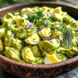 - 3 large eggs, hard-boiled and chopped - 1 ripe avocado, mashed - 1 tablespoon mayonnaise (or Greek yogurt for a healthier option) - 1 teaspoon Dijon mustard - 1 small red onion, finely chopped - Salt and pepper, to taste - Fresh dill or chives for garnish (optional) Selecting ripe avocados When choosing an avocado, look for one that feels slightly soft when you press it. It should not be too squishy. A ripe avocado has smooth skin and a vibrant color. If it’s too firm, give it a few days to ripen. Choosing fresh eggs Fresh eggs have a firm white and a bright yolk. You can check for freshness by placing the egg in a bowl of water. If it sinks and lays flat, it’s fresh. If it stands upright or floats, it's best to discard it. Types of mayonnaise or yogurt For this recipe, mayo adds creaminess. If you want a lighter option, Greek yogurt works great. It brings a tangy flavor and is healthier. Choose plain yogurt for the best taste. To boil eggs perfectly, place the eggs in a pot. Cover them with cold water. Bring the water to a boil over high heat. Once it boils, reduce the heat to medium-low. Let the eggs simmer for 9-12 minutes. For a softer yolk, aim for 9 minutes. For a firmer yolk, go for 12 minutes. After boiling, transfer the eggs to a bowl of cold water. This cools them down quickly and makes peeling easier. Let them sit for about 5 minutes. Gently tap each egg on a hard surface. Roll it lightly to crack the shell. Start peeling from the wider end for best results. Chop the eggs into small pieces. In a mixing bowl, add the ripe avocado. Use a fork to mash it until smooth. Then mix in one tablespoon of mayonnaise and one teaspoon of Dijon mustard. Stir until the mixture is creamy and well combined. Next, add the chopped hard-boiled eggs and the finely chopped red onion to the bowl. Gently fold the ingredients together. Be careful not to mash the eggs too much. You want to keep some chunks for texture. Now it’s time to season the salad. Add salt and pepper to taste. Start with a pinch of each, then adjust as needed. For some fresh flavor, sprinkle chopped dill or chives on top. This step adds a nice touch and makes the dish look pretty. For the full recipe with all the steps, refer to the Easiest Avocado Egg Salad. To make your avocado egg salad even tastier, try adding spices or herbs. A pinch of garlic powder can give it a nice kick. Fresh herbs like cilantro or parsley add brightness. You can also mix in some chili flakes for heat. Using different types of mustard can change the taste too. If you like tangy flavors, try whole grain mustard. For a milder flavor, yellow mustard works well. Experiment to find your favorite blend! Pair your avocado egg salad with toast or crackers. It tastes great on whole grain bread. You can also put it on rice cakes for a light snack. If you have guests, serve it in small cups with crackers on the side. This looks fancy and is easy for people to enjoy. For picnics or brunch, this salad is a great choice. It’s simple to prepare and transport. You can even make mini sandwiches using small rolls. If you miss an ingredient, don’t worry! You can adjust the recipe easily. If you don’t have red onion, try green onions instead. They add a mild crunch. For dietary needs, substitute ingredients as needed. Use Greek yogurt for mayonnaise if you want a healthier option. If you can’t have eggs, try adding chickpeas for protein. They give a nice texture and flavor. You can find the full recipe to ensure you have all the steps needed to make this delicious salad! {{image_2}} To make this salad healthier, swap mayonnaise for Greek yogurt. Greek yogurt adds a creamy texture while cutting calories. You can also mix in chopped veggies like bell peppers or celery. This adds crunch and extra nutrients. Want to spice things up? Try adding cayenne or garlic powder. A little heat can boost flavor. You can also mix in proteins like diced chicken or tuna. This makes the salad more filling and adds a lovely taste. How you serve the salad can change the whole vibe. Use lettuce wraps for a fun twist. You can also serve it in avocado shells for a fresh look. This makes your dish not just tasty but also pretty! To keep your avocado egg salad fresh, use an airtight container. This helps prevent it from absorbing other smells in the fridge. The salad will stay good for about 1 to 3 days. If you notice any browning or off smells, it’s best to toss it out. You can also add a bit of lemon juice to slow down browning. You can freeze avocado egg salad, but the texture may change. The avocado can become mushy once thawed. If you decide to freeze it, store it in a freezer-safe container. Use it within 1 month for the best taste. To thaw, place the container in the fridge overnight. Once thawed, stir well before using. You may want to add fresh seasoning to boost flavor after thawing. You usually do not need to reheat avocado egg salad. It tastes best cold. If you do want to warm it, do so on low heat. Heat it gently in a pan and stir often to avoid cooking the eggs. This way, the salad stays creamy. Always check the temperature to ensure it is safe to eat. It takes about 20 minutes to make this dish. The prep time is just 10 minutes. Cooking the eggs takes another 10 minutes. This quick process makes it easy to whip up a tasty meal. Yes, you can make it ahead of time! Prepare the salad and store it in the fridge. It will stay fresh for up to two days. To keep the avocado from browning, cover it tightly with plastic wrap. This helps keep it tasty and bright. You have many options to serve with this salad. Here are some ideas: - Toasted whole grain bread - Crisp crackers - Leafy greens or lettuce wraps - Fresh veggie sticks like carrots and cucumbers - Pickles or olives for a tangy bite These sides pair well and make your meal more fun! This blog post highlighted how to make a tasty avocado egg salad. You learned about required ingredients and their quality. I shared steps for preparing, mixing, and presenting the dish, plus tips to enhance flavor. Now, you can create a vibrant dish for any occasion. Whether it's a quick snack or party dish, enjoy the health and taste. Try variations to keep it fresh. Make sure to store leftovers properly to enjoy later. Happy cooking!