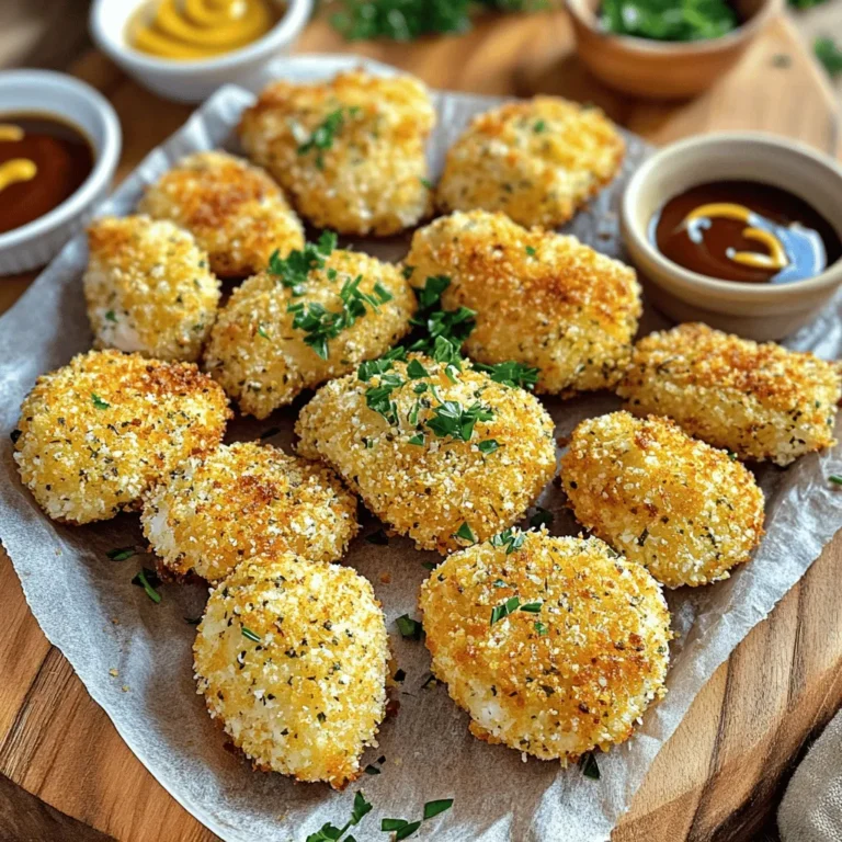 For delicious homemade chicken nuggets, you need these key items: - 1 pound boneless, skinless chicken breasts, cut into bite-sized pieces - 1 cup all-purpose flour - 2 large eggs - 1 cup breadcrumbs (preferably Panko for extra crunch) - 1 teaspoon garlic powder - 1 teaspoon onion powder - 1 teaspoon dried oregano - 1 teaspoon dried thyme - 1 teaspoon paprika - Salt and pepper to taste - Oil for frying (vegetable or canola) These main ingredients create a tasty base. The chicken must be fresh to ensure a good texture. You can add a few optional ingredients to enhance the taste: - 1 tablespoon fresh parsley, chopped (for garnish) By adding fresh parsley, you add color and a hint of freshness. Feel free to experiment with other herbs, like basil or cilantro. Dipping sauces make your nuggets even better! Here are some suggestions: - Honey mustard - BBQ sauce - Ranch dressing - Ketchup These sauces pair well with the crispy chicken. Each adds a unique flavor that makes the meal fun. Try different sauces to find your favorite! For the full recipe, check out the complete instructions to make these tasty bites. Start by cutting 1 pound of boneless, skinless chicken breasts into bite-sized pieces. Place these chicken pieces in a mixing bowl. Add salt, pepper, garlic powder, onion powder, oregano, thyme, and paprika. Mix everything well to coat the chicken evenly. This step is crucial for flavor. Let the chicken marinate in the fridge for at least 30 minutes. This helps the spices soak in. Prepare three shallow bowls. In the first bowl, add 1 cup of all-purpose flour. In the second bowl, crack and whisk 2 large eggs. In the third bowl, combine 1 cup of breadcrumbs with a pinch of salt and pepper. This setup makes breading easy. You will easily coat the chicken pieces in a few steps. Heat a large frying pan over medium-high heat. Add enough oil to cover the bottom, about ¼ inch deep. To check if the oil is ready, drop a small piece of bread into it. If it sizzles and turns brown, you're good. Carefully add a few breaded chicken pieces to the hot oil. Do not overcrowd the pan. Fry each side for about 3-4 minutes until golden brown. Transfer the cooked nuggets to a paper towel-lined plate. This step helps remove extra oil. Repeat the frying process until all the nuggets are cooked. Serve hot with your favorite dipping sauces, and enjoy! For the complete recipe, check out the Full Recipe. To make your chicken nuggets crispy, use Panko breadcrumbs. They add a great crunch. Coat them twice for extra texture. After the first dip, let the chicken rest for a few minutes. This helps the coating stick better. Heat your oil to the right temperature. If it's too cool, the nuggets will absorb oil and become soggy. Frying gives you that classic crunch. It cooks quickly and keeps the chicken juicy. If you want a healthier option, try baking. Preheat your oven to 425°F (220°C). Spread the nuggets on a baking sheet. Lightly spray them with oil to help them crisp up. Bake for about 15-20 minutes, flipping halfway through. Both methods work well, so choose what you prefer. One big mistake is overcrowding the pan. This lowers the oil temperature and makes soggy nuggets. Fry in small batches for the best results. Also, don’t skip marinating the chicken. It adds flavor and makes it tender. Lastly, make sure the oil is hot enough before adding the chicken. A drop of bread should sizzle when the oil is ready. Follow these tips, and you'll have delicious nuggets every time! {{image_2}} You can make baked chicken nuggets for a healthier option. Instead of frying, you bake them. Preheat your oven to 400°F (200°C). After breading your chicken, place the nuggets on a baking sheet lined with parchment paper. Spray them lightly with cooking oil. Bake for 15-20 minutes, flipping halfway, until they are golden and cooked. This method cuts down on oil and calories while keeping the flavor. Want some heat? Add spice to your chicken nuggets. Mix cayenne pepper or chili powder into your seasoning. You can also add chopped jalapeños to the breading. For a spicy dipping sauce, mix sriracha with mayonnaise or yogurt. This gives your nuggets a fun kick that spice lovers will enjoy. If you need gluten-free chicken nuggets, it’s easy! Substitute all-purpose flour with almond flour or gluten-free flour. For breadcrumbs, use gluten-free options or crushed cornflakes. Follow the same steps in the Full Recipe, and you will have tasty gluten-free nuggets. Enjoy the crunch without worrying about gluten. Store leftover chicken nuggets in an airtight container. Let them cool to room temperature first. Place a paper towel at the bottom of the container to absorb moisture. This helps keep the nuggets crispy. You can keep them in the fridge for up to three days. To reheat chicken nuggets, use an oven for the best texture. Preheat your oven to 375°F. Spread the nuggets on a baking sheet. Bake for 10-15 minutes. This method makes them crispy again. You can also use an air fryer. Set it to 375°F and cook for about 5-7 minutes. For freezing, let the cooked nuggets cool completely. Then, place them in a single layer on a baking sheet. Freeze until solid. Once frozen, transfer them to a freezer bag. Squeeze out as much air as possible before sealing. Frozen chicken nuggets can last up to three months. When ready to eat, bake them straight from the freezer. This keeps them crispy and delicious. For the full recipe, check out the earlier sections. Yes, you can use frozen chicken. However, thaw it first. Thawing helps the chicken cook evenly. You can leave it in the fridge overnight or use the microwave. Once thawed, cut it into bite-sized pieces. Follow the recipe just like you would with fresh chicken. To check if the chicken nuggets are done, look for a golden-brown color. They should feel firm to the touch. The best way is to use a meat thermometer. Insert it into the thickest part of a nugget. It should read 165°F (75°C) for safe eating. If you don’t have a thermometer, cut one open. The meat should be white and juicy, not pink. You can serve chicken nuggets with many tasty sides. Here are some ideas: - French fries or sweet potato fries - Fresh veggie sticks like carrots and cucumbers - A side salad with a light dressing - Macaroni and cheese for a fun twist - Dipping sauces like honey mustard or BBQ For more ideas, check out the Full Recipe. Homemade chicken nuggets are easy and fun to make. You learned the main ingredients and some tasty dips. The step-by-step guide showed you how to prepare and fry. I shared tips for crispy nuggets and mistakes to watch for. You also explored great variations, storage tips, and answered common questions. Now you can enjoy homemade nuggets any time. I hope you feel ready to try this delicious recipe yourself!