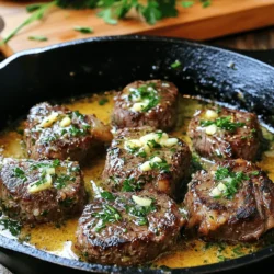 - Steak selection for the best flavor - 1 lb sirloin steak, cut into bite-sized pieces - Other necessary ingredients with measurements - 4 tablespoons unsalted butter - 4 cloves garlic, minced - 1 teaspoon fresh thyme, chopped (or 1/2 teaspoon dried) - 1 teaspoon fresh rosemary, chopped (or 1/2 teaspoon dried) - Salt and pepper to taste - 1 tablespoon olive oil - Optional garnishes and side suggestions - Fresh parsley, chopped for garnish Choosing the right steak is key for this dish. Sirloin works great because it is tender and flavorful. You can also use ribeye for a richer taste. The garlic butter enhances the steak's natural flavor. You need simple but fresh ingredients. The butter adds richness, while garlic brings out savory notes. Thyme and rosemary add a fresh twist. Don't skip the salt and pepper; they boost the flavor. For garnish, fresh parsley brightens the dish. It adds a nice color and fresh taste. You can serve these bites with toothpicks for easy eating or pair them with sides like mashed potatoes or a crisp salad. If you want to explore more, check out the Full Recipe for a complete guide on making garlic butter steak bites. To make garlic butter steak bites, start by seasoning the steak. Use salt and pepper. Make sure to coat every side. This adds great flavor and helps the meat shine. You can use sirloin steak for the best taste. Cut it into bite-sized pieces for easy cooking. When cooking, you have two options: a skillet or a grill. If using a skillet, heat olive oil over medium-high heat. Once hot, add the steak bites in a single layer. Don't overcrowd the pan; you want that nice sear. Cook each side for about 2-3 minutes. If you prefer grilling, preheat your grill and cook the steak until it's brown and cooked to your liking. While the steak rests, it's time to make the garlic butter sauce. In the same skillet, lower the heat to medium and add the butter. Let it melt slowly. Then, add minced garlic, thyme, and rosemary. Stir it for 1-2 minutes. You want the garlic fragrant, not brown. This sauce will coat the steak bites and add a burst of flavor. Now, toss the steak bites back into the skillet. Make sure they are fully coated in the garlic butter sauce. Cook for another minute. This allows the flavors to meld beautifully. For serving, you can use a cast-iron skillet for a rustic look. A wooden cutting board is also great. Add toothpicks or skewers for easy eating. Finally, garnish with fresh parsley for a pop of color. For the full recipe, check the details provided above. Enjoy making this juicy and flavorful dish! To get the best steak bites, you need to know doneness levels. Here’s a quick guide: - Rare: Red center, 125°F (52°C) - Medium: Pink center, 135°F (57°C) - Well-Done: Brown throughout, 160°F (71°C) If you want to try other cooking methods, the oven or air fryer works great. For the oven, set it to 400°F (200°C). Cook for about 8-10 minutes for a nice sear. In an air fryer, cook at 400°F (200°C) for 6-8 minutes, flipping halfway. Want to boost flavor? Marinate your steak bites before cooking. A simple mix of olive oil, soy sauce, and lemon juice works well. Let it soak for at least 30 minutes. You can also use spices and herbs. Try adding paprika for a smoky taste or cayenne for some heat. Fresh herbs like basil or cilantro can add a nice twist too. Pair your garlic butter steak bites with sides like mashed potatoes or a fresh salad. They also go well with crispy fries or garlic bread. For drinks, a nice red wine or a cold beer complements the dish. Serve your steak bites on a wooden board for a rustic look. You can use toothpicks for easy eating, and sprinkle fresh parsley on top for color. For the full recipe, check out the Garlic Butter Steak Bites above. {{image_2}} You can use different cuts of steak to change the flavor. Sirloin is great, but you can try ribeye for juiciness. Flank steak gives a nice chew and is often cheaper. Chuck steak is another budget-friendly choice. It can be tender if cooked right. You can add more flavor to the sauce. Try adding blue cheese or parmesan for a cheesy twist. A balsamic glaze can add sweetness and tang. If you want a vegan option, use olive oil instead of butter. You can mix in some nutritional yeast for a cheesy taste without dairy. Change the recipe with seasonal ingredients. In summer, add cherry tomatoes or fresh corn for sweetness. In fall, roasted pumpkin or butternut squash pairs well with the steak. For holidays, you can add cranberries or a hint of cinnamon for a festive touch. These small changes can make your garlic butter steak bites feel fresh and exciting. To keep your garlic butter steak bites fresh, follow these steps. First, let the steak bites cool to room temperature. This helps avoid steam buildup, which can make them soggy. Next, place the bites in an airtight container. Use a glass or plastic container with a tight lid. This helps lock in moisture and flavor. You can store them in the fridge for up to three days. When reheating, you want to keep the bites juicy. The best way is to use a skillet. Heat the skillet over medium-low heat. Add a little butter or oil to prevent sticking. Place the steak bites in the skillet and cover with a lid. This method keeps the moisture in and warms them evenly. Stir occasionally to ensure they heat through. If you want to bring back the garlic flavor, add a sprinkle of fresh herbs while reheating. Yes, you can freeze garlic butter steak bites! Just follow the same cooling and storing steps. Place them in a freezer-safe bag or container. Make sure to remove as much air as possible. This helps prevent freezer burn. They can last up to three months in the freezer. When you're ready to enjoy them again, thaw the bites in the fridge overnight. To reheat, follow the skillet method mentioned earlier for the best results. You can tell if steak is cooked perfectly by looking for a few signs. First, check the color. For medium-rare, it should be warm red in the center. For medium, the center should be pink. You can also use a meat thermometer. Aim for 130°F for medium-rare and 140°F for medium. Lastly, poke the steak with your finger. If it feels firm yet springy, it's likely done. Yes, you can use frozen steak for this recipe. Just remember to thaw it first. The best way is to place it in the fridge overnight. If you're short on time, you can use cold water. Seal the steak in a bag and submerge it in cold water for about an hour. After thawing, make sure to pat it dry before seasoning. This helps get a nice sear. If you can't use garlic, there are great alternatives. You can use shallots for a mild flavor. Onion powder also works well if you want something simple. For a different twist, try using ginger. It gives a nice kick and pairs well with steak. Adjust the amount based on your taste preference. This guide covers everything you need to make garlic butter steak bites. You learned about selecting the best steak, necessary ingredients, and tasty garnishes. We explored step-by-step cooking methods and how to create a rich sauce. Tips on achieving perfect doneness and flavor enhancements will help you impress guests. Get creative with variations, intelligent storage options, and answers to common questions. Enjoy making these delicious bites and sharing them with friends or family. Happy cooking!