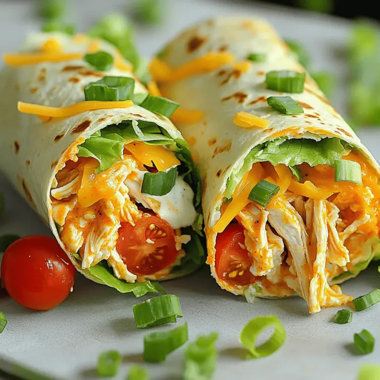 For these wraps, you will need: - 2 cups cooked chicken, shredded - 1/2 cup buffalo sauce - 1/2 cup ranch dressing - 1 cup romaine lettuce, chopped - 1/2 cup cherry tomatoes, halved - 1/4 cup shredded cheddar cheese - 4 large flour tortillas These main ingredients give the wrap its great flavor and texture. The chicken brings protein, while the buffalo sauce adds a spicy kick. The ranch dressing cools it down, making it a balanced dish. You can add a few optional ingredients to make your wraps unique: - 1/4 cup sliced green onions - Avocado slices for creaminess - Black beans for extra fiber - Pickles for a tangy crunch Feel free to mix and match these extras. They can enhance the taste and make your wraps more fun. Each serving of these wraps offers: - Calories: 450 - Protein: 28 grams - Carbohydrates: 40 grams - Fat: 18 grams This meal is a nice choice for lunch or dinner. It gives you energy and keeps you full. For the full recipe, you can check the original source. First, take your cooked chicken and shred it into small pieces. You want it to mix well. In a bowl, combine the shredded chicken with buffalo sauce. Mix until the chicken is fully coated. This will give your wrap that classic spicy flavor. Add salt and pepper to taste. You can adjust the spice level by adding more buffalo sauce or using a milder one. Next, grab a large flour tortilla. Lay it flat on a clean surface. Spoon a good amount of the buffalo chicken mixture in the center. On top of the chicken, add your ranch-dressed salad. You can make this by mixing chopped romaine lettuce, halved cherry tomatoes, and shredded cheddar cheese in a bowl. If you like, sprinkle some sliced green onions on top. This adds a nice crunch. Now, fold in the sides of the tortilla tightly. Roll it up from the bottom to keep all the filling inside. Repeat this process for the other tortillas and filling. If you want your wraps warm, grill them on a skillet over medium heat. Cook for about 2-3 minutes on each side until they turn golden brown. This step gives the wraps a nice crispiness. After grilling, slice the wraps in half diagonally for easy eating. Serve them hot and enjoy your Buffalo Ranch Chicken Wraps! For the full recipe, check out the details above. To make your Buffalo Ranch Chicken Wraps great, focus on fresh ingredients. Use tender, cooked chicken. Shred it finely for easy mixing. Mix the chicken with buffalo sauce to coat it well. This adds bold flavor. Balance the spice with creamy ranch dressing. You want a good mix of flavors. Make sure to chop your lettuce and tomatoes neatly. They should fit well in the wrap. When you assemble the wrap, layer carefully. Don’t overload it. Too much filling makes wrapping hard. Roll tightly but gently to keep everything inside. One common mistake is skipping the seasoning. Always taste your chicken and salad mix. If it needs more flavor, add salt or pepper. Another mistake is using cold tortillas. Warm them slightly before filling. This makes them easier to roll. Also, avoid using dry chicken. If your chicken is dry, the wrap will lack flavor. Lastly, don’t rush the cooking time if you grill the wraps. You want them golden brown for the best taste. Want to kick up the flavor? Try adding sliced jalapeños for heat. You can also mix in some diced avocado for creaminess. If you love garlic, use garlic powder in the chicken mix. Switch up the cheese too! Feta or pepper jack can add a fun twist. Use fresh herbs like cilantro or parsley for a burst of freshness. These small touches can make a big difference in taste. For the full recipe, check out the details above. Enjoy your cooking! {{image_2}} You can easily make a vegetarian version of Buffalo Ranch Chicken Wraps. Instead of chicken, use grilled veggies like peppers, zucchini, and mushrooms. These veggies add great taste and texture. You can also use chickpeas or black beans for protein. Toss them in buffalo sauce for that spicy kick. Mix in ranch dressing with your favorite greens and tomatoes. This way, you keep the flavor while making it meat-free. If you want a gluten-free wrap, choose gluten-free tortillas. Many brands offer tasty options made from rice or corn. For the filling, use shredded rotisserie chicken or grilled chicken breast, just like in the original recipe. You can also use veggies or beans. Ensure the buffalo sauce and ranch dressing are gluten-free as well. Always check the labels for safe eating. Give your Buffalo Ranch Wraps a global twist. Try adding different spices or sauces. For a Mexican flair, add avocado and black beans. Use chipotle sauce instead of buffalo sauce. For an Asian twist, mix in some sliced cucumbers and use sesame dressing. You can even add sriracha for heat. This opens up a world of flavors while keeping the wrap fun and fresh. Explore these variations to make your meal exciting and personalized. Check out the Full Recipe for more details! To keep your Buffalo Ranch Chicken Wraps fresh, wrap them tightly in plastic wrap or foil. Place them in an airtight container. Store the wraps in the fridge for up to three days. If you notice any sogginess, try to eat them sooner. The flavors will stay yummy if stored right. When you are ready to enjoy your leftovers, take them out of the fridge. Unwrap the wraps and place them on a skillet over medium heat. Heat each side for about 2-3 minutes. You can also use a microwave. Cover the wrap with a damp paper towel and heat for 30 seconds. Check if it is warm enough, and heat longer if needed. This way, your wraps will taste fresh again. If you want to keep your wraps longer, freezing is a great option. Wrap each Buffalo Ranch Chicken Wrap tightly in plastic wrap. Then, place them in a freezer bag or airtight container. Make sure to remove as much air as possible. These wraps can last up to three months in the freezer. When you want to eat them, thaw in the fridge overnight. Then, reheat using the skillet method mentioned above for the best taste. The best chicken for Buffalo Ranch Chicken Wraps is cooked and shredded chicken breast. This type has a mild flavor and stays juicy. You can also use rotisserie chicken for a quick option. It saves time and adds great taste. If you like dark meat, use shredded chicken thighs. They add more flavor and richness. Yes, you can make Buffalo Ranch Chicken Wraps ahead of time. Prepare the chicken mixture and the salad separately. Store them in the fridge until you are ready to eat. This way, the wrap stays fresh. When you are ready, just assemble the wraps. You can grill or toast them as needed. You can find Buffalo Ranch Chicken Wraps in many casual dining spots. Look for places that serve American or Tex-Mex food. Menu items might include buffalo chicken wraps or chicken ranch wraps. Some fast-food chains also offer similar options. If you want a unique twist, try local food trucks. They often have creative takes on classic wraps. You learned how to make tasty Buffalo Ranch Chicken Wraps. We covered key ingredients, step-by-step instructions, and helpful tips. You can even customize your wraps with different flavors and styles. Don't forget how to store leftovers for later. This dish is simple and fun to make. Enjoy your wraps, and share them with friends. These wraps can be a hit at any meal or gathering. Keep experimenting and make each wrap your own delicious creation!