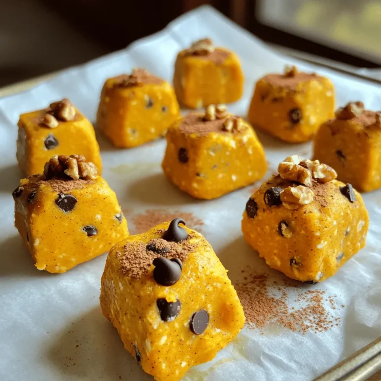 To make Pumpkin Spice Energy Bites, gather these simple ingredients: - 1 cup rolled oats - 1/2 cup pumpkin puree - 1/4 cup almond or peanut butter - 1/4 cup honey or maple syrup - 1 teaspoon pumpkin spice blend - 1/4 teaspoon salt - 1/4 cup ground flaxseeds - Optional: mini dark chocolate chips, chopped walnuts or pecans Each ingredient plays a key role. The oats give a great base, while pumpkin puree adds moisture and flavor. Almond or peanut butter binds everything together and adds protein. Honey or maple syrup sweetens the bites naturally. The pumpkin spice blend is what makes these bites feel like fall. It often includes cinnamon, nutmeg, ginger, and cloves. A pinch of salt balances the sweetness. Ground flaxseeds boost nutrition with healthy fats. Feel free to customize! Adding mini dark chocolate chips or nuts adds a fun crunch and extra taste. You can find the full recipe above for all the details. To start, grab a large mixing bowl. First, put in 1 cup of rolled oats. Next, add 1/2 cup of pumpkin puree. Then, mix in 1/4 cup of almond or peanut butter and 1/4 cup of honey or maple syrup. Now, let’s add flavor! Toss in 1 teaspoon of pumpkin spice blend and 1/4 teaspoon of salt. Finally, add 1/4 cup of ground flaxseeds. Mix everything until well combined. Once it’s mixed, you can form the energy bites. Use your hands or a cookie scoop. Aim for small balls, about 1 to 1.5 inches wide. Chilling is key for the best texture. Once you shape the bites, place them on a parchment-lined baking sheet or plate. Put them in the fridge. Let them chill for at least 30 minutes. This helps them hold their shape. These energy bites make a great snack. A serving size is about 2 bites. You can enjoy them as a quick pick-me-up or a sweet treat. They are perfect for on-the-go energy. Try pairing them with a warm drink or yogurt for a tasty treat. For more ideas, check out the Full Recipe. - Importance of ingredient quality: Use fresh, high-quality ingredients. Good rolled oats and pure pumpkin puree make a big difference. They add rich flavors and a nice texture to your energy bites. - How to achieve the best texture: Balance is key. You want a mix that sticks together but isn’t too wet. If you find it crumbly, add a bit more nut butter. If it feels too sticky, add more oats or flaxseeds. - What to do if the mixture is too wet or dry: If your mixture is too wet, add more oats or ground flaxseeds a little at a time. Mix well after each addition. For a dry mix, try adding a splash of honey or maple syrup. - Adjusting for personal taste preferences: Don’t be shy! Taste the mixture. If you want more spice, add extra pumpkin spice or a pinch of cinnamon. You can also adjust the sweetness by adding more honey or maple syrup. - Adding spices or flavorings: Want to switch it up? Try adding a pinch of nutmeg or a dash of vanilla extract. These can give your bites a nice twist. - Different nut butters and their effects: Almond butter brings a mild flavor, while peanut butter adds richness. Try sunflower seed butter for a nut-free option. Each nut butter gives a different taste and texture, so experiment to find your favorite! {{image_2}} You can easily change some ingredients in pumpkin spice energy bites. For nut butters, try sunflower seed butter or tahini if you're allergic. Both give a nice taste and texture. When it comes to sweeteners, use agave syrup or brown rice syrup. These work well if you want something new. If you need a nut-free option, just skip the nut butter. Use extra pumpkin puree or a seed butter instead. For a dairy-free choice, you can enjoy these bites with coconut oil in place of butter. The energy bites will still taste great! Get creative by adding dried fruits like raisins or cranberries. They add a sweet and chewy bite. Seeds like chia or pumpkin seeds also boost nutrition and crunch. You can mix in different spices too. Try cardamom or allspice for a fun twist. A pinch of cocoa powder can turn these bites into a chocolate treat. Experimenting with flavors makes these snacks even more exciting! Pumpkin spice energy bites aren’t just for fall. You can swap pumpkin puree for mashed bananas during summer. In spring, use mashed sweet potatoes for a fresh flavor. For winter, try adding peppermint extract for a festive touch. Incorporating seasonal ingredients keeps your snacks fun all year. You can enjoy these bites in many ways, making them a go-to snack! To keep your pumpkin spice energy bites fresh, store them in the refrigerator. Place them in an airtight container. This method keeps them tasty for up to a week. Make sure to separate layers with parchment paper if stacking. If you want to save them for later, freezing is a great option. Place energy bites in a single layer on a baking sheet. Freeze them until firm, then transfer to a freezer-safe bag. This way, you can enjoy them for up to three months. Pumpkin spice energy bites stay fresh for about one week in the fridge. If you freeze them, they last up to three months. Always check for signs of spoilage before eating. Look for any off smells or changes in texture. If they feel sticky or look discolored, it's best to toss them. When you're ready to eat frozen energy bites, thaw them in the fridge overnight. This method helps them retain their texture. You can also leave them at room temperature for about 30 minutes. Serve them as a quick snack or a healthy dessert. Pair them with fresh fruit or a dollop of yogurt for added flavor. Enjoy your tasty pumpkin spice energy bites anytime! For the full recipe, check out the detailed instructions in this article. How many calories are in pumpkin spice energy bites? Each energy bite has around 100 calories. Factors like the type of nut butter or sweetener can change this. If you make 15 bites, the total is about 1,500 calories for the batch. Can I make these energy bites ahead of time? Yes! You can make these energy bites ahead of time. They store well in the fridge for up to a week. This makes them a great snack for busy days. Are pumpkin spice energy bites gluten-free? Yes, pumpkin spice energy bites are gluten-free. Just use certified gluten-free oats. Most other ingredients are naturally gluten-free too. What can I use instead of pumpkin puree? If you lack pumpkin puree, applesauce works well. Mashed banana is another good choice. Both add moisture and a hint of sweetness. Can I use protein powder in these energy bites? Yes, adding protein powder is a great idea! It boosts the protein content. Just reduce the amount of oats slightly to keep the right texture. Is it safe to add extra toppings to the bites? Absolutely! You can add toppings like seeds or dried fruits. Just keep the total amount in check to maintain the bite's shape. In this blog post, we explored making delicious pumpkin spice energy bites. We covered the key ingredients, step-by-step instructions, and helpful tips. You learned how to customize flavors and ensure the best texture. Remember, quality ingredients lead to the best results. Feel free to mix and match flavors to find your favorite. With the right storage, these bites can stay fresh for weeks. Enjoy your tasty treats and feel great knowing they are healthy!