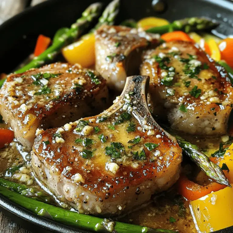 - Pork chops - Garlic - Butter - Fresh herbs (e.g., thyme or rosemary) These main ingredients create the heart of the dish. Pork chops give a juicy base. Garlic adds a strong and savory kick. Butter brings richness and helps with browning. Fresh herbs like thyme or rosemary add a bright, fragrant touch. - Olive oil - Salt and pepper - Optional: lemon juice or zest You need olive oil for cooking and to prevent sticking. Salt and pepper enhance all the flavors. If you want a fresh twist, add lemon juice or zest. It brightens the dish and cuts through the richness. For the full recipe, check the link! To start, season your pork chops. Use salt and pepper for a simple flavor. You can sprinkle both sides well. This step helps bring out the taste. Next, mince your garlic. You want small pieces for even flavor. Chop fresh herbs like thyme or rosemary. These add a nice touch to your dish. Now, heat a pan over medium-high heat. Add a splash of olive oil to the pan. Once hot, place the pork chops in the pan. Sear them for about 4 to 5 minutes on each side. You want a nice golden crust. Check the temperature. Pork should reach 145°F for safe eating. Use a meat thermometer for the best results. In the same pan, melt some butter after removing the pork chops. Add your minced garlic and chopped herbs. Stir them for about a minute until fragrant. This is where the magic happens! Next, return the pork chops to the pan. Spoon the garlic butter over them. Let them cook in the sauce for another 2 to 3 minutes. This step adds rich flavor and keeps the pork juicy. For the full recipe, check the link provided. Enjoy your delicious one pan garlic butter pork chops! To get the best results, choose pork chops that are about 1 inch thick. This thickness helps them cook evenly. If they are too thin, they can dry out. For a nice, golden crust, start by patting the pork chops dry. This step helps get rid of extra moisture. Season them well with salt and pepper. Heat up your pan before adding the chops. Sear each side for about 4 to 5 minutes. Don’t rush this step; a good sear adds flavor. To make your pork chops stand out, you can add spices. Try paprika or garlic powder for a tasty twist. These spices blend well with the garlic butter sauce. If you like a bit of heat, sprinkle some chili flakes on top. Start with a small amount. You can always add more if you want extra spice. This kick makes the dish exciting and full of flavor. For the full recipe, check the details above. {{image_2}} You can cook garlic butter pork chops in different ways. An oven-baked version is simple and tasty. Preheat your oven to 400°F. Season the chops and place them in a baking dish. Pour the garlic butter over them. Bake for about 20-25 minutes. This method keeps the pork juicy and lets the flavors seep in. You can also try grilled garlic butter pork chops. Heat your grill to medium-high. Season the chops well. Grill each side for about 5-7 minutes. Brush them with garlic butter while they cook. This gives the pork a nice smoky flavor. Feel free to switch up the meat in this recipe. Chicken or turkey chops work great. You can use boneless or bone-in cuts. They will still soak up that garlic butter flavor well. If you want a dairy-free option for the garlic butter, use olive oil instead of butter. You can also try coconut oil. Add minced garlic and herbs to the oil. This keeps the dish rich and flavorful without dairy. For the full recipe, check [Full Recipe]. To store your leftover pork chops, place them in an airtight container. This keeps them fresh and safe. You can store them in the fridge for up to three days. Before reheating, check for any signs of spoilage. If they look good, you can enjoy them again. If you want to keep your pork chops longer, freezing is a great option. Wrap each chop in plastic wrap. Then, place them in a freezer bag. This helps prevent freezer burn. You can freeze them for up to three months. To reheat without drying out, thaw the chops in the fridge overnight. When you're ready to eat, warm them in a pan on low heat. Add a little butter or broth to keep them moist. This way, you’ll have juicy pork chops that taste fresh. For the complete recipe, check the Full Recipe section. It usually takes about 6 to 8 minutes per side to cook pork chops. This time depends on their thickness. For best results, use a meat thermometer. Pork should reach an internal temperature of 145°F. This method ensures juicy and tender chops. Cooking time varies if you use a different heat source. For example, grilling or baking may take longer. Always check doneness to avoid overcooking. You can use frozen pork chops, but it’s best to thaw them first. Thawing helps them cook evenly. You can thaw them overnight in the fridge. If you're in a hurry, use the defrost setting on your microwave. Cooking frozen chops directly may lead to uneven cooking. This can result in dry edges and a raw center. Thawing is the best way to ensure tasty results. Many sides work well with garlic butter pork chops. Here are a few tasty options: - Mashed potatoes - Steamed broccoli - Roasted carrots - Simple green salad These sides add color and flavor to your meal. Pairing them with garlic butter pork chops creates a delicious dinner. For more ideas, check out the Full Recipe to inspire your meal planning! In this post, we explored the key ingredients, cooking methods, and helpful tips for garlic butter pork chops. You learned how to season and cook the pork for a golden crust. We also discussed storage and variations, helping you get creative in the kitchen. Perfecting this dish brings rich flavors to your meals. Enjoy experimenting with ingredients and methods to make it your own! Cooking should be fun, so dive in and savor every bite.